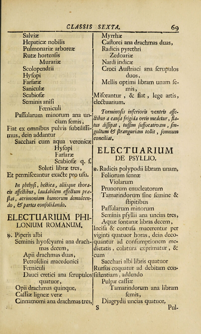 Salvias Hepaticas nobilis Pulmonarias arboreae Rutae hortenfis Murari ae Scolopendrii Hyfopi Farfarae Saniculae Scabiolae Seminis anifi Foeniculi Pallularum minorum ana un¬ ciam lemis, Fiat ex omnibus pulvis fubtililfi- pius, dein addantur Sacchari cum aqua veronicae Hyfopi * Farfarae Scabiolae q. f. Soluti librae tres, Et permifceantur exadte pro ulii. In pbtbyfi, heftica, aliisque thora¬ cis affeSibus, laudabilem effeBum pr<e- fiat, acrimoniam bumorum demulcenA do, & partes confolidando. ELECTUARIUM PH1- LONIUM ROMANUM. Piperis albi Seminis hyofcyami ana drach¬ mas decem, Apii drachmas duas j I Petrofelini macedonici Fceniculi Dauci cretici ana fcrupulos quatuor, Opii drachmas quinque* Galliae lignex verae Cinnamomi ana drachmas tres, Myrrhae Caftorei ana drachmas duas. Radicis pyrethri Zedoariae Nardi indicae Croci Aufiriaci ana fcrupulos duos, Mellis optimi libram unam le¬ mis, Mifeeantur , & fiat, lege artis, eledtuarium. Torminofis inferioris ventris affe- Sibus a caufa frigida ortis medetur, fla¬ tus dijjipat, tujflm fuffocativam , fin- gultum & (iranguriam tollit, fomnuxn conciliat. ELECTUARIUM DE PSYLLIO. Radicis polypodii libram unam. Foliorum fennae Violarum Prunorum enucleatorum Tamarindorum fine femine & ftipitibus pallularum minorum Seminis pfyllii ana uncias tres, Aquae fontanae libras decem, Incifa & contufa macerentur per viginti quatuor horas, dein deco¬ quantur ad confumptionem me¬ dietatis , colatura exprimatur, &: cum Sacchari albi libris quatuor Rurliis coquatur ad debitam coi> fidentiam, addendo Pulpae calliae Tamarindorum ana libram lemis, Diagrydii uncias quatuor, s Pui-