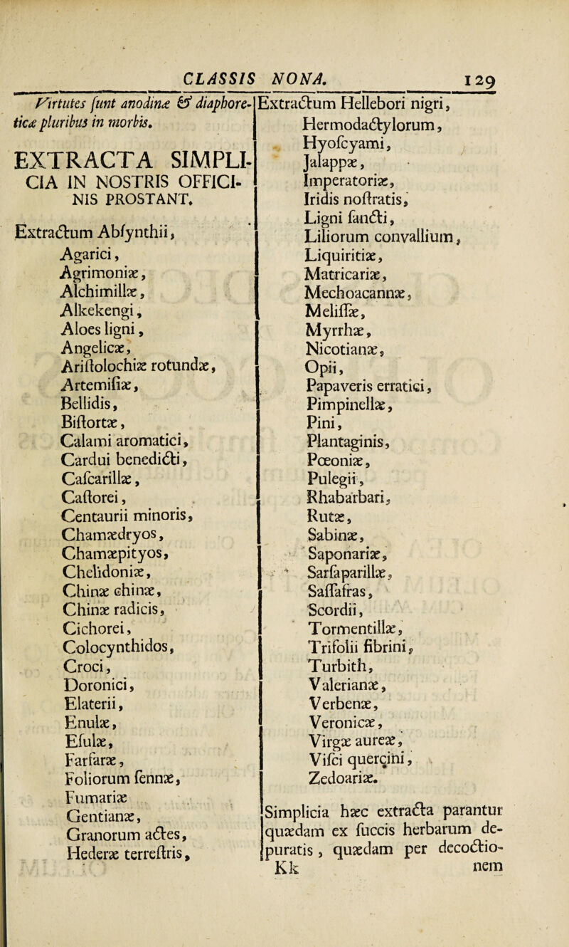 Virtutes funt anodin* ^ diaphore¬ tica pluribus in morbis. EXTRACTA SIMPLI¬ CIA IN NOSTRIS OFFICI¬ NIS PROSTANT Extradtum Abfynthii, Agarici, Agrimoniae, Alchimillx, Alkekengi, Aloes ligni, Angelicae, Ariflolochix rotundae, Artemifiae, Bellidis, Biflortx, Calami aromatici, Cardui benedidti, Cafcarillae, Caftorei, Centaurii minoris, Chamxdryos, Chamxpityos, Chelidoniae, Chinx chinx, Chinx radicis. Cichorei, Colocynthidos, Croci, Doronici, Elaterii, Enuiae, Efulx, Farfarx, Foliorum fennx, Fumarix Gentianx, Granorum a&es, Hederae terreftris, Extraftum Hellebori nigri, Hermodaftylorum, Hyofcyami, Jalappx, Imperatorix, Iridis noftratis, Ligni fandti, Liliorum convallium, Liquiritix, Matricarix, Mechoacannx, Meliflx, Myrrhx, Nicotianx, Opii, Papaveris erratici, Pimpinellx, Pini, Plantaginis, Pceonix, Pulegii, Rhabarbari, Rutx, Sabinx, Saponarix, - * Sarfaparillx, Saflafras, Scordii, Tormentillx, Trifolii fibrini, Turbith, V alerianx, Verbenx, Veroni cx, Virgx aurex, Vifci quercini, Zedoarix. Simplicia hxc extra&a parantur Jquxdam ex fuccis herbarum de¬ puratis , quxdam per decoftio- Kk nem