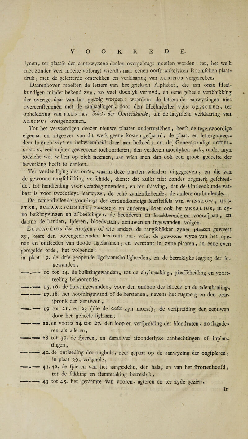 lynen, ter plaatfe der aantewyzene deelen overgebragt moefben worden : iet, het welk niet zonder veel moeite vólbragt wierdt, naar eenen oorlpronkelyken Roomfchen plaat¬ druk, met de geletterde omtrekken en verklaaring van albinus vergeleeken. Daarenboven moeiten de letters van het grieksch Alphabet, die aan onze Heel¬ kundigen minder bekend zyn, zo veel doenlyk vermyd, en eene geheele verfchikking der overige daar van het gevolg worden : waardoor de letters der aanwyzingen niet overeenltemmen met de aanhaalingen, door den Heelmeelter van g^sscher, ter opheldering van plencks Schets der Ontleedkunde, uit de latynfche verklaaring van albinus overgenoomen* • Tot het vervaardigen deezer nieuwe plaaten ondertusfehen, heeft de tegenwoordige eigenaar en uitgeever van dit werk geene kosten gefpaard; de plaat- en lettergraveer- ders hunnen vlyt en bekwaamheid daar aan belleed ; en de Geneeskundige schel¬ ling s, een mijner geweezene toehoorderen, den verderen moeilyken taak, onder myn toezicht wel willen op zich neemen, aan wien men dan ook een groot gedeelte der bewerking heeft te danken. Ter verdeediging der orde, waarin deze plaaten wierden uitgegeeven , en die van de gewoone rangfehikking verfchilde, dient: dat zulks niet zonder oogmerk gefchied- de, tot handleiding voor eerstbegïnnenden, en ter ftaaving, dat de Ontleedkunde vat¬ baar is voor tweëerleye leerwyze, de eene zamenllellende, de andere ontbindende. De zamenllellende voordragt der ontleedkundige leerltelfels van winslow , hei¬ ster, schaarschmidt, plrïjck en anderen, doet ook by vesalius, in zy- ne befchryvingen en afbeeldingen, de beenderen en kraakbeenderen voorafgaan, en daarna de banden, fpieren, bloedvaten, zenuwen en ingewanden volgen. Eustachius daarentegen, of wie anders de rangfehikker zyner plaacen geweest zy, keert den bovengenoemden leertrant om, volgt de gewoone wyze van het ope¬ nen en ontleeden van doode ligchaamen, en vertoont in zyne plaaten, in eene even geregelde orde, het volgende: in plaat 9. de drie geopende ligchaamsholligheeden, en de betreklyke legging der in¬ gewanden , -- 10 tot 14. de buiksingewanden, tot de chylmaaking, pisaffeheiding en voort- teeling behoorende, - 15, 1(5» de borstingewanden, voor den omloop des bloeds en de ademhaaling, - 17.18. het hoofdingewand of de hersfenen, nevens het rugmerg en den ooir- fpronk der zenuwen, - 19 tot 21, en 23 (die de 22Üe zyn moest), de verfpreiding der zenuwen door het geheele lighaam, • 22. en voorts 24 tot 27. den loop en verfpreïding der bloedvaten, zo llagade» ren als aderen, - 28 tot 39. de fpieren, en derzelver afzonderlyke aanhechtingen of inplan¬ tingen , - 40. de ontleeding des oogbols, zeer gepast op de aanwyzing der oogfpieren, in plaat 39, volgende, - 41.42. de fpieren van het aangezicht, den hals, en van het llrottenhoofd, tot de flikking en ftemmaaking betreklyk, * 43 tot 45. het geraamte van vooren, agteren en ter zyde gezien.