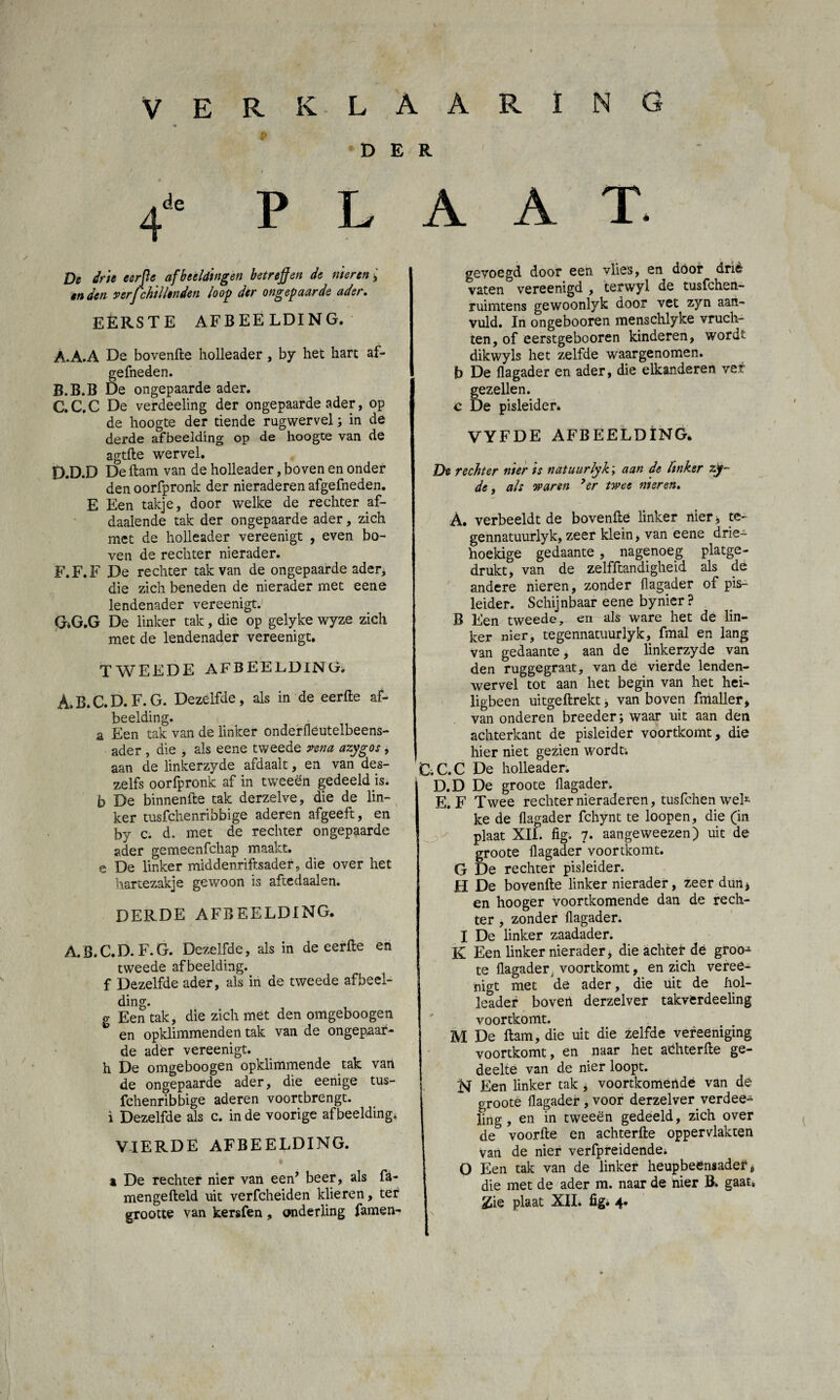 % DER 4de PLAAT. De drie eerfte afbeeldingen betreffen de nieren, enden verfchillenden loop der ongepaarde ader. EERSTE AFBEELDING. A. A.A De bovenfte holleader, by het hart af- gefneden. B. B.B De ongepaarde ader. C. C.C De verdeeling der ongepaarde ader, op de hoogte der tiende rugwervel > in de derde afbeelding op de hoogte van de agtfte wervel. D. D.D De ftam van de holleader, boven en onder den oorfpronk der nieraderen afgefneden. E Een takje, door welke de rechter af- daalende tak der ongepaarde ader, zich met de holleader vereenigt , even bo¬ ven de rechter nierader. F. F. F De rechter tak van de ongepaarde ader, die zich beneden de nierader met eene lendenader vereenigt. G*G.G De linker tak, die op gelyke wyze zich met de lendenader vereenigt. TWEEDE AFBEELDING. DERDE AFBEELDING. A.B.C.D. F.G. Dezelfde, als in de eerfte en tweede afbeelding. f Dezelfde ader, als in de tweede afbeel¬ ding. o- Een tak, die zich met den omgeboogen ^ en opklimmenden tak van de ongepaar¬ de ader vereenigt. h De omgeboogen opklimmende tak van de ongepaarde ader, die eenige tus- fchenribbige aderen voortbrengt. i Dezelfde als c. in de voorige afbeelding, VIERDE AFBEELDING. a De rechter nier van een’ beer, als fa- mengefteld uit verfcheiden klieren, ter grootte van kersfen, onderling famen- gevoegd door een vlies, en döor drié vaten vereenigd , terwyl de tusfchen- ruimtens gewoonlyk door vet zyn aan- vuld. In ongebooren menschlyke vruch¬ ten, of eerstgebooren kinderen, word- dikwyls het zelfde waargenomen. b De flagader en ader, die elkanderen ver gezellen. c De pisleider. VYFDE AFBEELDING. De rechter nier is natuurlyk; aan de linker zy~ de, als waren *er twee nieren. A. verbeeldt de bovenfte linker nier, te- gennatuurlyk, zeer klein, van eene drie¬ hoekige gedaante , nagenoeg platge¬ drukt, van de zelfftandigheid als de andere nieren, zonder flagader of pis¬ leider. Schijnbaar eene by nier? B Een tweede, en als ware het de lin¬ ker nier, te gennatuurlyk, fmal en lang van gedaante, aan de linkerzyde van den ruggegraat, van de vierde lenden¬ wervel tot aan het begin van het hei¬ ligbeen uitgeftrekt, van boven fmaller, van onderen breeder; waar uit aan den achterkant de pisleider voortkomt, die hier niet gezien wordt; C.C.C De holleader. D. D De groote flagader. E. F Twee rechter nieraderen, tusfchen weF ke de flagader fchynt te loopen, die (in plaat XII. fig. 7. aangeweezen) uit de groote flagader voortkomt. G De rechter pisleider. H De bovenfte linker nierader, zeer dun * en hooger voortkomende dan de rech¬ ter , zonder flagader. I De linker zaadader. K Een linker nierader, die achtei* dë groo-* te flagaderJ voortkomt, en zich veree¬ nigt met de ader, die uit de fiol- leadef boven derzelver takverdeeling voortkomt. M De ftam, die uit die zelfde vereeniging voortkomt, en naar het aditerfte ge¬ deelte van de nier loopt. N Een linker tak, voortkomende van de groote flagader , voor derzelver verdee¬ ling , en in tweeën gedeeld, zich over de voorfte en aditerfte oppervlakten van de nier verfpreidende; O Een tak van de linker heupbeénsader „ die met de ader m. naar de nier B. gaat» Zie plaat XII. fig. 4* A.B.C. D. F. G. Dezelfde, als in de eerfte af¬ beelding. ,. . • a Een tak van de linker onderflëutelbeens- ader , die , als eene tweede vena azygos, aan de linkerzyde afdaalt, en van des¬ ze lfs oorfpronk af in tweeën gedeeld is. b De binnenfte tak derzelve, die de lin¬ ker tusfchenribbige aderen afgeeft, en by c. d. met de rechter ongepaarde ader gemeenfchap maakt, e De linker middenriftsader, die over het hartezakje gewoon is aftedaalen.