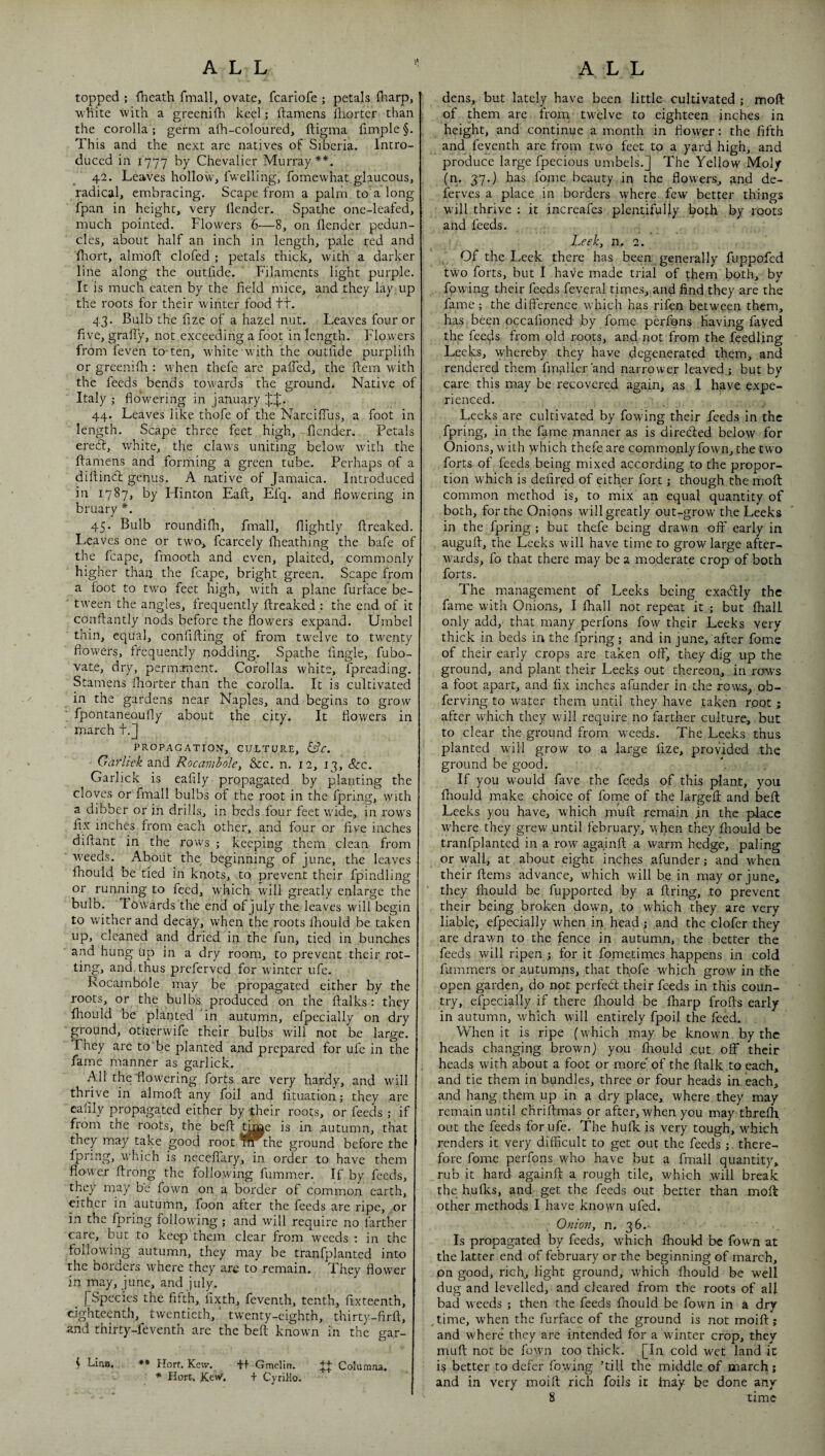 topped ; {heath fmall, ovate, fcariofe ; petals fharp, ■white with a greenifh keel; ftamens Ihorter than the corolla ; germ afh-coloured, ftigma iimple §. This and the next are natives of Siberia. Intro¬ duced in 1777 by Chevalier Murray**. 42. Leaves hollow, {welling, fomewhat glaucous, radical, embracing. Scape from a palm to a long fpan in height, very llendcr. Spathe one-leafed, much pointed. Flowers 6—8, on flender pedun¬ cles, about half an inch in length, pale red and fliort, almoft clofed ; petals thick, with a darker line along the outlide. Filaments light purple. It is much eaten by the field mice, and they lay up the roots for their winter food tt. 43. Bulb the iize of a hazel nut. Leaves four or five, gralTy, not exceeding a foot in length. Flowers from feven to-ten, white with the outlide purplilh or greenifh : when thefe are paffed, the ftem with the feeds bends towards the ground. Native o' Italy ; flowering in January 44. Leaves like thofe of the NarcifTus, a foot in length. Scape three feet high, flender. Petals ered, white, the claws uniting below with the {famens and forming a green tube. Perhaps of a diftinCl genus. A native of Jamaica. Introducec in 1787, by Hinton Eafl:, Efq. and flowering in bruary *. 45. Bulb roundifh, fmall, flightly flreaked. Leaves one or two,, fcarcely fheathing the bafe of the fcape, frnooth and even, plaited, commonly higher than the fcape, bright green. Scape from a foot to two feet high, with a plane furface be- ' tween the angles, frequently ftreaked : the end of it conftantly nods before the flowers expand. Umbel thin, equal, conflfting of from tw^elve to twenty flowers, frequently nodding. Spathe Angle, fubo- vate, dry, permanent. Corollas white, fpreading. Stamens fhorter than the corolla. It is cultivated in the gardens near Naples, and begins to grow fpontaneoufly about the city. It flowers in ■ march t.J PROPAGATION, CULTURE, &C. Garhck and Rocamhohy &c. n. 12, 13, &:c. Garlick is eafliy propagated by planting the cloves or fmall bulbs of the root in the fpring, with a dibber or in drills, in beds four feet wide, in rows Ax inches from each other, and four or Ave inches diAant in the rows ; keeping them clean from weeds. About the beginning of June, the leaves fhould be tied in knots, to prevent their fpindling or running to feed, which will greatly enlarge the bulb. Towards the end of july the leaves will begin to wither and decay, when the roots Aiould be taken up, cleaned and dried in the fun, tied in bunches and hung up in a dry room, to prevent their rot¬ ting, and thus preferved for winter ufe. Rocambole may be propagated either by the roots, or the bulbs produced on the Aalks: they Aiould be planted in autumn, efpecially on dry ground, otUerwife their bulbs will not be large. They arc to be planted and prepared for ufe in the fame manner as garlick. All the: flowering forts are very hardy, and will thrive in almoA any foil and Atuation; they are caAly propagated either by their roots, or feeds ; if from the roots, the beA Ljpe is in .autumn, that they may take good root the ground before the fpnng, which is neceflary, in order to have them flower Arong the following fummer. If by feeds, they may be fown on a border of common earth, either in autumn, foon after the feeds are ripe, or in the fpring following; and will require no farther care, but to keep them clear from weeds : in the following autumn, they may be tranfplanted into the borders where they are to remain. They flower in may, June, and July. _ [Species the fifth, Axth, feventh, tenth, Axteenth, eighteenth, twentieth,' twenty-eighth, thirty-firA, and thirty-feventh are the beA known in the ga.r- { Linn. ♦* Hort. Kew. +-f Gmelin. Columna, * Hort, KeW, + Cyrillo. dens, but lately have been little cultivated ; moA of them are from twelve to eighteen inches in height, and continue a month in flower: the flfth and feventh are from two feet to a yard high, and produce large fpccious umbels.] The Yellow Moly (ri. 37.) has fome beauty in the flowers, and de- ferves a place in borders where few better things will thrive ; it increafes plentifully both by roots and feeds. Leeky n. 2. Of the Leek there has been generally fuppofed two forts, but I ha-ve made trial of them both, by flowing their feeds feveral times, and And they are the fame ; the diflerence which has rifen between them, has been occaAoned by fome perfpns Having faved the feeds from old roots, and not from the feedling Leeks, whereby they have degenerated them, and rendered them finaller'and narrower leaved ; but by care this may be recovered again, as I have expe¬ rienced. Leeks are cultivated by fowung their feeds in the fpring, in the fame manner as is diredied below for Onions, with which thefe are commonly fown, the two forts of feeds being mixed according to the propor¬ tion which is deAred of either fort; though the moA common method is, to mix an equal quantity of both, for the Onions will greatly out-grow^ the Leeks in the fpring ; but thefe being drawn oA' early in auguA, the Leeks will have time to grow large after¬ wards, fo that there may be a moderate crop of both forts. The management of Leeks being exadtly the fame with Onions, I Aiall not repeat it ; but fhall only add,' that many perfons flow their Leeks very thick in beds in the fpring; and in june, after fome of their early crops are taken off, they dig up the ground, and plant their Leeks out thereon, in rows a foot apart, and Ax inches afunder in the row.s, ob- ferving to water them until they have taken root; after which they will require no farther culture, but to clear the ground from -weeds. The Leeks thus planted will grow to a large Aze, provided the ground be good. If you would fave the feeds of this plant, you fhould make choice of fome of the largeA and beA Leeks you have, which muA remain in the place where they grew until february, when they Aiould be tranfplanted in a row againA a warm hedge, paling or wall, at about eight inches afunder; and w'hen their Aems advance, which will be in may or june, they Aiould be fupported by a Aring, to prevent their being broken down, to which they are very liable, efpecially when in head ; and the clofer they are drawn to the fence in autumn, the better the feeds will ripen ; for it fometimes happens in cold fummers or autumns, that thofe which grow in the open garden, do not perfed their feeds in this coun¬ try, efpecially if there Aiould be {harp froAs early in autumn, which will entirely fpoil the feed. When it is ripe (wEich may be known by the heads changing brown) you fhould cut off their heads wdth about a foot or more of the Aalk to each, and tie them in bundles, three or four heads in each, and hang them up in a dry place, where they may remain until chriAmas or after, when you may threfh out the feeds for ufe. The hufk is very tough, which renders it very difficult to get out the feeds ; there¬ fore fome perfons who have but a fmall quantity, rub it hard againA a rough tile, which will break the hufks, and get the feeds out better than moA other methods I have known ufed. Oniony n, 36.- Is propagated by feeds, which Aiould be fbwm at the latter end of february or the beginning of march, on good, rich, light ground, which Aiould be well dug and levelled, and cleared from the roots of all bad weeds ; then the feeds ihould be fown in a dry time, when the furface of the ground is not moiA; and where they are intended for a winter crop, they muA not be fowui too thick. [In cold wet land it is better to defer lowing ’till the middle of march; and in very moiA rich foils it fnay be done any 8 time
