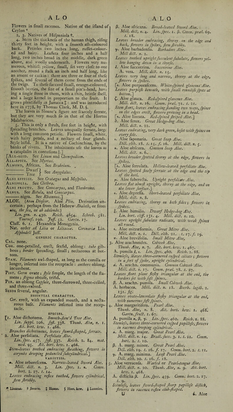 Flowers in fmall racemes. Native of the ifland of Ceylon * 2, 3. Natives of Hifpaniolat. 4. Stem the thicknefs of the human thigh, riling thirty feet in height, with a fmooth afli-coloured bark. Petioles two inches long, ruifet-colour- ed and hairy. Leaflets four inches and a half long, two inches broad in the middle, dark green above, and woolly underneath. Flowers very nu¬ merous, whitifli yellow, fmall, fet very clofc to one another, round a (talk an inch and half long, like an ament or catkin : there are three or four of thefe fpikes, and feveral of them come from the ends of the twigs. To thefe fucceed fmall, orange-coloured, fmooth berries, the fize of a fmall pin’s-head, hav¬ ing a Angle Aone in them, with a thin, brittle fhell, and a large kernel in proportion to the Fruit. It grows plentifully m Jamaica [ji : and'was introduced here in 1778, by Thomas Clark, M. D. §, The leaves in Sloane’s figure are fcarcely ferrate, but they are very much fo in that of the Hortus Malabaricus. 5. This is only a fhrub, five feet in height, with fpreading branches. Leaves unequally ferrate, large with a long common petiole. Flowers fmall, white, with hairy petals, and a neeflary of four glands. Style bifid. It is a native of Cochinchina, by the banks of rivers. The inhabitants ufe the leaves as a cataplafm in contufions |j.] [Al L-sEED. See Linum and Chenopodium. All-spice. See Myrtus. A LMOND, African. See Braheium. _ Tree^^} Amygdalus. Alni effigie. See Crataegus and Mefpilus. A LNI FOLIA. See Clethra. Alni fructu. See Conocarpus, and Theohroma'. Alnus. See Betula, and Conocarpus. ■-nigra. See Rhamnusd] ALOE. (Aao»i Diojeor. Aloe Plnii. Derivation un¬ certain ; perhaps from the Flebrew Ahaloth, or from ftAf, the Jea, or ab adolendo:) Lin. gen, z?. 430. Reich. 4654. Schreh. 581. Lournef. 190. Juff. 52. Gaertn. 17. Claff. 6. I. Hexandria Monogynia. Nat. order .of Lilia or Liliacea. Coronaries Lin. Afphodeli Juff. GENERIC CHARACTER. Cal. none. ■ Cor. one-petalled, eredl, fexfid, oblong: tube gib¬ bous ; border fpreading, fmall; nedareous a:t bot¬ tom. St AM. Filaments awl-fhaped, as long as the corolla or longer, inferred into the receptacle : anthers oblong, incumbent. PisT. Germ ovate; Ample, the length of the Aa- mens ; jligma obtufe, trifid. Per. an oblong Capfule, three-furrowed, three-celled, and three-valved. Seeds feveral, angular. essential CHARACTER. Cor. ered, with an expanded mouth, and a neda¬ reous bafe. Filaments inferred into the recep¬ tacle. species. ^i. Aloe dichotoma. Smooth-Jlem'd Free Aloe. Lin. JuppL 206. fyji. 338. Fhunb. Aloe, n. i. Ait. hort. kew. i. 466. Branches dichotomous, leaves fmerd-Jhaped, ferrate. 2. Aloe perfoliata. Perfoliate Aloe. Lin.fpec. 457. fyjl. 337. Reich. 2. 84. mat. med. 95. Ait. hort. kew. i. 466. Stem-leaves toothed embracing fheathing, flowers in corymbs drooping peduncled fubcylindrical.~\ varieties. 4». Aloe arborefeena. Narrozv-leaved Sword Aloe. Mill. diSt. n. 3. Lin. fpec. i. n. Comm, hort. 2. 27. t. 14. Leaves embracing reflex toothed, flowers cylindrical, flern fhrubby. ^ linneu**' f Swartz. J Sloane. § Hort, kew. j| Loureiro. p. Aloe africana. Broad-leaved Szvord Aloe. Mill. diet. 11. 4. Lin.fpec. i. (3. Comm. prM. 69. 18. Leaves broader embracing, , thorny on the edge and back, flowers in fpikes, flem florubhy. y. Aloe barbadenfis. Barbadoes Aloe. Mill diSt. n. 2. Leaves toothed uprightfiicculent fubulate, flozversyel¬ low hanging dozvn in a thyrfe. L Aloe fuccotrina. Succotrine Aloe. A. vera. Mill. didl. n. 15. Leaves very long and narrozv, thorny at the edge, flowers in fpikes. [f. Aloe purpurafeens. White-fpined glaucous Aloe. Leaves purpliflj beneath, with fmall rohndijh fpots at bottom.~\ Aloe glauca. Red-fpinedglaucous Aloe. Mill. diSl. n. 16. Comm, pr^el. 71. 21. / Stem Jhort, leaves embracing flanding two ways, fpines on the edges ereSl, flozvers growing in a head. f^»j. Aloe lineata. Red-fpined flriped Aloe.~\ •&. Aloe ferox. Great Hedge-hog Aloe. Mill. didl. n. 22. Leaves embracing, very dark green, befet zvith fpines on every fide. ». Aloe faponaria. Great Soap Aloe. Dill. elth. 18. t. 15. /. 16. Mill. didl. n. 5. X. Aloe obfeura. Common Soap Aloe. Mill. diSt. n. 6. Leaves broader fpotted thorny at the edge, flowers in fpikes. [a. Aloe ferrulata. Hollow-leaved perfoliate Aloe. Leaves fpotted finely ferrate at the edge and the tip of the keel. p,. Aloe fubereda. Upright perfoliate Aloe. Leaves flat ahnoft upright, thorny at the edge, and on the lower furface.~\ , V. A.loe deprefia. Short-leaved perfoliate Aloe. Mill. dift. n. Leaves embracing, thorny on both fides; flowers in , fpikes. . - , - . Aloe humilis. Dwarf Hedge-hog Aloe. Lin. hort. cliff. 131. 4. Mill. diet. n. 10. Leaves upright fubulate radicate, with weak fpineS all round. , 0. Aloe mitraeformis., Great Mitre Aloe. Mill. did}, n. i. Dill. elth. 21. ,t. \^.f. 19. TT. Aloe brevifolia. Small Mitre Aloe. 3. Aloe arachnoides. Cobweb Aloe, Fhunb. Aloe, n. 7. Ait. hort. kew. i. 467. A. pumila tl, £. Lin. fpec. yGo. Reich. 2.'i'i. St'emlefs, leaves three-cornered cufped c Hi at e i flowers in a fort of fpike, upright cylindrical, d. A. arachn. communis. Common Cobweb Aloe. Mill. didl. li. 17. Comm. pral. 78. t. 27. Leaves fbort plane flejhy triangular at the end, the . borders fet with foft fpines,. (3. A. arachn. pumila. Sjnall Cobweb Aloe. A. herbacea. Mill. did}, n. 18. Boerh. lugdb. 2* 131- fig- Leaves ovate-ldnceolate flejhy triangular at the end, zvith numerous foft fpines. 4. Aloe margaritifera. Pearl Aloe.^ Fhunb. Aloe, n. 8. _ Ait. hort, kew'. i. 468i Gartn. frud}. r* 67. A. pumila a, (3, y. Lin.fpec. 460. Reich. 2. 88. Stemlefs, leaves three-cornered cufped papillofe, flowers in racemes drooping cylindrical. . a. A. marg. major. Great Pearl Aloe. Mill. did}, n. 14. Bradl.fucc. 3. i. t. 21. Comm, hort. 2. t. \o. , |3. A. marg. minor. Great Pearl Aloe. Dill. elth. 19. t. i(>. f. 17. Comm. hort. 2. t.ii, y, A. marg. minima. I^aft Pearl Aloe. Dill. elth. 20. /. 16. /. I 8. 5. Aloe verrucofa. Warted or Pearl-tongue Aloe. Mill. did}, n. 20. Fhmtb. Aloe, n. 9. Ait. hort. kew. I. 468. A. difticha j3. Lin.fpec. 459. Comm. hort. 2. 17, t. 9. Stemlefs, leaves fword-floaped fharp papillofe diflich, flowers in racemes, reflex club-Jhaped. U Aloe
