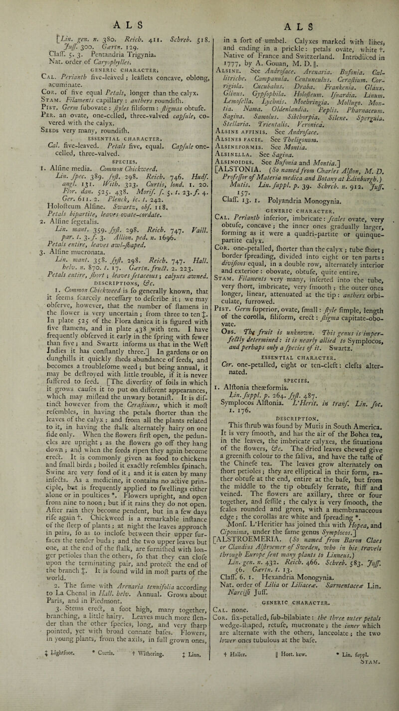 \_IJn. gen. n. 380. Reich. 411. Schreh. 518. JiilT’ 300. Giertn. 129. ClafT. 5. 3. Pentandria Trigyniai Nat. order of Caryophyllei-. GENERIC CHARACTER; Cal, Perianth five-leaved; leafiets concave, oblong, acuminate. Cor. ot five equal Pc/ii/j, longer than the calyx; Stam. Filaments capillary : anthers roundifii. PisT. Germ fubovate : ftyles filiform : Jiigmas obtufe. Per. an ovate, one-celled, three-valved cayfule^ co¬ vered with the calyx. Seeds very many, roundifh. . essential character. Cal. five-leaved. Petals five, equal. Capfule one- celled, three-valved. species. 1. Alfine media. Common ChicFooeed. Lin. Jpec. 389. Jyft. 298. Reich. 746. KudJ. angl. 131. With. 323. Curtis^ lond^ I. 20. Flor. dan. 525. 438. Mori/, f. t. 23./. 4. Ger. 6ri. 2. Plenck, ic. t. 242. Holofteum Alfine. Swartz, obj. ii8« Petals bipartite, leaves ovate-cordate. 2. Alfine fegetalis. Lin. mant. fyjl. 298. Reich. 747. Vaill. par. t. 3. f. 3. Allion. ped. n. 1696. Petals entire, leaves awl-Jhaped. 3. Alfine mucronata. Lin. mant. 358. JyJl. 298. Reich. 747. Hall, helv. n. 870. t. 17. Gcertn. fruSl. 2. 223. Petals entire, Jhort; leaves fetaceous •, calyxes awned. DESCRIPTIONS, &C. 1. Common Chickweed is fo generally known, that it feems fcarcely neceffary to deferibe it; we may obferve, however, that the number of ftamens in the flower is very uncertain; from three to teniji. In plate 525 of the Flora danica it is figured with five ftamens, and in plate 438 with ten. I have frequently obferved it early in the fpring with fewer than five ; and Swartz informs us that in the Weft Indies it has conftantly three.'] In gardens or on clunghills it quickly (beds abundance of feeds, and becomes a troublefome weed ; but being annual, it may be deftroyed with little trouble, if it is never fuftered to feed. [The diverfity of foils in which it grows caufes it to put on different appearances, which may miflead the unwary botanift. It is dif- tinefl; however from the Cerajiiums, which it moft refembles, in having the petals fhorter than the leaves of the calyx ; and from all the plants related to it, in having the ftalk alternately hairy on one fide only. When the flowers firft open, the pedun¬ cles are upright; as the flowers go off they hang down ; and when the feeds ripen they again become eredl. It is commonly given as food to chickens and fmall birds; boiled it exadtly refembles fpinach. Swine are very fond of it; and’it is eaten by many infeds. As a medicine, it contains no adlive prin¬ ciple, but is frequently applied to fwellings either alone or in poultices *. Flowers upright, and open from nine to noon ; but if it rains they do not open. After rain they become pendent, but in a few days rife again t. Chickw’eed is a remarkable inftance ol the fleep of plants ; at night the leaves approach in pairs, fo as to inclofe between their upper fur- faces the tender buds ; and the two upper leaves but one, at the end of the ftalk, are furniftied with lon¬ ger petioles than the others, fo that they can clofe upon the terminating pair, and protedl the end of the branch It is found wild in moft parts of the world. 2. The fame with Arejiaria tenuifolia according to La Chenal in hall. helv. Annual. Grows about Paris, and in Piedmont. 3. Stems ered, a foot high, many together, branching, a little hairy. Leaves much more flen- der than the other fpecies, long, and very ftiarp pointed, yet with broad connate bafes. Flowers, in young plants, from the axils, in full grown ones, Lightfoot. * Curtis. + Withering. + Linn. in a fort of umbel. Calyxes marked with lihcs^ and ending in a prickle: petals ovate, white t. Native of France and Switzerland. Introduced in 1777, by A. Gouan, M. D. |j. Alsine. See Androjace. Arenaria. Bufonia. Cal- liiriche. Campanula. Centunculus. Cera/Hum. Cor- rigiola. Cucubalus. Draba. Frankenia. Glaux. Glinus. Gypjophila. Holofieum. IJnardia. Linum. Lemofella. lychnis. Moehringia. Mollugo. Mon- tia. ^ Nama. Oldenlandia. Peplis. Pharnaceum. Sagina. Sarnolus. Sibthorpia. Silene. Spergula. Stellaria. Lrientalis. Veronica. Alsine affinis. See Androjace. Alsines facie. See Lheligonum. Alsineformis. See Montia. Alsinella. See Sagina. Alsinoides. See Bufonia and Montia.'] [ALSTONiA. (j'o named from Charles Alflon, M. D. Profeffor of Materia medica and Botany at Edinburgh.) Mutis. Lin.fuppl. p. 2,^. Schreb. n. Q12, Juk 157. Claff. 13. I. Polyandria Monogynia, generic character. Cal. Perianth inferior, imbricate: fcales ovate, very obtufe, concave ; the inner ones gradually larger, forming as it were a quadri-partite or quinque- partite calyx. Cor. one-petalled, fhorter than the calyx ; tube fhort; border fpreading, divided into eight or ten parts : divifons equal, in a double row, alternately interior and exterior : obovate, obtufe, quite entire. Stam. Filaments very many, inferted into the tube, very fhort, imbricate, very fmooth ; the outer ones longer, linear, attenuated at the tip: anthers, orbi- culate, furrowed. PisT. Germ fuperior, ovate, fmall: Jlyle Ample, length of the corolla, filiform, ered : fligma capitate-obo- vate. Obs. fhi fruit is ujiknozvn. Lhis genus is imper- feIlly determined: it is nearly allied /o Symplocos, and perhaps only a fpecies of it. Swartz. essential character. Cor. one-petalled, eight or ten-cleft: clefts alter¬ nated. species. I. Alftonia theeeformis. / Lin. fuppl. p. 264. fyjl. 487, Symplocos Alftonia. L’Herit. in tranf. Lin. foe. I. 176. description. This flirub was found by Mutis in South America. It is very fmooth, and has the air of the Bohea tea, in the leaves, the imbricate calyxes, the fituations of the flowers, i^c. The dried leaves chewed give a greenifh colour to the faliva, and have the tafte of the Chinefe tea. The leaves grow alternately on fhort petioles ; they are elliptical in their form, ra¬ ther obtufe at the end, entire at the bafe, but from the middle to the tip obtufely ferrate, ftiff and veined. The flowers afe axillary, three or four together, and feffile; the Calyx is very fmooth, the fcales rounded and green, with a membranaceous edge ; the corollas are white and fpreading *. Monf. L’Heritier has joined this with Hopea, and Ciponima, under the fame genus Symplocos.] [ALSTROEMERiA. {So named from Baron Claes or Claudius Alftroemer of Sweden, zvho in his travels through Europe fent many plants to Linneus.) Lin. gen. n. Reich, Schreb. J^tff. 56. Gartn. t. 13. Claff. 6. I. Hexandria Monogynia. Nat. order of Lilia or LiUace<e. Sarmentacea; Lin. Narc (ft Juff. generic character. Cal. none. Cor. fix-petalled, fub-bilabiate : the three outer petals w^edge-ihaped, retufe, mucronate ; the inner which are alternate with the others, lanceolate ; the tw'o lower ones tubulous at the bafe. + Haller. 1| Hort. kcw. * Lin. fuppl. Stam.