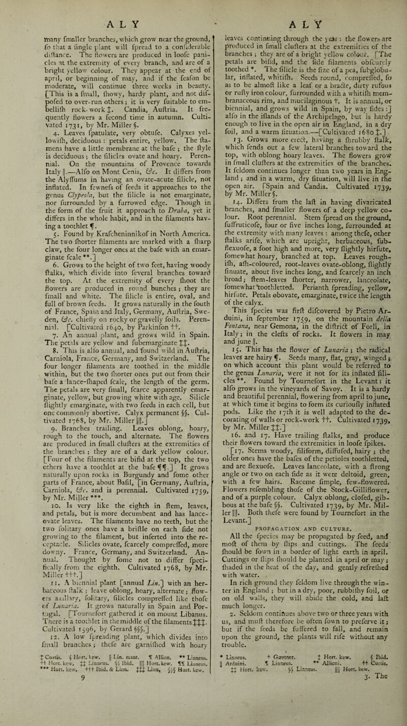 iYiany fmaller branches, which grow near the ground,' fo that a iinglc plant will fpread to a conhderable difdance. The fiowers are produced in loofe pani¬ cles at the extremity of every branch, and are of a bright yelloNv colour. They appear at the end ot april, or beginning of may, and if the feafon be moderate, will continue three weeks in beauty. £This is a fmall, fnowy, hardy plant, and not dif- pofed to over-run others; it is very fuitable to em- belliih rock-work ;|l. Candia, Auftria. It fre¬ quently flowers a fccond time in autumn. Culti¬ vated 1731, by Mr. Miller §. 4. Leaves fpatulate, very obtufe. Calyxes yel- lowifh, deciduous : petals entire, yellow. The fta- mens have a little membrane at the bafe ; the ftyle is deciduous ; the filicles ovate and hoary. Peren¬ nial. On the mountains of Provence towards Italy ||.—Alfo on Mont Cenis, &c. It differs from the Alyffums in having an ovate-acute filicle, not inflated. In fewnefs of feeds it approaches to the genus Clypeola, but the fllicle is not emarginate, nor furrounded by a furrowed edge. Though in the form of the fruit it approach to Draba, yet it differs in the whole habit, and in the filaments hav¬ ing a toothlet 5. Found by Krafeheninnikof in North America. The two fhortcr filaments are marked with a fliarp claw, the four longer ones at the bafe with an emar¬ ginate fcale **.3 6. Grows to the height of two feet, having woody ffalks, which divide into feveral branches toward the top. At the extremity of every ihoot the flowers are produced in round bunches ; they are fmall and white. The filicle is entire, oval, and full of brown feeds. It grows naturally in the fouth of France, Spain and Italy, Germany, Auffria, Swe¬ den, chiefly on rocky or gravelly foils. Peren¬ nial. [^Cultivated 1640, by Parkinibn tt. 7. An annual plant, and grows wild in Spain. The petals are yellow and fubemarginate Jijl. 8. This is alio annual, and found wild in Auftria, Carniola, France, Germany, and Switzerland. The four longer filaments are toothed in the middle within, but the two ihorter ones put out from their bafe a'lance-fhaped fcale, the length of the germ. The petals are very fmall, fcarcc apparently emar¬ ginate, yellow, but growing white with age. Silicic fiightly emarginate, w'ith two feeds in each cell, but one commonly abortive. Calyx permanent §§. Cul¬ tivated 1768, by Mr. Miller ||||.J 9. Branches trailing. Leaves oblong, hoary, rough to the touch, and alternate. The flowers are produced in fmall clufters at the extremities of the branches ; they are of a dark yellow colour. [Four of the filaments are bifid at the top, the two others have a toothlet at the bafe^^.J It grows naturally upon rocks in Burgundy and fome other parts of France, about Bafil, [in Germany, Auftria, ' Carniola, and is perennial. Cultivated 1759, by Mr. Miller ***. 10. Is very like the eighth in ftem, leaves, and petals, but is more decumbent and has lance- ovate leaves. The filaments have no teeth, but the two folitary ones have a briftle on each fide not growing to the filament, but inferted into the re¬ ceptacle. Silicles ovate, fcarcely compreffed, more downy. France, Germany, and Switzerland. An¬ nual. Thought by fome not to differ fpeci- fically from the eighth. Cultivated 1768, by Mr. Miller+ft.] 11. A biennial plant [annual LinJ] with an her¬ baceous ftalk ; leave oblong, hoary, alternate ; flow¬ ers axillary, folitary, filicles compreffed like thofe m' Lunaria. It grows naturally in Spain and Por- tiigal. [Tournefort gathered it on mount Libanus. Tnere is a toothlet in themiddle of the filaments Cultivated 1596, by Gerard §§§.] 12. A low fpreading plant, which divides into fmall branches ; thefe are garniftied with hoary + Curtis. § Hurt. Vew. |1 I.in. mant. .AUion. ** Linneus. tiort. kew, Linneus. §§ Ibid. |Ijj Hurt. kew. Linneus. *** Hurt. keiv. ++ |- Ibid. Sc Linn, Linn, Hoit. kevv-. 9 Icavc-s continuing through the ysir : the flowers are produced in fmall clufters at the extremities of the branches ; they are of a bright yellow colour. [The petals are bifid, and the fide filaments obfcurcly toothed 1 he filicle is the fize of a pea, fubglobu- lar, inflated, whitilh. Seeds round, coinprefl'ed, fo as to be almoft like a leaf or a bracle, dirty rufous or rufty iron colour, furrounded w ith a whitifli mem¬ branaceous rim, and inucilaginous t. It is annual, or biennial, and grows wild in Spain, by way Tides -.J alfo in the iflands of the Archipelago, but is hardy enough to live in the open air in England, in a dry foil, and a warm iituation.—[Cultivated i68ol[.3 13. Grows more eiebl, having a fhrubby ftalk, which fends out a few lateral branches toward the top, with oblong hoary leaves. The flowers gro\Y in Imall clufters at the extremities of the branches. It fcldom continues longer than two years in Eng¬ land ; and in a warm, dry Iituation, will live in the open air. [Spain and Candia. Cultivated 1739, by Mr. Miller §. 14. Differs from the laft In having divaricated branches, and fmaller flowers of a deep yellow co¬ lour. Root perennial. Stem fpread on the ground, fuffruticofe, four or five inches long, furrounded at the extremity with many leaves : among thefe, other ftalks arife, which arc upright, herbaceous, fub- fiexuofe, a foot high and more, very flightly hirfute, fomewhat hoary, branched at top. Leaves rough- ifti, afti-colouredj root-leaves ovate-oblong, flightly finuate, about five inches long, and fcarcely an inch broad; ftem-leaves fhorter, narrower, lanceolate, fomewhat ‘toothletted. Perianth fpreading, yellow, hirfute. Petals obovate, emarginate, twice the length of the calyx. This fpecies was firft difeovered by Pietro Ar- duini, in feptember 1759, on the mountain della Fontana, near Gemona, in the diftridt of Forli, in Italy ; in the clefts of rocks. It flowers in may and June j|. 15. This has the flower of Lunariathe radical leaves are hairy f. Seeds many, flat, gray, winged ; on which account this plant w'ould be referred to the genus Lunaria, were it not for its inflated fili¬ cles **. Found by Tournefort in the Levant: it alfo grows in the vineyards of Savoy. It is a hardy and beautiful perennial, flowering from april to June, at which time it begins to form its curioufly inflated pods. Like the 17th it is well adapted to the de¬ corating of walls or rock-work tt. Cultivated 1739, by Mr. Miller 16. and 17. Have trailing ftalks, and produce their flowers toward the extremities in loofe fpikes. [17. Stems woody, filiform, diffufed, hairy ; the older ones have the bafes of the petioles toothletted, and are fiexuofe. Leaves lanceolate, with a firong angle or two on each fide as it were deltoid, green, with a few hairs. Raceme fimple, few-flowered. Flowers refembling thofe of the Stock-Gilliflower, and of a purple colour. Calyx oblong, clofed, gib¬ bous at the bafe §§. Cultivated 1739, by Mr. Mil¬ ler |1||. Both thefe were found by Tournefort in the Levant.] PROPAGATION AND CULTURE. All the fpecics may be propagated by feed, and moft of them by flips and cuttings. The feeds ftiould be Town in a border of light earth in april. Cuttings or flips fliould be planted in april or may ; lhaded in the heat of the day, and gently refrelhed with water. , In rich ground they feldom live through the win¬ ter in England ; but in a dry, poor, rubbilhy foil, or on old walls, they will alDide the cold, and laft much longer. 2. Seldom continues above two or three years with us, and muft therefore be often Town to preferve it; but if the feeds be fufiered to fall, and remain upon the ground, the plants will rife without any trouble. * Linneus. + Gartner. f Hort. kew. § Ibid. U Arduini. 5 Linneus, ** Allioni. ++ Curds. Hort. keu-, §§ Linneus. |j|] Hort. kew. 3. The