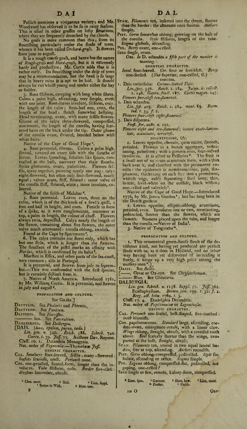 DAI Pollich mentions a viviparous variety; and Mr. Woodward has obferved it to be fo in rainy feafons. This is ufual in other grafles on lofty Situations, ■where they are frequently drenched by the clouds. No grafs is more common than this j from its fiourifhing particularly under the Ihadc of trees, •whence it has been called Orchard-grqfs, It flowers from June to auguft. It is a rough coarfe grafs, and hence has the names of Rough-grajs and Hard-grajsy but it is extremely hardy and produdlive; Mr. Curtis adds that it is rather early. Its flourifhing under the drip of trees may be a recommendation, but the head is fo large that in heavy rains it is apt to be laid. It fliould always be cut'whilft young and tender either for hay or fodder. 3. Root filiform, creeping with long white fibres. Culms a palm high, afeending, very Ample, even, ■w’ith one joint. Root-leaves involute, filiform, even, the length of the culm ; ftem-leaf one, even, the length of the head ; fheath fomewhat bellying. Head terminating, ovate, with many felTile flowers. Glume of the calyx three-flowered, compreflTed, mucronate, the length of the corolla, having fcat- tered hairs on the back under the tip. Outer glume of the corolla ovate, flriaied, bearded below with ■w^hite hairs. Native of the Cape of Good Hope 4. Root perennial, fibrous. Culms a palm high, feveral, covered on every fide with the Iheaths of leaves. Leaves fpreading, fubulate like fpines, con- tradled at the bafe, narrower than their fheaths. Spike gloiuerate, ovate, pubefeent. Flowers fef- file, many together, pointing nearly one way: calyx eight-flowered, but often only four-flowered, nearly equal ; valves acute, ftilf, flriated : outer valve of the corolla ftiff, flriated, acute ; inner involute, co¬ loured. Native of the fields of Malabar L 5. Root perennial. Leaves even, three on the culm, which is of the thicknefs of a fowl’s quill, a foot and half in height, and even. Panicle in form of a fpike, as it were conglomerate, narrower at top, a palm in length, the colour of chaff. Flowers always twin, depreffed. Calyx nearly the length of the flower, containing about five flowers, the outer valve much attenuated : corolla oblong, awnlefs. Found at the Cape by Sparrmann*. 6. The calyx contains one floret only, which has but one ftyle, which is longer than the flamens. The flrudure of the piftil marks an affinity with Nardus, which is confirmed by its habit L Marfhes in Effex, and other parts of the fea-coaft, very common ; alfo in Portugal. It is perennial, and flowers from July to feptem- ber.—This was confounded with the firfl: fpecies, but is certainly diflijufi; from it. 7. Native of North America. Introduced 1781, by Mr. Willian^ Curtis. It is perennial, and flowers in July and augufl; PROPAGATION AND CULTURE, Sec Grass.] Dactylis. See Rhalaris and Phoenix,^ Dactylon. See Panicum. Daffodil. See NarciJJus. --Sea. See Pancratium. Dahlbergia, See Dalbergia, > £DAIS. (Aajf, epiilum^ pugna^ tada.) Lin. gen. n. 540. Reich. 588. Schreh. 740. Gcertn. t. 39. JujU. 77. Authore Dav. Royeno. Clair. 10. I. Decandria Monogynia. Nat. order of VeprecuU.—Thymel^se JuJ)'. GENERIC CHARACTER. Cal. Involucre four-leaved, feffile-many-flowered : leaflets fcariofe, ered:. Perianth none. Cor. one-petalled, funncl-form, longer than the in¬ volucre. 'Tube filiform, rude. Porder five-cleft; divifions lanceolate, obtufe. D A t Stam. Filaments tell, inferted into the throat, fhorter than the border: the alternate ones fhoker. Anthers fimple. PisT. Germ fomewhat oblong; growing on the bafe of the corolla. Style filiform, length of the tube. Stigma globofe, afeending. Per. Berry ovate, one-celled. Seed Angle, ovate. Obs. In D. odandfa a fifth part of the number is •wanting. ' ESSENTIAL CHARACTER. Invol. four-leaVed. Cor. four or five-cleft. Berry one-feeded. {Nut fuperior, one-celled, G.) SPECIES. r. Dais cotinifolia: Cotinus-lj^ved Dais. Lin,fpec. 556. Reich. 2, 284. Jacqu. ic. colleSt. i. 146. Gcerln. fruSt. 187. Curtis magax.. 147. Flowers five-cle/t ten~flamened. 2. Dais octandra. Lin.fyfl. 403. Reich. 2, 284. mant. 69. Bnrm. ind. t. 33. f. 2. Flowers four-cleft eight-ft amened. 3. Dais difpermu, Forjl. flor^ auflr. n. 192. Flowers eight and ten-flamened \' leaves gvate-lancee- late, acuminate, nervelefs. DESCRIPTIONS, 1. Leaves oppefite, obovate, quite entire, fmpoth, petioled. Flowers in a bunch aggregate, termi¬ nating, pubefeent j with a gemmaceous, four-valved involucre, it is allied to Pafferina^^. The fruit is a fmall nut of an ovate-acuminate form, with a thin bark over it, and cloathcd with the permanent co¬ rolla : the epidermis is membranaceous, pale, dia¬ phanous, thickening on each fige into a prominent, whitifh edge, eafily feparating: fhell bony, thin, brittle, livid-white on the outfide, black within; one-celled and valvelefsL Native of the Cape of Good Hope.—Introduced 1776, by Mr. James Gordon*'! but has long been in the Dutch gardens. 2. Leaves oppofite, elliptic-oblong, acuminate, petioled, even. Involucre one or two, terminating, peduncled, fhorter than the flowers, which are fmooth. Stamens placed upon the tube, and longer than the corolla.—Native of India*. 3. Native of Tongatabu®. PROPAGATION AND CULTURE. I. This ornamental green-houfe fhrub of the de¬ ciduous kind, not having yet produced any perfedt feeds with us, as it does in Holland, and no other way having been yet difeovered of increafing it freely, it keeps up a very high price among the nurfery-men“.]^ Daisy. See Beilis. [-, Great or Ox-eye. See Cbryfanthemum. -Blue. See Globularia. DALBERGIA. Lin. gen. Schreh. n. 1158. Suppl. 52. Jujf. Ecaftaphyllum. Brown,jam. 299. t. 32./. i. Berg. a£l. holm. 1769. t. 3. ClafT. 17. 4. Diadelphia Decandtia. Nat. order of Papilionacea or Legtiminofas GENERIC character. Cal. Perianth one-lcafcd, bell-lhaped, five-toothed 1 teeth bluntifh. Cor. papilionaceous. Standard large, afeending, cor¬ date-ovate, emarginate-retufci with a linear claw. IVings ohXong, ftraight, obtufe, with a reverfed tooth above. Keel fcarccly fhorter than the wings, two- parted at the bafe, ftraight, obtufe. Stam. Filaments ten, united in two equal lateral bo¬ dies, free at top, afeending. Anthets roundifh. PisT. Germ oblong-comprefled, pedicelled. Style fu¬ bulate, afeending or reflex. Stigma fimple. Per. Legume oblong, comprefTed-flat, pedicelled, not gaping, one-cclled ? Seed Angle or few, remote, kidney-form, comprelTccL * litin. mant. < ibid. ^ Stokes in Witli, '* Linn, fuppl, 8 Hbfti kaw. ^ linti. fpec, * Gartner, * Forftcr, ^ Hort. ke^. “ Curtis, * linn, mant. 9