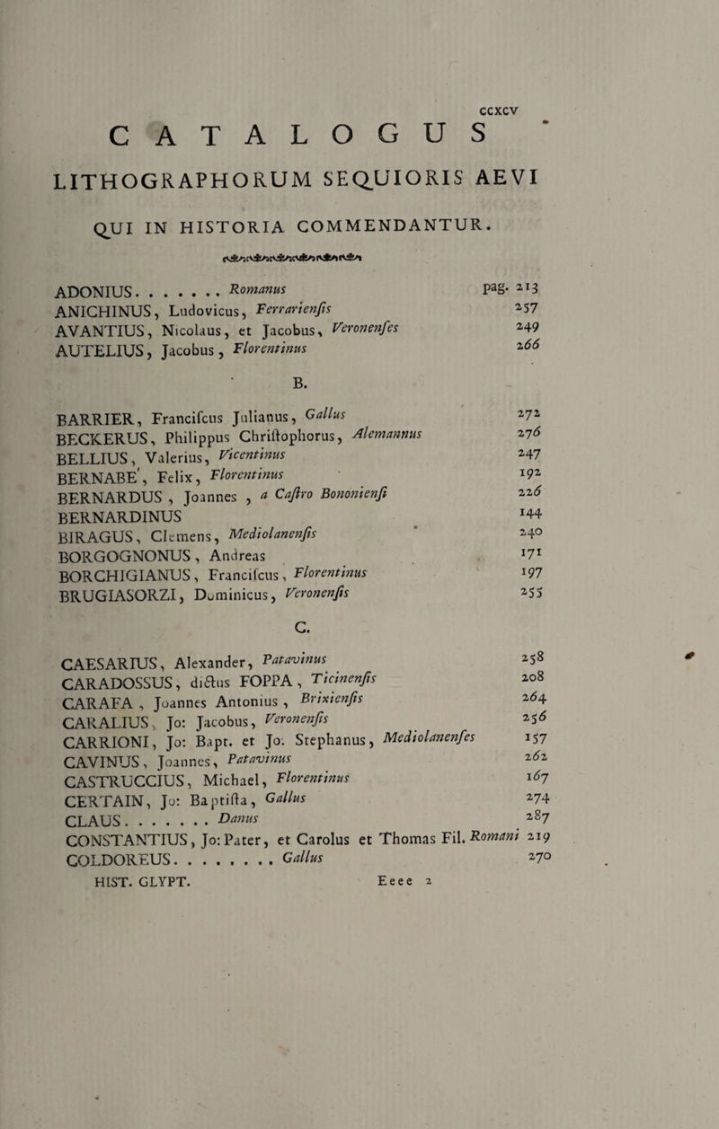 CATALOGUS LITHOGRAPHORUM SEQUIORIS AEVI QUI IN HISTORIA COMMENDANTUR. ADONIUS.Romanus ANICHINUS, Ludovicus, Ferrarienfis AVANTIUS, Nicolaus, et Jacobus, Veronenfes AUTELIUS, Jacobus, Florentinus B. EARRIER, Francifcus Julianus, Gallus BECKERUS, Philippus Chriftophorus, Alemannus BELLIUS, Valerius, Vicentinus BERNABE', Felix, Florentinus BERNARDUS , Joannes , a Cajlro Bononienfi BERNARDINUS BIRAGUS, Clemens, Mediolanenfis BORGOGNONUS , And reas BORCHIGIANUS, Francifcus, Florentinus BRUGIASORZI, Dominicus, Feronenfis C. pag. 213 257 249 2 66 272 27 <5 247 192 22 6 144 240 171 197 255 CAESARIUS, Alexander, Patavinus CARADOSSUS, diftus FOPPA , Ticinenfis CARAFA , Joannes Antonius , Brixienfes CARALIUS Jo: Jacobus, Veronenfts CARRIONI, Jo: Bapt. et Jo. Stephanus, Medtolanenfes CAVINUS, Joannes, Patavinus CASTRUCCIUS, Michael, Florentinus CERTAIN, Jo: Baptifta, Gallus CLAUS.Danus CONSTANTIUS, Jo:Pater, et Carolus et Thomas Fil.Romam COLDOREUS.Gallus HIST. GLYPT. Eeee 2 258 208 264 25<5 U7 2(52 i6y 274 287 219 270