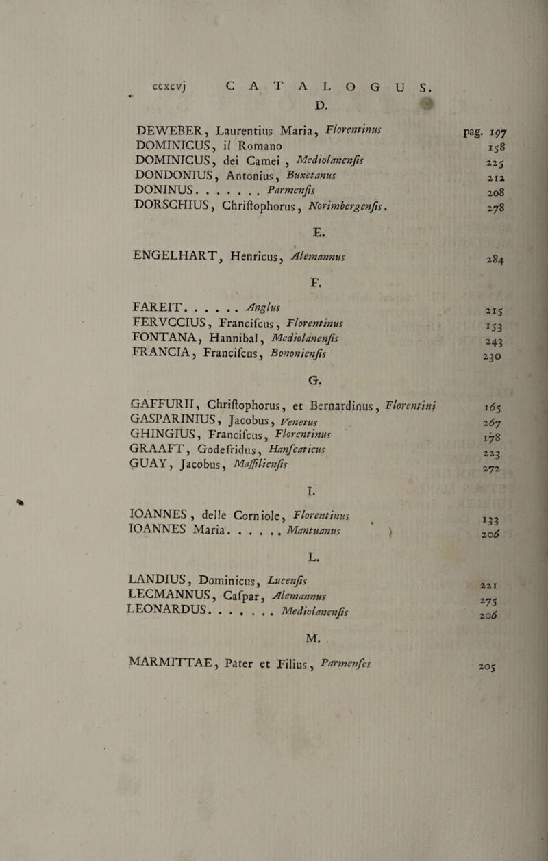 CCXCVj CATALOGUS. D. * * DEWEBER, Laurentius Maria, Florentinus DOMINICUS, ii Romano DOMINICUS, dei Camei , Mediolanenfts DONDONIUS, Antonius, Buxetanus DONINUS.Parmenfis DORSCHIUS , Chriftophorus , Norimbergenfts, E. ENGELHART, Henricus, Alemannus F. FAREIT.Anglus FERVCCIUS, Francifcus , Florentinus FONTANA, Hannibal, Mediolanenfis FRANCIA, Francifcus, Bononienfis G. GAFFURII, Chriilophorus, et Bcrnardinus, Florentini GASPARINIUS, Jacobus, Venetus GHINGIUS, Francifcus, Florentinus GRAAFT, Godefridus, Hanfeaticus GUAY, Jacobus, Majfilietifts I. IOANNES , deJle Corniole, Florentinus IOANNES Maria.Mantuanus &gt; L. LANDIUS, Dominicus, Lucenfis LECMANNUS, Cafpar, Alemannus LEONARDUS.Mediolanenfis M. , MARMITTAE, Pater et Filius, Farmenfes pag. 197 158 225 212 208 278 284 215 243 230 1^5 2 6j 178 223 272 20 6 221 275 20^ 205