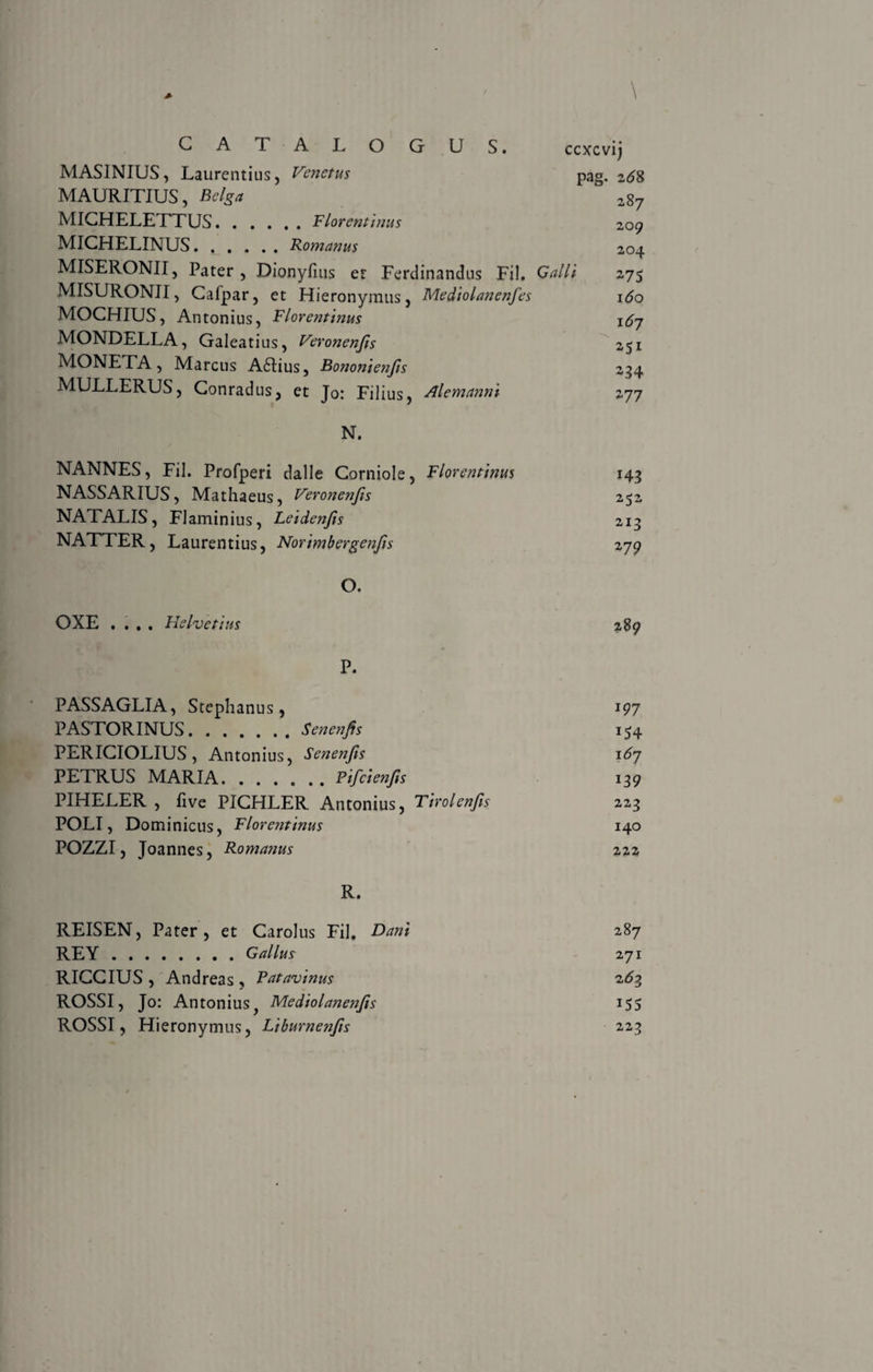 > \ CAT ALOGUS. MASINIUS, Laurentius, Venetus MAURITIUS, Belga MIGHELETTUS..Florentinus MICHELINUS.Romanus MISERONII, Pater , Dionyfius er Ferdinandus Fil. Call t MISURONII, Cafpar, et Hieronymus, Mediolanenfes MOCHIUS, Antonius, Florentinus MONDELLA, Galeatius, Veronenfis MONETA, Marcus A£tius, Bononienfis MULLERUS, Conradus, et Jo: Filius, Alemanni N. NANNES, Fil. Profperi dalle Corniole, Florentinus NASSARIUS, Mathaeus, Veronenjis NATALIS, Flaminius, Leidenjis NATTER, Laurentius, Norimbergenfts ccxcvij pag. 268 287 209 204 275 s6o 16 j 251 234 2 77 *43 252 213 2 79 O. OXE .... Helvetius 289 P. PASSAGLIA, Stephanus, 197 PASTORINUS.S en en fis 154 PERICIOLIUS , Antonius, Senenfis i6j PETRUS MARIA.Pifcienjis 139 PIHELER , five PICHLER Antonius, Tirolenfis 223 POLI, Dominicus, Florentinus 140 POZZI, Joannes, Romanus 222 R. REISEN, Pater, et Carolus Fil, Dani 287 REY.Gallus 271 RICCIUS , Andreas , Patavinus 2^3 ROSSI, Jo: Antoniusf Medtolanenfis 155 ROSSI, Hieronymus, Liburnenfis 223