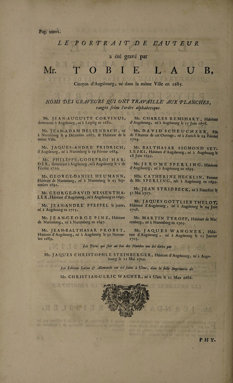 LE PORTRAIT DE EAU T EU R a été gravé par Mr. T O B I E L A U B, Citoyen d’Augsbourg, né dans la même Ville en i68f. NOMS DES GRAVEURS QUI ONT TRAVAILLE' AUX TL ANCHES, rangés félon l'ordre alphabétique. Mr. JEAN-AUGUSTE CORVINUS,1 demeurant à Augsbourg, né à Leipfig en 1682. Mr. JEAN-ADAM DELSENBACH, né à Nuremberg le 9 Décembre 1687, &amp; Habitant de la même Ville. Mr. JAQUES-ANDRE' FRIDRICH, d’Augsbourg, né à Nuremberg le 19 Février 1684. Mr. PHI LIP PE-G O DEF ROI H A R- DER, demeurant à Augsbourg, né à Augsbourg le 2 de Février 1710. Mr. GEORGE-DANIEL HEUMANN, Habitant de Nuremberg, né à Nuremberg le 25 Sep¬ tembre 1691. Mr. GEORGE-DAVID NESSENTHA- L E R , Habitant d’Augsbourg, né à Augsbourg en 16g5. Mr. JEAN-ANDRE' PFEFFEL le jeune, né à Augsbourg en 1715. Mr. J E A N-G EORGE PINZ, Habitant de Nuremberg, né à Nuremberg en 1697. Mr. JEAN-BALTHASAR PROBST, Habitant d’Augsbourg, né à Augsbourg le 30 Novem¬ bre 16^85). Les Titres qui font au bas des Planches ont été écrits par 1 Mr. JAQUES CHRISTOPHLE STEINBERGER, Habitant d’Augsbourg, né à Augs. bourg le 11 Mai 1709. Les Editions Latine &amp; Allemande ont été faites a Uime, dans la belle Imprimerie de Mr. CH RIST IAN-ULRIC WAGNER, né à Ulnie le 21 Mars i6$6. Mr. CHARLES REMSHART , Habitant d’Augsbourg, né â Augsbourg le 17 Juin 1678. Mr. DAVID SCHEUCHZER, Fils de l’Auteur de cet Ouvrage, né à Zurich le 22 Février 1704. Mr. BALTHASAR SIGMOND SET- LE Z Kl, Habitant d’Augsbourg, né à Augsbourg le 28 Juin 1695. Mr. JEROME SPERLING, Habitant d’Augsbourg, né à Augsbourg en 1695. Mlle. CATHERINE HECKLIN, Femme de Mr. SPERLING, née à Augsbourg en 1699. Mr. JEAN STRIDBECK,néà Francfort le 31 Mai 1717. Mr. JAQUES GOTTLIEB THELOT,’ Habitant d’Augsbourg , né à Augsbourg le 24 Tuirt 1708. T J - Mr. MARTIN TYROFF, Habitant de Nu¬ remberg, né à Nuremberg en 1705. Mr. J A QU ES W A N G N È R , Habi¬ tant d Augsbourg , né à Augsbourg le 15 Janvier I7°I* « \ P H Y-