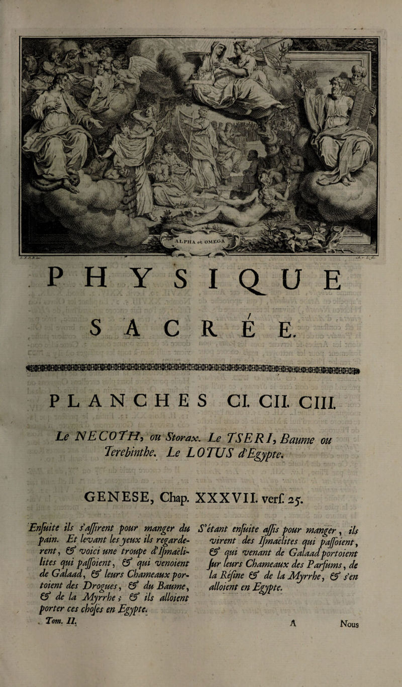 Le NECOTH, ou Storax. Le T SER /, Baume ou Terebinthe. Le LO TUS d'Egypte. GENESE, Chap. XXXVII. ver£ 25. Enjuite ils sajjîrent pour manger du pain. Et levant les yeux ils regardè¬ rent , Çf voici une troupe d'IJma'èli’*• lites qui pajjoient, Gf venoient de Galaad, 6^ Chameaux por¬ taient des Drogues, ef du Baume, de la Myrrhe s &amp; ils allaient porter ces chojes en Egypte. , Tom. Il, S'étant enjuite ajjis pour manger , ils virent des IJmaelites qui pajfoient, qui venant de Gala far la Réjîne &amp; de la Myrrhe, &amp; s'en alloient en Egypte. A Nous