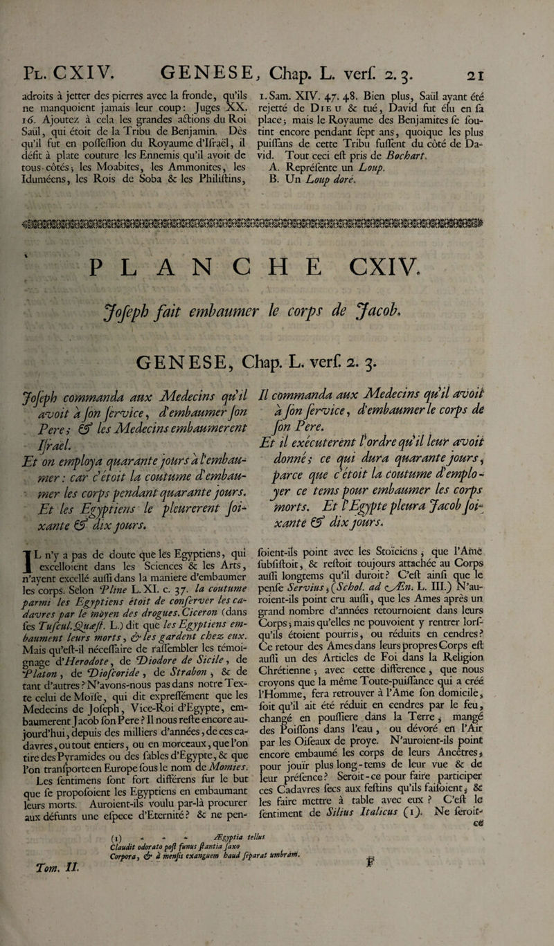 adroits à jetter des pierres avec la fronde, qu’ils i.Sam. XIV. 47. 48. Bien plus, Saiil ayant été ne manquoient jamais leur coup: Juges XX. rejette de Dieu &amp; tué, David fut élu en fa 16. Ajoutez à cela les grandes aêtions du Roi place 5 mais le Royaume des Benjamites le fou- Saiil, qui étoit de la Tribu de Benjamin. Dès tint encore pendant fept ans, quoique les plus qu’il fut en poflèffion du Royaume d’Ifraël, il puifïans de cette Tribu fullènt du coté de Da- défit à plate couture les Ennemis qu’il avoit de vid. Tout ceci eft pris de Bochart, tous-côtés 3 les Moabites, les Ammonites, les A. Repréfente un Loup. Idumécns, les Rois de Soba &amp; les Pli il Ü tins, B. Un Loup doré. PLANCHE CXIV. • ' ' ' ' \ ' ' •• . Jofeph fait embaumer le corps de Jacob* GENESE* Chap. L. verf. 2. 3. Jofeph commanda aux Médecins qu'il avoit a jon fer vice, dû embaumer Jon Pere s les Médecins embaumèrent IJraèl. Et on employa quarante jours a l’embau¬ mer : car cétoit la coutume d'embau¬ mer les corps pendant quarante jours. Et les Egyptiens le pleurèrent Joi* xante &amp; dix jours. ]L n’y a pas de doute que lés Egyptiens, qui excelloient dans les Sciences &amp; les Arts, n’ayent excellé auffi dans la maniefe d’embaumer les corps. Selon B line L. XI. c. 3 y. lu coutume parmi les Egyptiens étoit de conferver les ca¬ davres par le moyen des drogues. Cicéron (dans fes Tufcul.QuœJl. L.) dit que les Egyptiens em¬ baument leurs morts, &amp; l?s gardent chez eux. Mais qu’eft-il néceffaire de raffembler les témoi¬ gnage àé Herodote^ de Diodore de Sicile, de ‘Platon , de Diofcoride , de Sttabon &gt; &amp; de tant d’autres ? N’avons-nous pas dans notre Tex¬ te celui deMoïfe, qui dit expreffément que les Médecins de Jofeph, Vice-Roi d’Egypte, em¬ baumèrent Jacob fonPere ? Il nous refte encore au¬ jourd’hui, depuis des milliers d’années, de ces ca¬ davres, ou tout entiers, ou en morceaux,que l’on tire des Pyramides ou des fables d’Egypte, &amp; que l’on tranfporte en Europe fous le nom de Momies. Les fentimens font fort différens fur le but que fe propofoient les Egyptiens en embaumant leurs morts. Auroient-ils voulu par-là procurer aux défunts une efpece d’Eternité ? &amp; ne pen- II commanda aux Médecins quil avoit a Jon fervice, d’embaumer le corps dé Jon Pere. Et il exécutèrent ! ordre quil leur avoit donnés ce qui dura quarante jours, parce que c étoit la coutume d'emplo - yer ce tems pour embaumer les corps morts. Et l'Egypte pleura Jacob joP xante &amp; dix jours. foient-ils point avec les Stoïciens j que l’Amè fubfiftoit, &amp; reftoit toujours attachée au Corps auffi longtems qu’il duroit ? C’eft ainfi que le penfe Servius JSchol. ad oÆ». L. III.J N’au- roient-ils point cru aufîï, que les Ames après un grand nombre d’années retournoient dans leurs Corps 3 mais qu’elles ne pouvoient y rentrer lorf- qu’ils étoient pourris, ou réduits en cendres? Ce retour des Ames dans leurs propres Corps eft auffi un des Articles de Foi dans la Religion. Chrétienne 3 avec cette différence , que nous croyons que la même Toute-puifïànce qui a créé l’Homme, fera retrouver à l’Ame fon domicile, foit qu’il ait été réduit en cendres par le feu, changé en pouffiere dans la Terre &gt; mangé des Poiftons dans l’eau, ou dévoré en l’Air par les Oifeaux de proye. N’auroient-ils point encore embaumé les corps de leurs Ancêtres * pour jouir plus long-tems de leur vue &amp; de leur préfence? Seroit- ce pour faire participer ces Cadavres fecs aux feftins qu’ils faifôient&amp; les faire mettre à table avec eux ? C’eft le fentiment de Silius Italicus (1). Ne feroit- ce (l) 1 - - Ægjptia tellus Claudit odorato pojl funus fiantia faxo Corporat &lt;&amp; à menfis exanguem haud feparat umbràni. Tom. IL