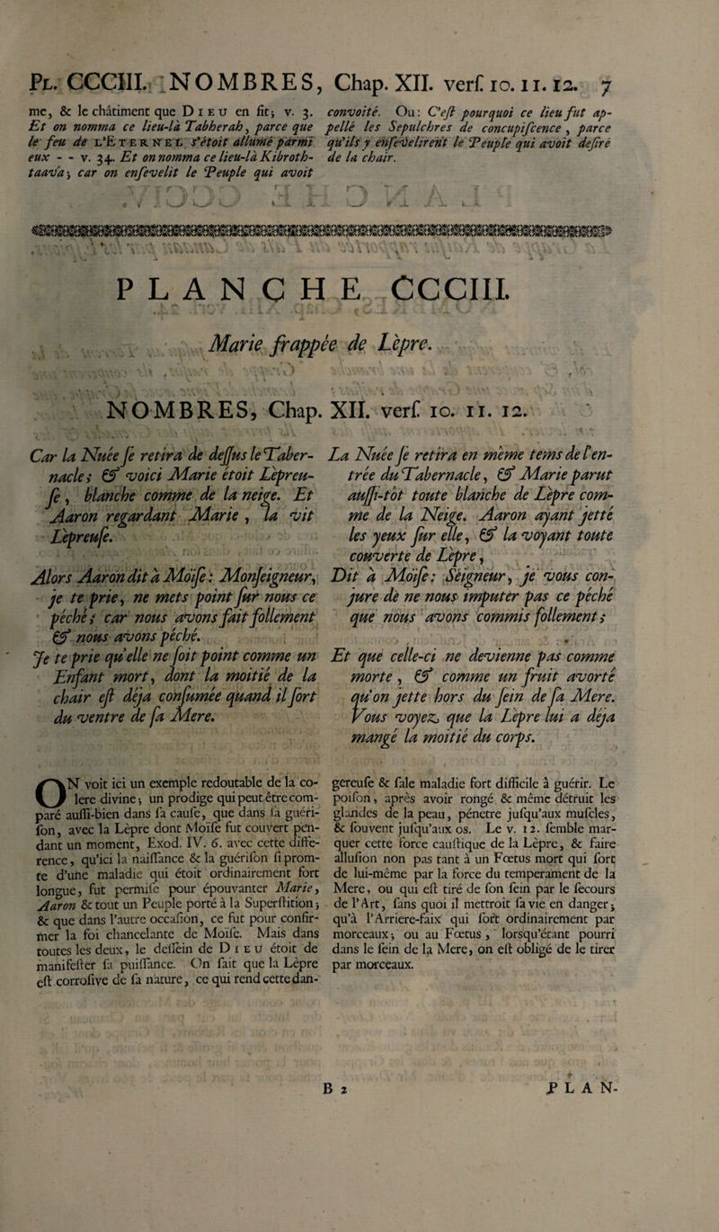 me, &amp; le châtiment que Dieu en fît i v. 3. convoité. Ou: C'eft pourquoi ce lieu fut ap- Et on nomma ce lieu-la Tabherah, parce que pelle les Sepulchres de concupifcence , parce le feu de l’Ete rnee s'étoit allumé parmi qui ils y enfen) dirent le Teupte qui avoit defré eux - - v. 34. Et on nomma ce lieu-là Kibroth- de la chair, taava j car on enfevelit le Peuple qui avoit PLANCHE CCCIII. /fc « » *&gt; 1 '' ' f * * * • Marie frappée de Lèpre. NOMBRES, Chap. ' A ' ( C &lt; L \ i' -M » • * - ' . V Car la Nuée Je retira de dejjus le Taber¬ nacles &amp; voici Marie et oit Lèpreu- Je , blanche comme de la neige. Et Aaron regardant Marie , la vit Lepreu Je. ■&gt; . Alors Aaron dit a Mo fe : Monjeigneur, je te prie y ne mets point fur nous ce péchés car nous avons fait follement &amp; nous avons péché. Je te prie quelle ne foit point comme un Enfant mort y dont la moitié de la chair ejî déjà confumée quand il fort du ventre ae fa Mere. ON voit ici un exemple redoutable de la co¬ lere divine-, un prodige qui peut être com¬ paré auffi-bien dans fa caufe, que dans fa guéri- fon, avec la Lèpre dont Moïfe fut couvert pen¬ dant un moment, Exod. IV. 6. avec cette diffé¬ rence , qu’ici la naiiïance &amp; la guérilon fi prom- te d’une maladie qui étoit ordinairement fort longue, fut pernnfe pour épouvanter Marie, Aaron &amp;tout un Peuple porté à la Superffition 5 &amp; que dans l’autre occafion, ce fut pour confir¬ mer la foi chancelante de Moïfe. Mais dans toutes les deux, le defîèin de Dieu étoit de manifeffer fa puifTance. On fait que la Lèpre eft corrofive de fa nature, ce qui rend cette dan- XII. verf IO. II. 12. La Nuée Je retira en meme tems de [en¬ trée du Tabernacle, Çtf Marie parut auffi-tot toute blanche de Lèpre com¬ me de la Neige. Aaron ayant jette les yeux Jur elle y Çf la voyant toute couverte de Lèpre, Dît a Moife: Seigneur y je vous con¬ jure de ne nous imputer pas ce péché que nous avons commis follement s * Et que celle-ci ne devienne pas comme morte , &amp; comme un fruit avorté Îuon jette hors du fein de fa Mere. rous voyez, que la Lèpre lui a déjà mangé la moitié du corps. gereufe &amp; fale maladie fort difficile à guérir. Le poifon, après avoir rongé &amp; même détruit les glandes de la peau, pénétré jufqu’aux mufcles, Sc fouvent jufqu’aux os. Le v. 12. fèmbîe mar¬ quer cette force cauffique de la Lèpre, &amp; faire allufion non pas tant à un Fœtus mort qui fort de lui-même par la force du tempérament de la Mere, ou qui eft tiré de fon fein par le fecours de l’Art, fans quoi il mettrait fa vie en danger 5 qu’à l’Arriere-faix qui fort ordinairement par morceaux i ou au Fœtus, lorsqu’étant pourri dans le fein de la Mere, on eft obligé de le tirer par morceaux. B 2 .PLAN-