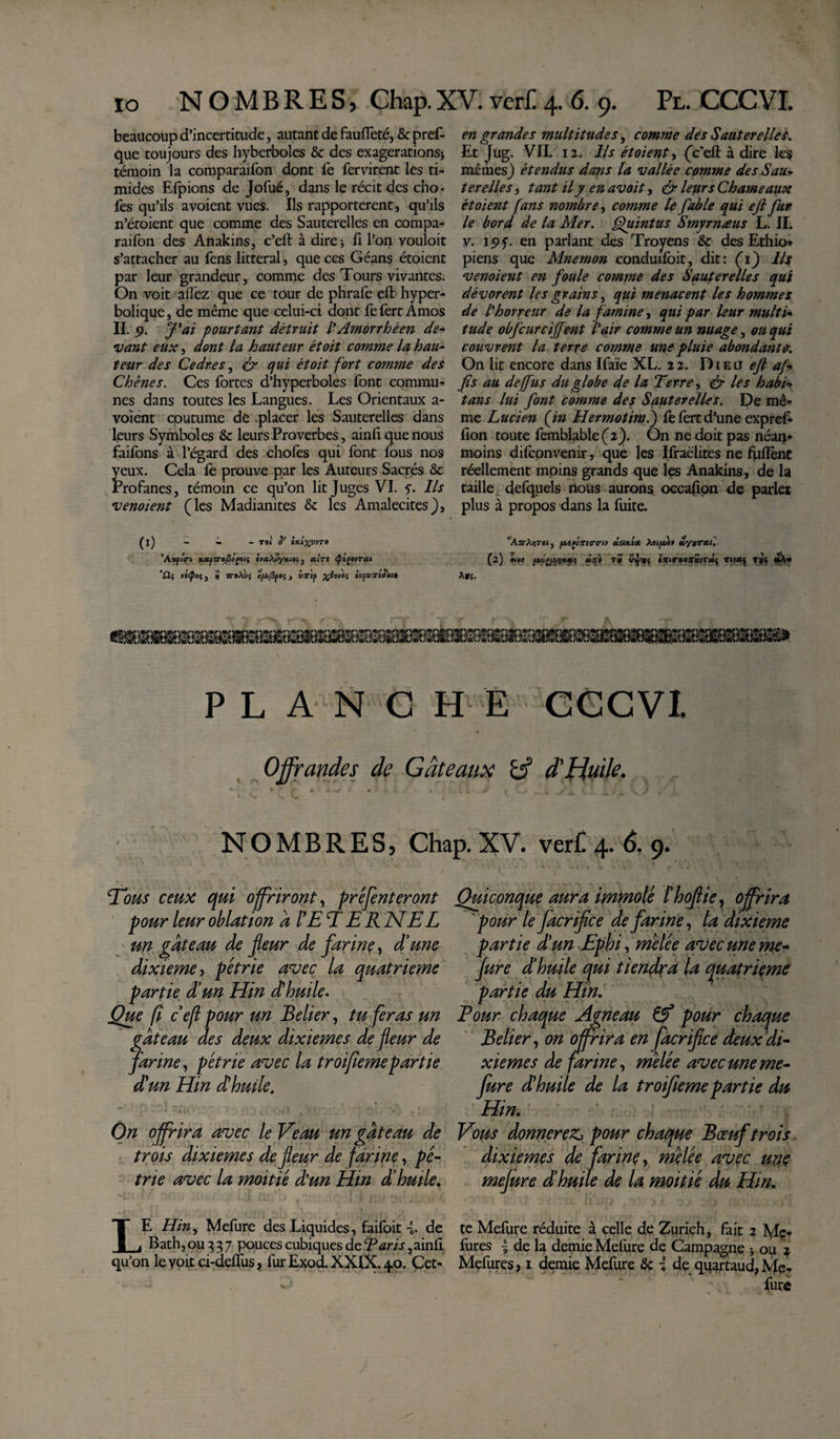 beaucoup d’incertitude, autant de fauflèté, &amp; pref- que toujours des hyberboles &amp; des exagérations* témoin la comparaifon dont fe fervirent les ti¬ mides Elpions de Jofué, dans le récit des cho¬ ies qu’ils avoient vues. Ils rapportèrent, qu’ils n’étoient que comme des Sauterelles en compa¬ raifon des Anakins, c’eft à dire* fi l’on vouloit s’attacher au fens littéral, que ces Géans étoient par leur grandeur, comme des Tours vivantes. On voit allez que ce tour de phrafe eft hyper¬ bolique, de même que celui-ci dont fefert Amos II. p. J'ai pourtant détruit I'Amorrhéen de¬ vant eux, dont la hauteur étoit comme la hau¬ teur des Cedre s, &amp; qui étoit fort comme des Chênes. Ces fortes d’hyperboles font commu¬ nes dans toutes les Langues. Les Orientaux a- voient coutume de .placer les Sauterelles dans leurs Symboles &amp; leurs Proverbes, ainli que nous faifons à l’égard des chofes qui font fous nos yeux. Cela le prouve par les Auteurs Sacrés &amp; Profanes, témoin ce qu’on lit Juges VI. Ils venoient (les Madianites &amp; les Amalecites), (i) - - - roi S'’ ixi%vvro ’AxpiVi xetpa-o(ioçon syecÀtyx.ioi, eu'n &lt;plçoyrut ’Cli yityoc,, ij' zro/ù/j e^po;, fp %ôo»o5 itfUTtfhi» en grandes multitudes, comme des Sauterelles. Et Jug. VIL 12. Ils étoient, (c'eft à dire les mêmes) étendus dans la vallée comme des S au* ter elle s, tant il y en avoit, &amp; leurs Chameaux étoient fans nombre, comme le fable qui ejl fur le bord de la Mer. Quintus Smyrnæus L. II. y. ipf. en parlant des Troyens &amp;c des Ethio* piens que Mnemon conduifoit, dit: (i) Ils venoient en foule comme des Sauterelles qui dévorent les grains, qui menacent les hommes de l'horreur de la famine, qui par leur multi¬ tude obfcurcijfent l'air comme un nuage, ou qui couvrent la terre comme une pluie abondante. On lit encore dans Ifaïe XL. 22. Dieu eft af- fis au dejfus du globe de la Terre, &amp; les habi¬ tans lui font comme des Sauterelles. De mê¬ me Lucien (in Hermotim.) fe fert d’une expref- fion toute femblable(2). On ne doit pas néan¬ moins difconvenir, que les Ifraëlites ne fuftènt réellement moins grands que les Anakins, de la taille defquels nous aurons occasion de parles plus à propos dans la fuite. “AsrAjjre», pAçoirarcriv ùukicc Xoffot «yif&lt;r«i. (2) »&lt;e» clxa rS iximioxStrciç Tttcii rài «X- A*s. PLANCHE CCCVI Offrandes de Gâteaux cd d'Huile. NOMBRES, Chap. XV. ver£4. 6.9. Tous ceux qui offriront, préfenteront pour leur oblation a VE T ERNEL un gâteau de fleur de farine, d'une dixième, pétrie avec la quatrième partie Lun Hin d'huile. Que fi c eft pour un Belier, tu feras un gâteau des deux dixièmes de fleur de farine, pétrie avec la troifiemepartie d'un Hin d'huile. On offrira avec le Veau un gâteau de trois dixièmes de fleur de farine, pé¬ trie avec la moitié d'un Hin d'huile. Quiconque aura immolé l'hofiie, offrira pour le facrifice de farine, la dixième partie d'un Ephi, mitée avec une me* fure d'huile qui tiendra la quatrième partie du Hin. Four chaque Agneau &amp; pour chaque Belier, on offrira en facrifice deux di¬ xièmes de farine, melée avec une me* fure d'huile de la troifieme partie du Hin. Vous donnerez^ pour chaque Bœuf trois dixièmes de farine, melée avec une mefure d'huile de la moitié du Hin. LE Hin, Mefure des Liquides, faifoit J6. de te Mefure réduite à celle de Zurich, fait 2 Me- Bath,ou 337 pouces cubiques de T aris y ainli fures ~ de la demie Mefure de Campagne -, ou z qu’on le voit ci-deflus ? fur Exod. XXIX. 40. Cet- Mefures, 1 demie Mefure &amp; i de quartaud, Me- O fure J