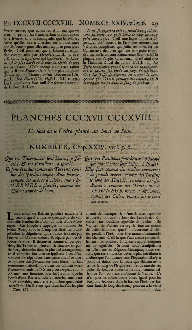 ferver encore, que parmi les Animaux qui vi¬ vent de proie, les Femelles font ordinairement plus féroces &amp; plus courageufes que les Mâles, parce qu’elles ont à chercher de la nourriture non-feulement pour elles-mêmes, mais pour leurs Petits. C’eft pour cela que la Lionne eft regar¬ dée comme telle par Herodote L. III. c. 108. JJ £ Àêeuvct gov l^ypoTOLTOV Jtcu Qpa.CruToLTOV, la Lion¬ ne ejl le plus hardi &amp; le plus intrépide de tous les Animaux. C’eft encore pour cette raifon que la Reine Semiramis fe faifoit plus de gloire d’avoir tué une Lionne, qu’un Lion ou un Léo¬ pard, félon Elien (Var, Hijl. L. XII. c. 39.} Les Livres Sacrés font aufli fort fouvent mention de la force du Lion. Il ne fe repofera point, jufqu'à ce qu'il dé¬ vore fa proie, ér qu'il boive le fang de ceux qu'il aura tués. C’eft une façon de parler O- rientale, par laquelle le Prophète annonce ces Victoires complettes que Jofué remporta lui* les Cananéens &gt; de forte qu’il ne faut point enten¬ dre ceci de la cruauté ordinaire aux Scythes &amp; à la plupart des Peuples Orientaux. C’eft ainfi que le Pfalmifte Royal dit au Pf LVIII. 11. Le JuJle fe réjouira quand il aura vu lavengeprir ce : il lavera fes pieds au fang du méchant;. Ou: Le JuJle fe réjouira en voyant la ven-&gt; geance que Dieu prendra des impies, &amp; il lavera fes mains dans le fang du pécheur. 1. n.q or n rtrî PLANCHES CCCXVII. CCCXVIII. I » VÆoes ou le Cedre planté au bord de beau. • O iVi'àVV.i NOMBRES, Chap. XXIV. verf 5. 6. 1 V LV O t Que tes Tabernacles font beaux, b Ja- Que vos Pavillons font beaux, b Jacob! cob! tes Pavillons, b ljra ël! que vos Tentesfont belles, b Ifraël! Ils font étendus comme des Torrens, corn- Eli es font comme des vallées couvertes me des Jardins auprès d’un Fleuve, de grands arbres : comme des Jardins commentes arbres a Aloës, que ïE- le long des Fleuves, toujours arrofés TffRNEL a plantés, comme des d’eaux s comme des Tentes que le Cèdres auprès de l'eau. S E IG NE U R meme a affermies., comme des Cedres plantés jur le bord des eaux. L’Expreiïion de Balaam paroîtra naturelle à 1 ceux à qui il eft arrivé quelquefois de voir une belle étendue de Pais, du haut d’une Mon¬ tagne. Ce Prophète apperçut du fommet du Mont ‘Peor, tout le Camp des Ifraelites arran¬ gé félon la difpofition qui en avoit été faite par Pordre de Dieu même, &amp; féparé par des ef- peces de rues. 11 découvrit comme en perfpec- tive, les Tribus en général, &amp; chacune en par¬ ticulier, difpofées dans le plus bel arrangement » &amp; il compare fort bien ce fpeêtacle à ces Fleu¬ ves qui fe répandent dans toute une Province, &amp; qui ont des Jardins fur leurs bords. 11 faut remarquer d’abord, que dans ces Climats excefi livement chauds de l’Orient, on ne peut choifir de meilleure fituation pour les Jardins, que les bords d’une Riviere. Elle eft non-feulement uti¬ le &amp; agréable, mais elle eft même quelquefois nécefîaire. De-là vient que dans les Païs les plus Tom. IF. chauds de l’Europe, &amp; même dans ceux qui font tempérés, on voit le long des Lacs &amp; des Ri¬ vières , un fpeétacle agréable de Jardins , de Vignes, de Prairies vertes, &amp; fouvent même de belles Maifons, que l’on a coutume d’habi¬ ter pendant l’Eté, pour être moins incommodé des chaleurs. C’eft là que l’eau arrofe continuel¬ lement les plantes, &amp; qu’on refpire toujours un air agréable. Si nous nous tranfportons en idée dans ces Régions Afiatiques, nous ver¬ rons que cette fituation devient plus néceftaire à mefure que l’on avance vers l’Equateur. Il n’y a point de doute que la route que Balaam avoit tenue le long de l’Euphrate, ne fût une de ces belles &amp; longues fuites de jardins, comme cel¬ le que l’on voit entre Padoue Sc Venife. Ce n’eft plus la même chofe à cet égard pour les Régions froides: dans le fort de l’Eté, les jar¬ dins fitués le long des Eaux, peuvent à la vérité H doji-