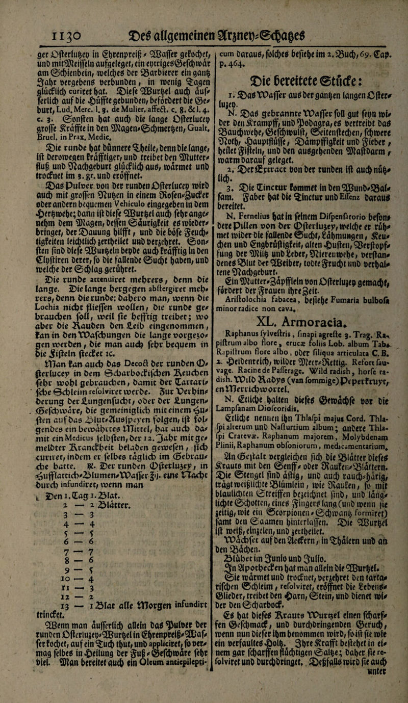 ger £>(lerlu^ep in Cb*enprei§ # 2Baffer gefocbet, unD mir^cijfeln aufgeleget, ein ei)trigeö©efcbwdr am©d)ienbein, welcbeö Der Barbierer ein ganfe 3abr oergebenö oerbunDen, in wenig ^:agen glücflid) curiret bat. £)iefe 2Burhel auch auf# ferlicb auf Die puffte gebunDen, befbrbert Die ©e# burt,Lud.Merc. Lg, dcMulier. affeft. c. 8.&I.4. c. 3. ©onffen bat auch Die lange Offerlucep groflfe ^raffte in Den 2)iagen#©cbmerben, Gualt# Bruel. in Prax. Medic, ®ie runDe bat Dünnere $;btiMenn Die lange, fff Derowegen Jrdfftiger, unD treibet Den Butter* ffu§ unD Nachgeburt glucflieb auö, warntet unD ttoefnet im s. gr.unD eröffnet. £>aö Puloer Don Der runDen £)fferlucep wirD auch mit gtoffen tauben in einem Nofen#3ucf er oDer anDern bequemen Vchiculo eingegeben in Dem 4)erbwebe; Dann iff Diefe 2Burbel auch febrange# nebm Dem Klagen, Deffen ©äurigfeit eöwteDer# bringet, Der $)auung büfft, unD Die bofe geueb# tigfeiten leiebtiid) jertbeilet unD berühret. ©on# ffen ftoD Diefe kurbeln bepDe auch Erdfftig in Den €lpff iren Derer, fo Die fallenDe ©uebt haben, unD welche Der ©cblag gerübret. 3Die run&e ateenuiret mebrero, Denn Die lange. 5Die lange bergegen abffergim meb* rei*0,Denn DterunDe: Dabero man, wenn Die Lochia nicht flieffen wollen, Die vunDe ge# brauchen foll, weil fte befftig treibet; wo aber Die 2\auDen Den £etb eingenommen, {an in DenWafcbungen Die lange oorge$o# gen werDen, Die man auch febt bequem in Die Affeln ffeebet :c. tTJan {an auch Daö Decoft Der runDen 0# ßerlucey in Dem öcharbocPifchen 2\euchen febr wobl gebrauchen, Damit Der (Eartari# fche 0chleim refoiviret werDe. 5ur Vei bin# Derung Der Jiungenfuchc, ober Der Zungen# (öefchwdre, Die gemeiniglich mit einem ^u# ffen auf Das 4Mut#2luöjpeyen folgen, iff fol# genDeo cm bewahrtes ITJittel, bat auch Da# mit ein Mcdicus fflbffen, Der ia. ‘3abr mit ge# melDter 2\rancbbeit belaßen gewefen, ffd) curtver, inDem er felbea täglich im (ßebrau# che batte. 2Der runDen (Dfferlujey, in ^ufflattich#2Mumen#VPa|ferf'j. eute flacht Durch infundiret, wenn man lt 2)em.tag i.23lat. 2 — 2 glatter. 3 — 3 4 — 4 5 — S 6—6 7— 7 8— 6 9 — s 10 — 4 *1 — 3 12 — 2 13 — iSlat alle tttorgm infundirt trinefet. <2Benn man dufferlicb allein Daö ^uloer Der runDen j0ffertuj;ei)*3Burbel in $btenprei§#9ÖDaf# fer f oebet, auf ein ^ueb tbut, unD appliciref, fo Der# mag felbeö in Teilung Der gu§#©efcbwöre febr Diel. SWan bereitet aueb ein Oleum antiepiiepti- cum Datauö, folcbeö befiebe im 2. ^$,69. Cap. p* 4^4* £>ie bereitete ©tücfe: 1. ©aöTDaffer auö Der ganzen langen Off er# lujcp. N. ©aö gebrannte TPaffer foü gut fepa wi# Der Den^rampff,unD^>oDagra,eö vertreibt Daö 23aucbwebe,©efcbwulff, ©eitenffeeben, fd&werc Notb, #auptflüffe, ©dmpffigfeit unD gieber, beitet Sifieln, unD Den auögebenDen ^DtaftDarm, warmDarauf gelegef. 2. ©er£pcract Don Der runDen ift auebnufc* lieb* 3. S)ie ttnetur fommet in Den ^CßunD#95al# fam. gäbet bat Die ^inctur unD EiTenz Darauö bereitet. N. Femelius bat in feinem Dilpenfatorio befon# Dere Pillen oon Der 0fferlujep, welche er rüb* met wiDer Die fallenDe ©uebf, £dbmu»igen, ^eu# eben unD Cngbröfligfeit, alten duften, ^erftopf# fung Der^ilb unD £eber, Vieren web« t oerftan# Deneö^5lut Der Leiber, toDtegrucbtuoD oerbaU tene Nachgeburt. Cin 9)tutter#3dpffleln Don Diterluiep gemacbh förDert Der grauen ibregeit. Ariftolochia fabacca, bejiebe Fumaria bulbola minorradice non cava* XL. Armoracia. Raphanus fylveftris, fmapiagrefte 3. Trag. Ra^ piftrum albo flore # crucae foliis Lob. album Tab*-. RapiÜrum flore albo, über flliqua arriculata C.B. 2. ^)eiDenreicb, wilDer ^eer#Nettig. Rcfortfau* vage. Racine de PafTcragc. Wildradish, horfe ra* dish. VPilD ÄaDpa (vanromroige)Prpcr{rupt, entHerricbworceL N. Ctiicbe halten Diefeö ©ewdcbfe Dor Die Lampfanam Oiofcorjdis. etliche nennen ihn Thlafpi majui Cord. Thla- fpialtcrum unD Naflurtium album; anDete Thla- fpi Cratevae. Raphanum majorem, Molybdenam Plinii, Raphanum obfoniorum, mediCdraentarium* 2ln(5cffalt Dergleichen fiel) Die glätter Diefeö traute mit Den ©enff# oDer 9taufen#s^5ldrtern. $)ie ©tengel fmD djtig, unD auch räucherig, tragt wciBlicl)te^3lümlein, wieüvaulen, fo mit blaulichten ©treiffen bejeiebnet finD, unD lang# lichte ©cbotten, eineö gingerö lang (unD wenn fie jeitig,wie ein @corpionen#©cbwan^ formiret) famt Den ©aamen binttrlaffen. ^ie Kurbel ijl wei§, einjclen, unD jeitbeilet. VDachfet auf Den 5lecfern, in Malern unb ah Den s^dcben. Öluhet im 3«nio unD 3ulio. 3n Sipotbetfw bat man allein Die 2Burhel* ©ie wärmet unD troef net, berühret Den tarta# rifeben ©cbleim, refoiviret, eröffnet Die tebenö# ©lieDer, treibet Den «J)arn, ©tein, unD Dienet wi# Der Den©cbarbocf. Cö bat Diefeö Ärauts tPurijel einen febarf# fen ©efdjmacf, unD DurcbDringenDen ©erucb, wenn nun Diefer ibm benommen wirD, foift fie wie ein Derfaulteö ^)olb. 3brr Ärafft behebet in ei# nem gar febarffenfluchtigen ©albe; Daher iierc* folviretunD DurcbDringet» ®e6faliö wirD fie auch unter