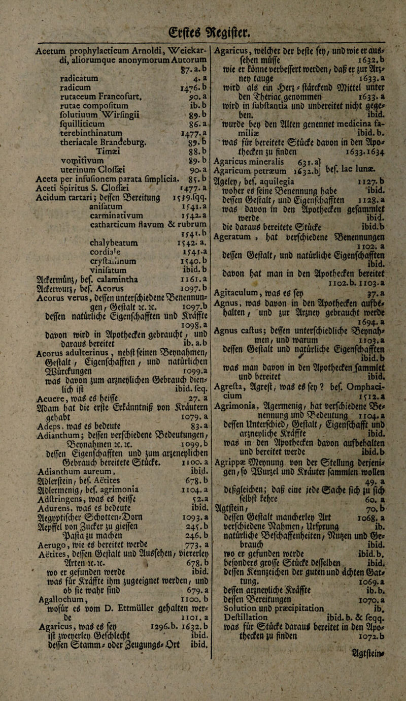Acetum prophylacticum Arnoldi, Weickar- di, aliorumque anonymorum Autorum , 87-a-b radicatum 4. a radicum 1476. b rutaceum Francofurt. 90. a rutae compofitum ib. b folutiuum Wirfingii 89. b fquilliticum 86*a terebinthinatum 1477.a theriacale Brancfeburg. 39. b Timaei 8 8* b voipitivum 89. b uterinumCloflaei 90» a Aceta per infufionem parata fimplicia. 8f ♦ b Aceti Spiritus S. Cloffsei *477* a Acidum tartari; helfen Bereifung 1 ? 19-fqcb anifatum if4i.a carminativum if42.a catharticum flavum &amp; rubrum if4*.b chalybeatum 1^42. a* cordia^e if4i*a cryftanmum i^o.b vinifatum ibid. b Slcf ermunr / bef. calamintha 1161, a Slcferwurj/ bef. Acorus 1097. b Acorus verus, helfen unterfcbiebeneBenennun? gen / ©ejialt :c. :c. io97.b helfen natürliche ©genfcbajften unb ^raffte 1098«a baoon wirb in Slpotbecfen gebraucht/ unb Darauf bereitet ib. a.b Acorus adulterinus, nebji feinen Bepnabmen/ ©eßalt f ©genfehafften / unb natürlichen 2ßurcf ungen 1099.3 baoon rum arjnet>lichen ©ebraueb bien? (ich iß ibid. feq- Acuere, wa$ CÖ beilfe 27. a Sibam bat bie erße ©fdnntniß oon trautem gehabt 1079»a Adeps, wa$ e$ bebcufe 83-a Adianthum; helfen oerfdjiebene Bebeufungen/ Bepnabmen it. :c. 1099. b helfen ©genfebafften unb rum arreneplicben ©ebraueb bereitete 0tucfe. 11 oo; a Adianthum aureum, ibid. Slblerßein/ bef. Aetites 678. b SlOiermentg/ bef. agrimonia 1104. a Adstringens, tt>aÖ etf b^lf* S2.a Adurens. me bebeute ibid. Slegpptifcber ©d>ottcn?£)i>rn 1093. a Slepffel oon guefer ru gieffen 24^. b ^a(ia ru machen 246. b Aerugo, wie ce bereitet werbe 773. a Aetites, beflfen ©e|talt unb Slu^feben/ oiererlep Slrten K.2C. . 678« b wo er gefunben werbe ibid. me für Straffte ibm rugeeignet werben/ unb ob fte wahr finb 679. a Agallochum, uoo.b wofür e$ 00m D. Ettmüller gehalten wer? be uoi.a Agaricus, wa$ e$ fep I296.b. 1632.b iß rweperlep ©efchlecht ' ibid. helfen ©famm? ober Swgungä? Ort ibid. Agaricus, weicher her beße fep/ unb wie erau$? feben muffe i632.b wie er fonne oerbeffertwerben / baßer rurSIrr? nep tauge ' i633.a wirb altf ein #err ? ßdrcfenb Mittel unter ben ^beriac genommen 1633.» wirb in fubftantia unb unbereitet nicht gege* ben. ibid. würbe bet> ben SUten genennet medicina fa- milias ibid. b. me für bereitete 0tucfe baoon in ben Sipo* tbeefen ru ftnben 1633.1634 Agaricus mineralis 63i.a] Agaricum petraum i632.bj bef. lac lunae. Slgeiep/bef. aquilegia 1127.0 wober te feine Benennung habe ibid. helfen ©eßalt / unb ©aenfebafften 1128. a me baoon in ben Slpotbecfen gefammlet werbe ibid. bie barauä bereitete 0tucfe ibid.b Ageratum , bat oerfebiebene Benennungen 1102. a helfen ©eßalt/ unb natürliche ©genfebafften ibid. baron bat man in ben Slpotbecfen bereitet no2.b. no3.a Agitaculum, wa$ e$ fep 37. a Agnus, me baoon in ben Slpotbecfen aufbt* batten / unb $ur Slrrnep gebraucht werbe 1694. a Agnus caftus; helfen unterfcbieblicbe Bepnab* men/unb warum no^.a helfen ©eßalt unb natürliche ©genfebafften ' ibid.b me man baoon in ben Slpotbecfenjammlet unb bereitet ibid. Agrefta, Slgreß, me e^fep? bef. Ornphad- cium I^i2.a Agrimonia, Slgermenig/ bat oerfebiebene Be* nennur.g unb Bebeutung ■ no4.a helfen Unterfhieb/ ©eftalt, €igenfcba(ft unb arjneplicbe Ärdfffe .< ibid. wa^ in ben Slpotbecfen baoon aufbebalten unb bereifet werbe / ibid.b Agrippae ?(}|epnung. oon her ©feliung berjeni* gen/fo ^ßurjel unb trauter fammlen wollen 49. a begleichen; baß eine /ehe ©ache ßch $u (ich felbß febre 60. a Slgtßein/ 70. b* helfen ©eflalt mancberlep Slrt 1068. a oerfebiebene Nahmen / Urfprung ib. natürliche Befcbaffenbeifen/ duften unb ©e* brauch ibid. wo er gefunben werbe ibid.b. befonbertf grojfe 0tucfe Deflelben ibid. helfen Sinnreichen her guten unb dchten ©at# tung. , 1069. a helfen arjneplicbe'^raffte ib.b. helfen Bereitungen _ . 1070. a Solution unb prsecipitation ib# Dellillation ibid. b. &amp; feqq. me für ©tuefe barauö bereitet in ben Sipo* tbeefen iu ftnben 1072.0 Slgfßet'n* r t
