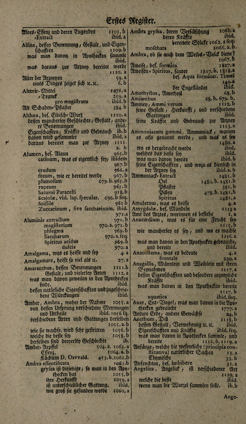 $floe$* €ffeni unb beren $ugenben i io;. b #Extrad ibid. ä Alfine, beffen Benennung, ©effalt, unb ©gen* , fchafft'en ,*«. »^(b wa$ man banon in 5fpothecren fammle ibid. wa$ barau$ $ur 2lrsnep bereifet werbe ii io. a $llter ber 2lr&amp;nepen *9-a eines SingeS setzet |id> K.ic. 6. b Alterir- Riffel 147*.a *§ranef # 259. a pro magiftratu ibid. b 5Uf ©<haben*sJ}fla|ler 384 b Althaea, bef. Sibififc BSutft 111 o. a beffen mqncbcrlep ©efd)lecbte, ©eflalt / anbe* re Benennungen ibid. ©genfcbafften, Ärdffte unb ©ebrauch # jb.b ' bcwon wirb gefammlet ibid. a * fcovauS bereitet man $ur 5trjnep im* a. b Alumen, bef. 5Ilaun 96^*b cätinum, Wa$ eS eigentlich fcp, ibidem 967 b crudum 966. a fecum, wie er bereitet werbe 967.b plumofum 679-b-9^f*b rupeum 5?6f.b Saturni Paracelfi 918*b Scajotee, vid. lap.fpecular. 696. b feq. Sciflile # 96s[-b Zuccarinum , five faccharinum, ibid. 971.a Aluminis extra&amp;um 971 •b magifterium 97o.a. 971. b phlegma 9 69. b Saccharum 970. a. fea. Spiritus acidus $>69.0 dulcis 970. a Amalgama, was es heiffe unb fet) . 4. a Amalgamare, bcifft fo t>icl alS JC. 27. a Amaranthus, beffen Benennungen 1111 .b ©eflalt / unb melerlep 5lrfen 1112. a was man bdbon juweilen in ben SIpotbecfen finbe. ibid. beffen natürliche ©genfchafften unb&amp;ugefcbrie* bene BSürcfungen ibid. 3lmber, Ambra, moberber Sabine 105;.a bon beffen Urfprung t>etfd>ieöene $0?epnungen unbUrtbeile ibid. iof6fq. oerfchiebene Wirten unb (Gattungen bcrfelben 105^.a.b wie ffe madjfe, wirb febr gekritten 1056. b welche Die beffe fct> 1058.b berfelben finb breperlep ©erfechte ib. $lmber> Slepffel 504-a< 1065. a (jüffenj. 1064. a.b Büchlein D. Oswald. 45 3. b. 1061.b Ambra eflentificata io6f.b gryfea iff biejenige , fo man in ben 2lpo* tbecfen bat io^.b ihre #erfunfft 10^9.3 ifl unterfd>ieblicber ©atfung. ibid. wie groß fie gefunben werbe u>6o. a Ambra gryfea, beren Q3erfd(fchung 10£*.\a beren Srdffte ^id. bereitete ©tücfe 1662. ä fe<£ mofchata iö66.a. b Ambra, ob fie auch bem BSeibS^ohl bienej * to6% o ^Imeife , bef. formica 1827. a $(meife‘n* Spiritus, faurer isiy.b. 1818.* bef. Aqua formicar. Timaei I42.a ber (£ngeflanber ioict. Arnethyftus, Stmetbpji 68. b Amianthus 68* b. 679. b. 5lmmep/ Ammi verum 1H2.b feine ©ejlalt, dperfünfft , unb »ergebene Gattungen ibid. feine ^raffte unb ©ebrauch &amp;ur Slrjnet) Hi3.a Ammoniacüm gummi, 5lmmoniacf 1 warum es alfo genannt werbe, unb was es fep 1480. a wo es hergebracht werbe - ibid. welches bas befle fep ibid. mad man baoon bereite ibid. b feine (Sigenfchafften, unb moju eö bienlid? in ber 9lr$nep fcp 5lmmonia^Extradl £>el ^flaffcr  Rillen Spiritus Amuletüui, ma^ eö beiffe Amygdalae, bef. 9#anbcln 5lmt beö ^irjteö / morinnen eö befiele Anacardium, ma$ e^ für eine Jrucbt ibid.a.b 1481.b 1480. b. 148 i-b 38r.b 478- b. 148 *.b i48‘*a 4*a 1113 a 1. a fet> ni^.b mie mand;er(ep e^ fet> t unb mo e^ macbfe , 1116. a ma^ man baoon in ben ^Ipotbecfcn gebrauche, unb bereite ibid. Anacollema, ma^ eö bebeute 7 4. a frontale 230. a Anagallis, ^dnnletn unb BSeiblein mit ihren Bepnabmen ui7.a beffen 0genfcbafften unbbefonbere arjneplicbe ^raffte * ibid. m$ man babon in ben ^Ipothccfen ■ bereite 1117. b aquatica ibid, feq. Anas, (£nt*Q3oge(, ma^ man bat>oninbie5lpo* thecfen gebrauche 1777. a 5lrtberc €rbe, anbere ©emdchfe 24. b Anethum, ä)iU iu8.b beffen ©ejtalt, Bermebrung :c. rc. ibid. ^igenfchafften unb straffte ibid. feq. maö man bauon in ^pothecfen fammle, unb bereite niib.in^a $lnfdnge, melcbe bie mefentlid)e fprincipiacon- ftitutiva) natürlicher 0ad;en 13. a €bt)mifche 33. b 3lnfeud)ten, bef. imbibere 3i.a Angelica, Slngelicf / ifl oerfchiebener 2lrt x H19. a welche bie beffe ibid. wenn man bie B3ur&amp;e( fammlen folle. ib. b Ange-