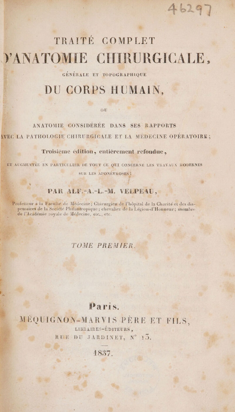 TRAITÉ COMPLET YANATOMIE CHIRURGICALE, DU CORPS HUMAIN, : 3 5 OU Ce ANATOMIE CONSIDÉRÉE DANS SES RAPPORTS Troisième édition, entièrement refondue , ns d re Un ÉD AUGMENTÉE EN PARTICULIER DE TOUT CE QUI CONCERNE LES TRAVAUX MODERNES SUR LES APONÉVROSES à F J 4 1 ‘ + PAR ALF.-A.-L.-M. VEUPEA (2 4 vo! esseur à la Faculté $ de Médecine; Chir urgien de L'hôpital de la Charité à des dis pensaires de la Société Philañtropique : chevalier de la Légion-d'Honneur; membre de l’Académie royale de Médecine, etc, , ete. &lt; &gt; Fe F: TOME PREMIER. j À + * V2 $ à . Paris. .: MÉQUIGNON-MARVIS PÈRE ET FILS, 4 ; LIBRAIRES-É DITEURS , à RIME: DU JARDINET, N° 193, A À rs 1837.