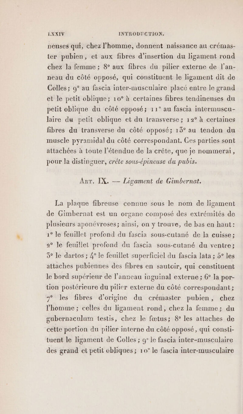 neuses qui, chez l’homme, donnent naissance au crémas- ter pubien, et aux fibres d'insertion du ligament rond chez la femme ; 8° aux fibres du pilier externe de l’an- neau du côté opposé, qui constituent le ligament dit de Colles ; 9° au fascia inter-musculaire placé entre le grand et le petit oblique; 10° à certaines fibres tendineuses du petit oblique du côté opposé; 11° au fascia intermuscu- lare du petit oblique et du transverse ; 12° à certaines fibres du transverse du côté opposé; 13° au tendon du muscle pyramidal du côté correspondant. Ces parties sont attachées à toute l'étendue de la crête, que je nommerai, pour la distinguer, crête sous-épineuse du pubis. Art. IX. — Ligament de Gimbernat. La plaque fibreuse connue sous le nom de ligament de Gimbernat est un organe composé des extrémités de plusieurs aponévroses; ainsi, on y trouve, de bas en haut: 1° le feuillet profond du fascia sous-cutané de la cuisse ; 9° le fewiliet profond du fascia sous-cutané du ventre: 5° le dartos ; 4° le feuillet superficiel du fascia lata ; 5° les attaches pubiennes des fibres en sautoir, qui constituent le bord supérieur de l'anneau inguinal externe ; 6° la por- tion postérieure du pilier externe du côté correspondant ; 7 les fibres d’origine du crémaster pubien, chez l’homme ; celles du ligament rond, chez la femme; du subernaculum testis, chez le fœtus; 8° les attaches de cette portion du pilier interne du côté opposé, qui consti- tuent le ligament de Golles ; 9° le fascia inter-musculaire des grand et petit obliques ; 10° le fascia inter-musculaire