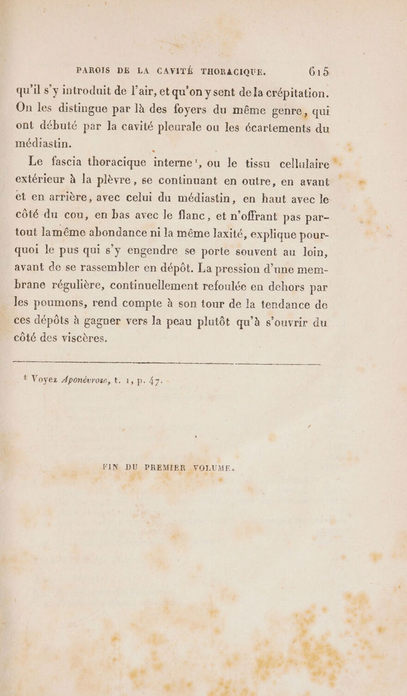 qu'il s’y introduit de l'air, et qu'on y sent dela crépitation. On les distingue par là des foyers du même genre ; qui ont débuté par la cavité pleurale ou les écartements du médiastin. ; Le fascia thoracique interne', ou le tissu cellulaire extérieur à la plèvre, se continuant en outre, en avant et en arrière, avec celui du médiastin, en haut avec le côté du cou, en bas avec le flanc, et n’offrant pas par- tout lamême abondance ni la même laxité, explique pour- quoi le pus qui s’y engendre se porte souvent au loin, avant de se rassembler en dépôt. La pression d’une mem- brane régulière, continuellement refoulée en dehors par les poumons, rend compte à son tour de la tendance de ces dépôts à gagner vers la peau plutôt qu’à s'ouvrir du côté des viscères. ? Voyez Aponévrose, t. 1, p. 47. ‘ . À ‘ FIN DU PREMIER VOLUME, y ” +” pl Ds à # . À % 4 % ? # % #* ss € + # e LA à } à - LA L