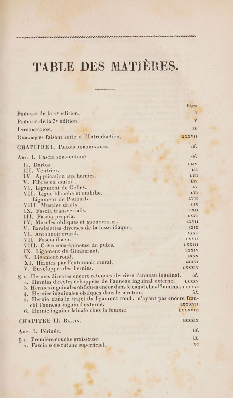 AAA AAA AAA AAA AVS AA AV UV AA AAA AAA AA AAA SAN AAA AUS AAA A AAA AS VUS TABLE DES MATIÈRES. Pages Paérace de la 2e édition. * Prérace de la 5° édition. v INTRODUCTION. é « IX Remarques faisant suite à PIntroduction. XXXVII CHAPITRE I. Parois ABDOMINALES. id. Ant. I. Fascia sous-cutané. à” id. IT, Dartos. XLIV III. Ventrier. , LIT IV. Application aux hernies. LH V. Fibres en sautoir. r. LIV VI. Ligament de Colles. LV VII. Ligne blanche et ombilie. LVI Ligament de Poupart.. LVII VIII. Muscles droits. LIX IX. Fascia transversalis. LXII LIT, Fascia propria. UXVI IV. Muscles obliques et aponévroses. LXVII V. Bandelettes diverses de la fosse iliaque. LXIX VI. Antonnoir crural. LXXI VII. Fasciailiaca. UXXII VIII. Crête sous-épineuse du pubis, LXXITI IX. Ligament de Gimbernat. UXXIV X. Ligament rond. LXXV XI. Hernies par l’entonnoir crural. LXXVI V. Enveloppes des hernies. LXXXIV $ 1. Hernies directes encore retenues derrière l’anneau inguinal. id. &gt;. Hernies directes échappées de l’anneau inguinal externe. £xxxv 3. Hernies inguinales obliques encor dansle canal chez l’homme. xxxvi 4. Hernies inguinales obliques dans le scrotum. id. 5. Hernie dans le trajet du ligament rond, n’ayant pas encore fran- chi l’anneau inguinal externe. LXX XVII 6. Hernie inguino-labiale chez la femme. LXX XVIII CHAPITRE II, Bassin. LXXXIX Arr. |. Périnée. id. $ 1. Première couche graisseuse. | id. 2. Fascia sous-cutané superficiel. x Là A . 4 dt a