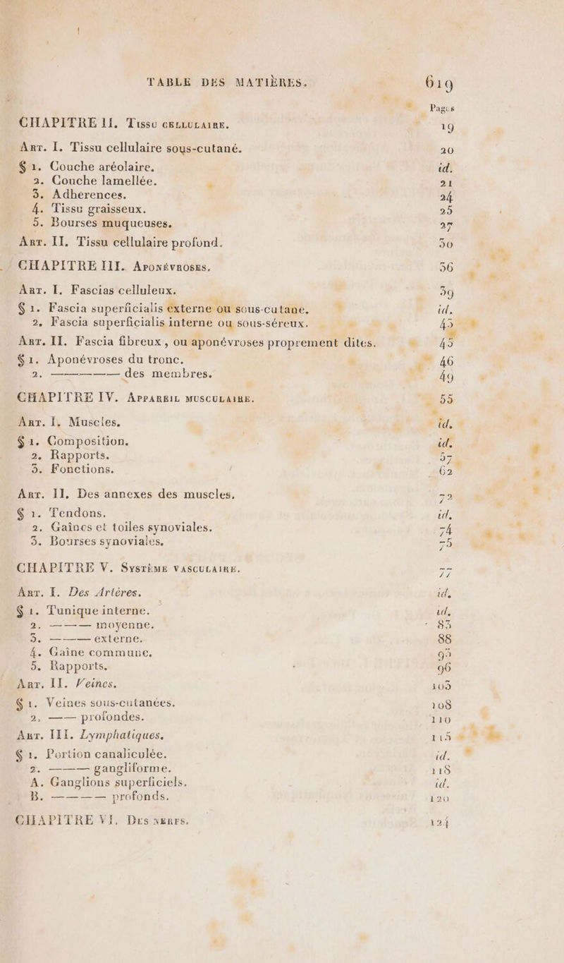 V Pages age CHAPITRE 11. Tissu esciucaie. n°19 Arr. [. Tissu cellulaire sous-cutané. 20 $ 2. Couche aréolaire, id. 3. Couche lamellée. à 21 3. Adhérences. 24 4. Tissu graisseux. 25 5. Bourses muqueuses. 7 Arr. II. Tissu cellulaire profond. 30 CHAPITRE III. APonÉvROSES, 36 Arr, |. Fascias celluleux. 59 | . 4 ° Je r s « $ 1. Fascia superfcialis éxterne ou sous-cutané, id, 2. Fascia superfcialis interne ou sous-séreux. . 458 Anr. II. Fascia fibreux , ou aponévroses proprement dites. D 45 $1. Aponévroses du tronc. | . 46 2, ————— des membres. 49 nn. CHAPITRE IV. APPAREIL MUSCULAIRE, É55 + Anr. I, Muscles, 4 AE $1. Composition, | id. 2 Rapports. 52 5. Fonctions. … 62 Arr. 11, Des annexes des muscles, ne. $ 1. Tendons. id, 2. Gaînes et toiles synoviales. “4 3. Bourses synoviales, 79 CHAPITRE V. SYSTÈME VASCULAIRE, a Arr. I. Des Artéres. il $ 1. Tuniqueinterne. u, 2. ——— moyenne, 198 3. ——— externe, 88 4. Gaîne commune. 9 5. Rapports. 96 Anr, II. Veincs. 103 $ 1. Veines sous-cutanées. 108 2, —— profondes. 110 Aur. III. Lymphatiques. 115 $ 1. Portion canaliculée. à 2. ——— gangliforme. 118 A. Ganglions superliciels. id. B. ———— profonds. 120 CHAPITRE VI, Des xenrs. 124