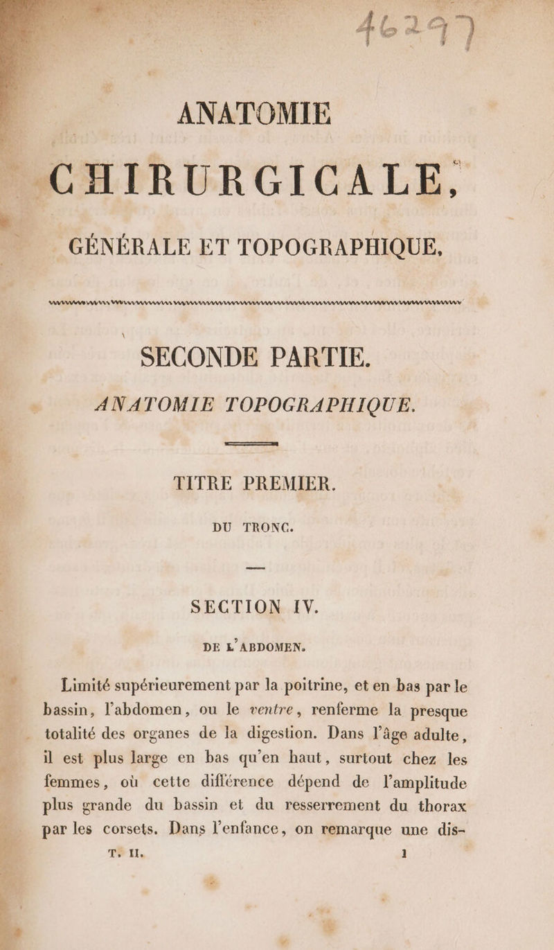 ANATOMIE | CHIRURGICALE, GÉNÉRALE ET TOPOGRAPHIQUE, AAA AA AN BA IANANAR AAA AAA AAA AR AIR RAA AA AR AA ARR AN RARAAR ANAAA SECONDE PARTIE. ANATOMIE TOPOGRAPHIQUE. TITRE PREMIER. DU TRONC. SECTION IV. DE L’ABDOMEN. Limité supérieurement par la poitrine, et en bas par le bassin, l'abdomen, ou le ventre, renferme la presque il est plus large en bas qu'en haut, surtout chez les femmes, où cette différence dépend de l’amplitude plus grande du bassin et du resserrement du thorax par les corsets. Dans l'enfance, on remarque une dis-