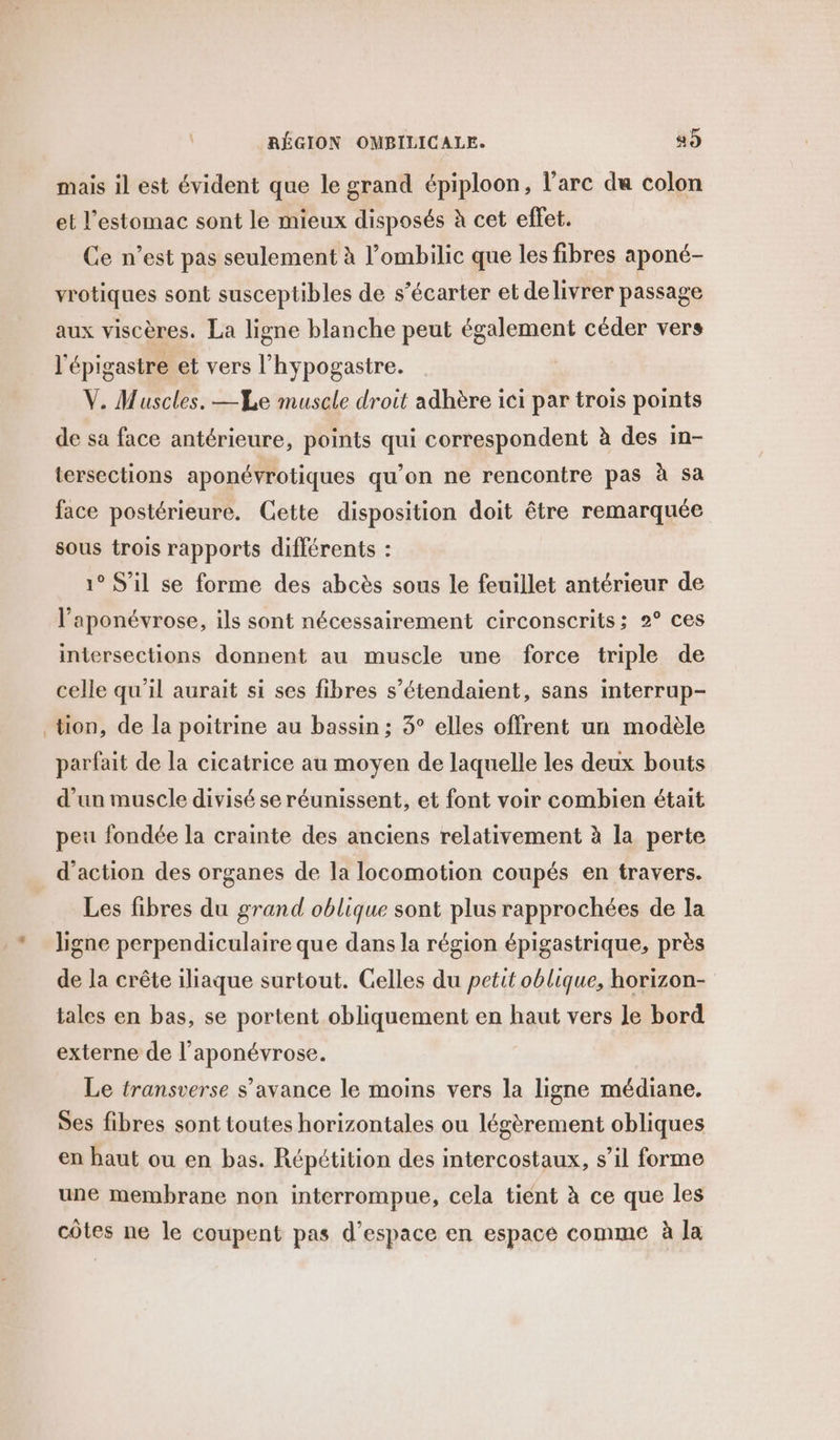 mais il est évident que le grand épiploon, l'arc du colon et l'estomac sont le mieux disposés à cet effet. Ce n’est pas seulement à l’ombilic que les fibres aponé- vrotiques sont susceptibles de s’écarter et delivrer passage aux viscères. La ligne blanche peut également céder vers l'épigastre et vers l’hypogastre. | V. Muscles. —Le muscle droit adhère ici par trois points de sa face antérieure, points qui correspondent à des in- tersections aponévrotiques qu’on ne rencontre pas à sa face postérieure. Cette disposition doit être remarquée sous trois rapports différents : 1° S'il se forme des abcès sous le feuillet antérieur de l’aponévrose, ils sont nécessairement circonscrits; 2° ces intersections donnent au muscle une force triple de celle qu'il aurait si ses fibres s’étendaient, sans interrup- tion, de la poitrine au bassin ; 3° elles offrent un modèle parfait de la cicatrice au moyen de laquelle les deux bouts d’un muscle divisé se réunissent, et font voir combien était peu fondée la crainte des anciens relativement à la perte d'action des organes de la locomotion coupés en travers. = Les fibres du grand oblique sont plus rapprochées de la ligne perpendiculaire que dans la région épigastrique, près de la crête iliaque surtout. Celles du petit oblique, horizon- tales en bas, se portent obliquement en haut vers le bord externe de l’aponévrose. Le transverse s’avance le moins vers la ligne médiane. Ses fibres sont toutes horizontales ou légèrement obliques en haut ou en bas. Répétition des intercostaux, s’il forme une membrane non interrompue, cela tient à ce que les côtes ne le coupent pas d'espace en espace comme à Ja