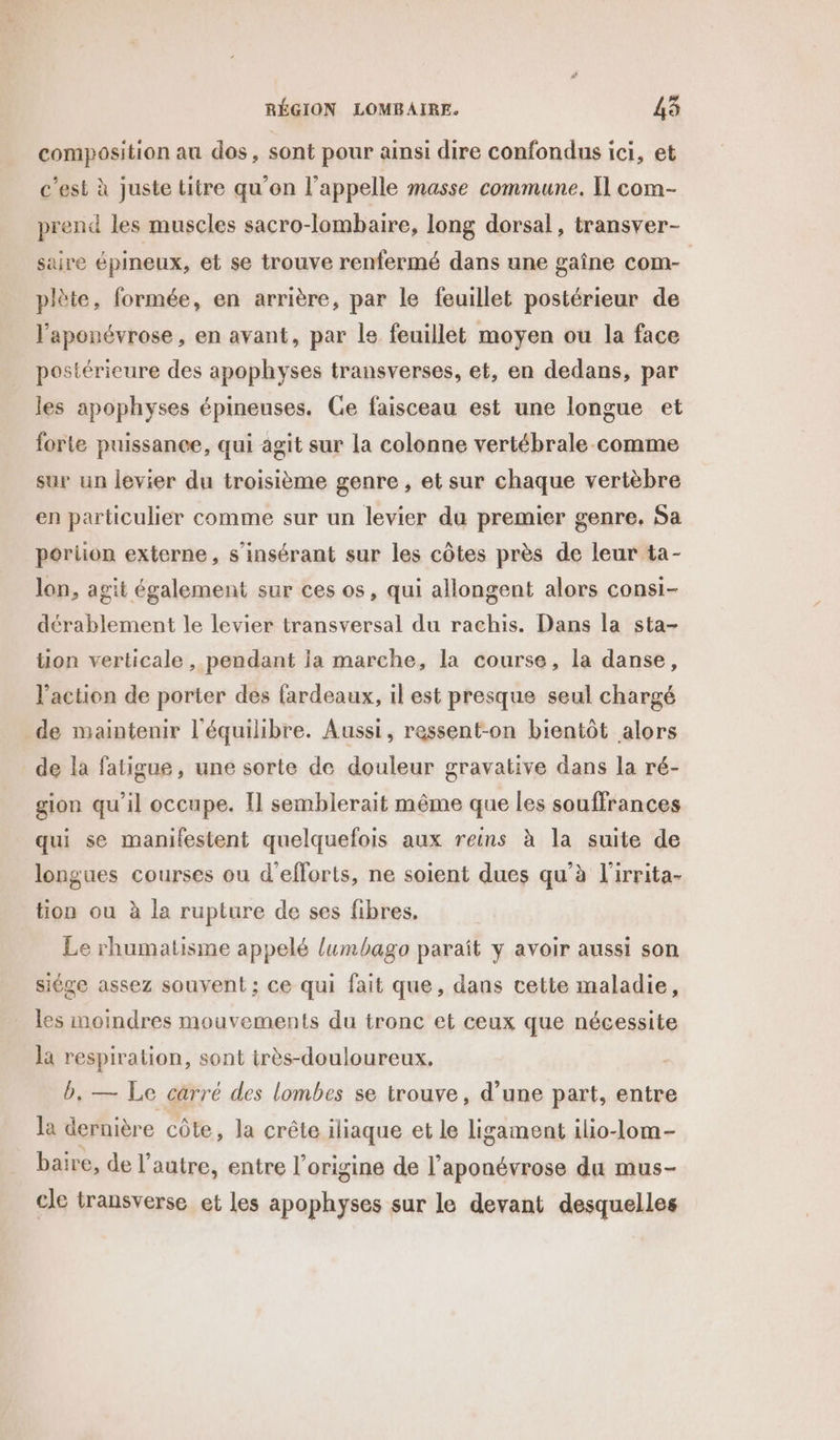 composition au dos, sont pour ainsi dire confondus ici, et c’est à juste titre qu'on l'appelle masse commune. I com- prend les muscles sacro-lombaire, long dorsal, transver- saire épineux, et se trouve renfermé dans une gaîne com- plète, formée, en arrière, par le feuillet postérieur de l’aponévrose, en avant, par le feuillet moyen ou la face postérieure des apophyses transverses, et, en dedans, par les apophyses épineuses. Ge faisceau est une longue et forte puissance, qui agit sur la colonne vertébrale comme sur un levier du troisième genre , et sur chaque vertèbre en particulier comme sur un levier du premier genre, Sa portion externe, s'insérant sur les côtes près de leur ta- lon, agit également sur ces os, qui allongent alors consi- dérablement le levier transversal du rachis. Dans la sta- tion verticale , pendant la marche, la course, la danse, l’action de porter dés fardeaux, il est presque seul chargé de maintenir l'équilibre. Aussi, ressent-on bientôt alors de la fatigue, une sorte de douleur gravative dans la ré- gion qu’il occupe. Il semblerait même que les souffrances qui se manifestent quelquefois aux reins à la suite de longues courses ou d'efforts, ne soient dues qu’à l'irrita- tion ou à la rupture de ses fibres. Le rhumatisme appelé lumbago paraît y avoir aussi son siége assez souvent; ce qui fait que, dans cette maladie, les moindres mouvements du tronc et ceux que nécessite la respiration, sont très-douloureux, b, — Le carré des lombes se trouve, d’une part, entre la dernière côte, la crête iliaque et le ligament ilio-lom- baire, de l’autre, entre l'origine de l’aponévrose du mus- cle transverse et les apophyses sur le devant desquelles