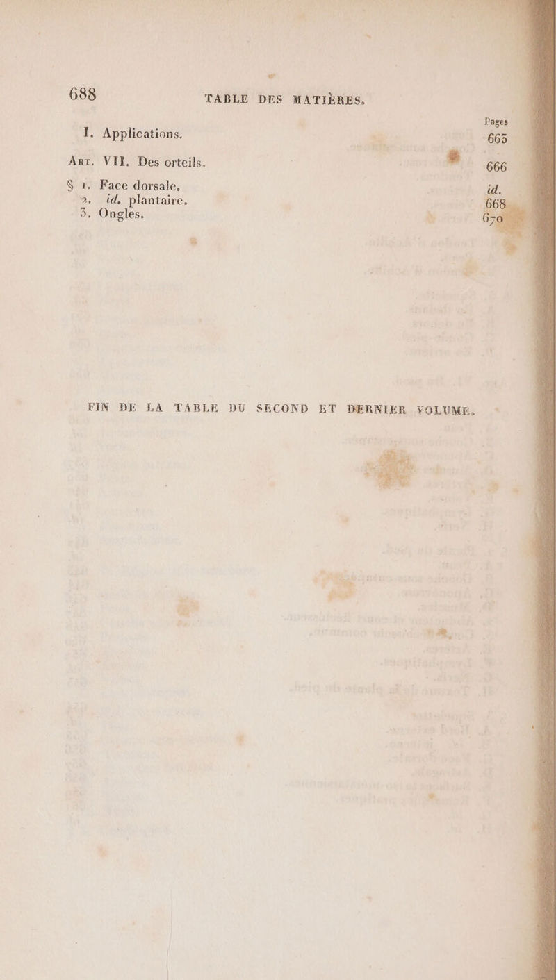 Æ 688 TABLE DES MATIÈRES. Pages I. Applications. “à 66 Art. VII, Des orteils. 666 $ 1. Face dorsale, t. FOR 2. id, plantaire, es ob 5. Ongles. Ÿ 7 &amp; FIN DE LA TABLE DU SECOND ET DERNIER VOLUME. + Fo ” fs