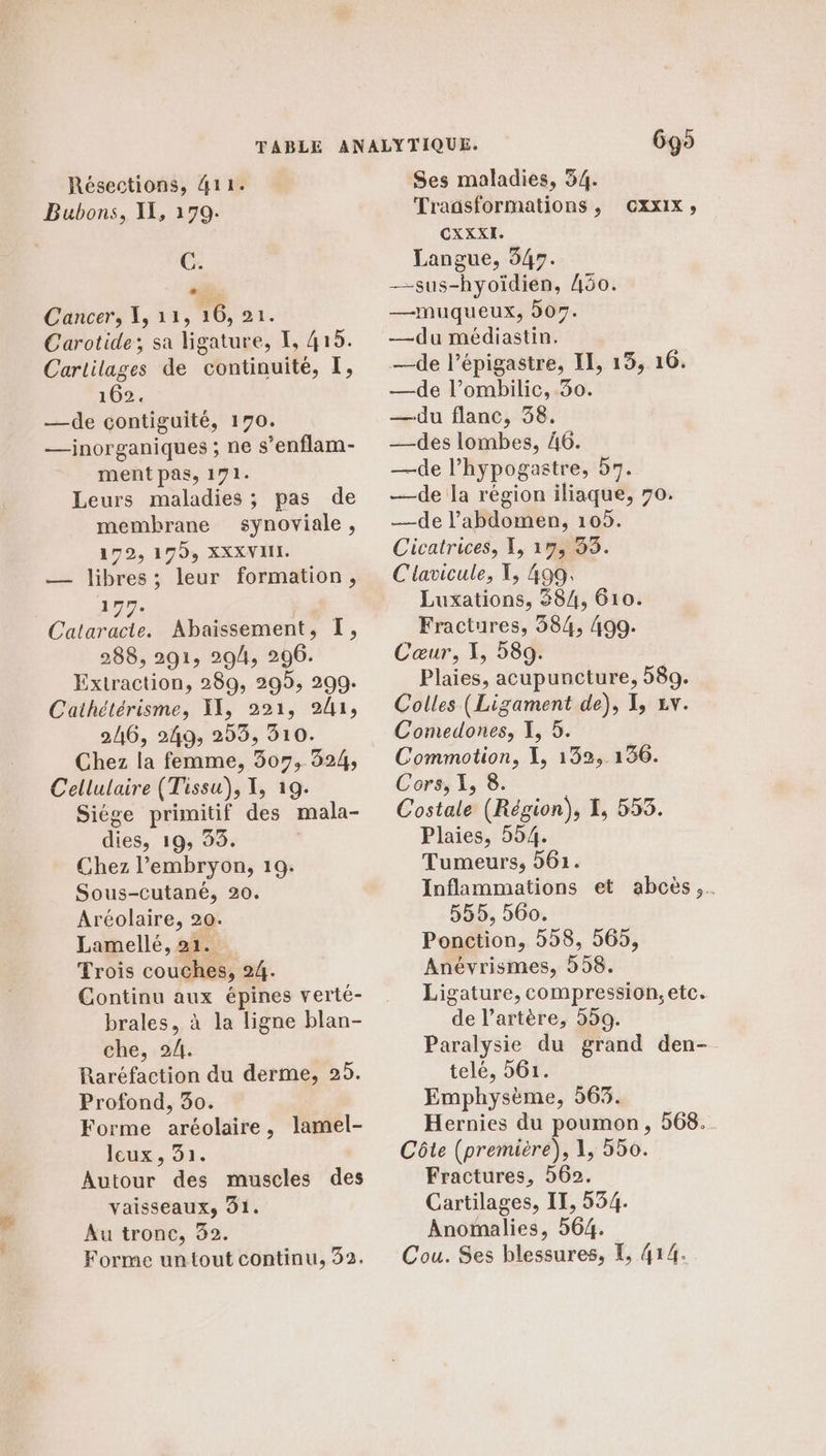 Bubons, IL, 179. C. Cancer, 1, 11, 16, 21. Carotide; sa ligature, I, 415. Carlilages de continuité, I, 162. —de contiguité, 170. —inorganiques ; ne s’enflam- ment pas, 171. Leurs maladies; pas de membrane synoviale, 172, 179, XXXVIIL. — libres; leur formation, 177. Cataracte. Abaissement, I, 288, 291, 29/4, 206. Extraction, 289, 295, 299. Cathétérisme, XX, 221, 241, 246, 249; 253, 310. Chez la femme, 307, 324, Cellulaire (Tissu), X, 19. Siége primitif des mala- dies, 19; 93. Chez l'embryon, 19: Sous-cutané, 20. Aréolaire, 20. Lamellé, 21. Trois couches, 24. Continu aux épines verté- brales, à la ligne blan- che, 24. Raréfaction du derme, 25. Profond, 30. Forme aréolaire, lamel- leux , 31. Autour des muscles des vaisseaux, 01. Au tronc, 32. Forme untout continu, 32. Ggo Traasformations , CXXXI. Langue, 347. —sus-hyoïdien, {50. —muqueux, 507. CXXIX » —de l’épigastre, I, 13, 16. —de l’hypogastre, 57. —de l'abdomen, 105. Cicatrices, X, 157, 33. Clavicule, T, 499, Luxations, 38/4, 610. Fractures, 584, 499. Cœur, X, 589. Plaies, acupuncture, 589. Colles (Ligament de), I, zv. Comedones, I, 5. Commotion, 1, 132, 136. Cors, 1, 8. Costale (Région), I, 553. Plaies, 554. Tumeurs, 261. Inflammations et abcès.. 555, 560. Ponction, 598, 565, Anévrismes, 558. Ligature, compression, etc. de l'artère, 550. Paralysie du grand den- telé, 561. Emphysème, 563. Hernies du poumon, 568.. Côte (première), 1, 550. Fractures, 562. Cartilages, IT, 534. Anomalies, 564. Cou. Ses blessures, I, 414.