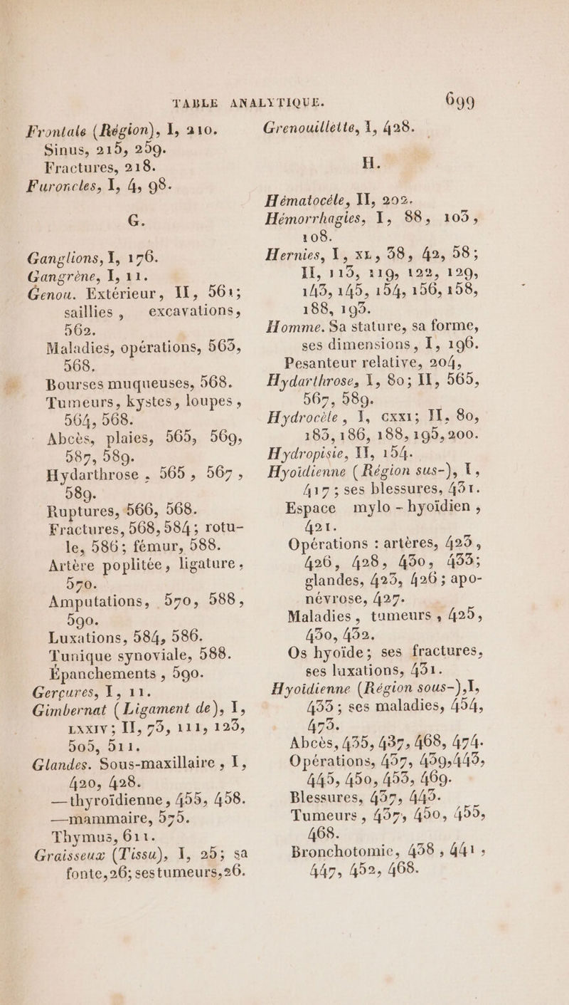 TABLE Frontale (Région), 4, 310. Sinus, 215, 299. Fractures, 218. Furorcles, 1, 4, 98. G. Ganglions, 1, 176. Gangrène, I, 11. Genou. Extérieur, I, 561; saillies , excavalions, 302. Maladies, opérations, 565, 568. Bourses muqueuses, 568. Tumeurs, kystes, loupes, 564, 568. Abcès, plaies, 565, 569, D87, 589. Hydarthrose . 565, 567, 989. Ruptures, 566, 568. Fractures, 508, 584 ; rotu- le, 586; fémur, 588. Artère poplitée, ligature , 550. Amputations, 570, 588, 590. Luxations, 584, 586. Tunique synoviale, 588. Épanchements , 590. Gerçcures, T, 11. Gimbernat ( Ligament de), Y, LxXIY ; II, 795, 111, 12, DS. DEA, Glandes. Sous-maxillaire , EL, 420, 428. — thyroïdienne , 455, 458. —mammaire, 575. Thymus, 611. Graisseux (Tissu), 1: sa fonte, 26; sestumeurs,°6. 699 Grenouilleite, À, 428. H. Hématocéle, IX, 202. Hémorrhagies, I, 88, 109, 108. Hernies, 1, x£, 38, 42, 58; Il, 119, 219; 122, 120, 143, 145, 154, 156, 158, 188, 199. Homme. Sa stature, sa forme, ses dimensions, 1, 196. Pesanteur relative, 204, Hydarthrose, X, 80; IL, 565, 565, 589. Hydrocèle, 1, cxx1; I, 80, 183, 186, 188, 199,200. Hydropisie, 4, 154. Hyoidienne (Région sus-), V, 417 ; ses blessures, 431. Espace mylo -hyoïdien , 421. Opérations : artères, 423, 426, 428, 450, 495; glandes, 425, 426 ; apo- névrose, 427. Maladies, tumeurs , 429, 430, 452. Os hyoïde; ses fractures, ses luxations, 431. Hyoidienne (Région sous-), 1, 435 ; ses maladies, 454, 475. Abcès, 435, 437, 468, 474. Opérations, 457, 459,445; 445, 450, 453, 469. Blessures, 457, 445. Tumeurs , 457, 450, 455, 468. Bronchotomie, 438 , 441 : A7, 452, 468.