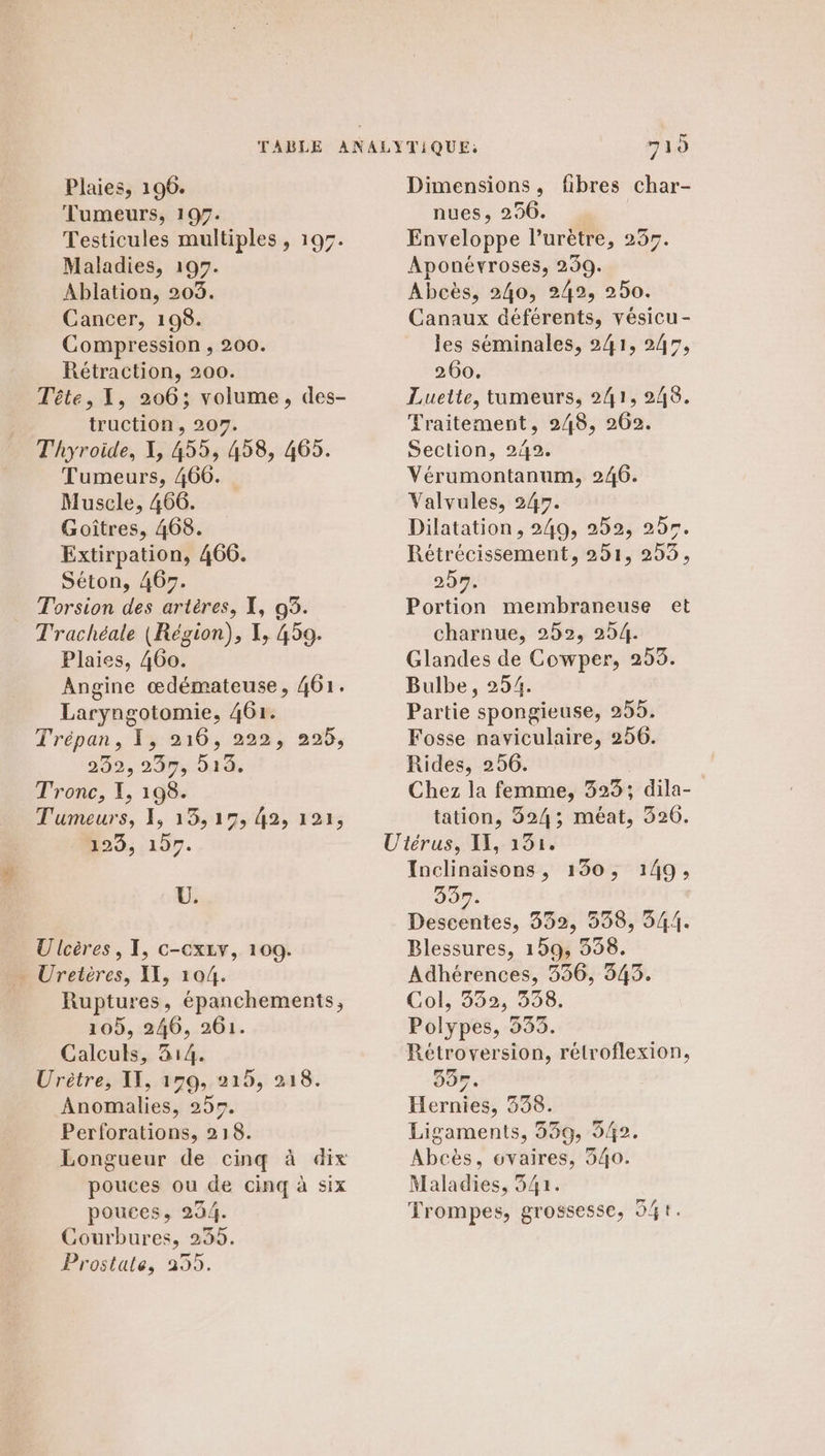 Tumeurs, 197. Testicules multiples , 195. Maladies, 197. Ablation, 203. Cancer, 198. Compression , 200. Rétraction, 200. Tête, 1, 206; volume, des- truction , 207. Thyroide, X, 455, 458, 465. Tumeurs, 460. Muscle, 466. Goîtres, 4068. Extirpation, 466. Séton, 467. Torsion des artères, I, 93. Trachéale (Région), I, 459. Plaies, 460. Angine œdémateuse, 461. Laryngotomie, 461. Trépan, T3 216, 222, 295, 292. 2475 919: Tronc, I, 198. Tumeurs, X, 13, 17, 42, 121, 129; 197. U. Ulcères, 1, c-cxLv, 109. - Ureières, XX, 104. Ruptures, épanchements, 105, 240, 261. Calculs, 414. Urètre, IT, 179, 219, 218. Anomalies, 25r. Perforations, 218. Longueur de cinq à dix pouces ou de cinq à six pouces, 234. Courbures, 239. Prostale, 255. 719 nues, 290. Enveloppe lurètre, 237. Aponévroses, 299. Abcès, 240, 242, 250. Canaux déférents, vésicu- les séminales, 241, 247, 260. Lueite, tumeurs, 241, 248. Traitement, 248, 202. Section, 242. Vérumontanum, 246. Valvules, 547. Dilatation, 249, 252, 257. Rétrécissement, 251, 253, 29% Portion membraneuse et charnue, 252, 254. Glandes de Cowper, 253. Bulbe, 254. Partie spongieuse, 255. Fosse naviculaire, 256. Rides, 256. Chez la femme, 323; dila- tation, 324; méat, 326. Utérus, IX, 134. Inclinaisons, 130, 149, 397. Descentes, 332, 538, 344. Blessures, 159, 398. Adhérences, 336, 343. Col; 353, 538, Polypes, 533. Rétroversion, rélroflexion, 33%. Hernies, 338. Ligaments, 539, 542. Abcès, ovaires, 340. Maladies, 341. Trompes, grossesse, 54t.