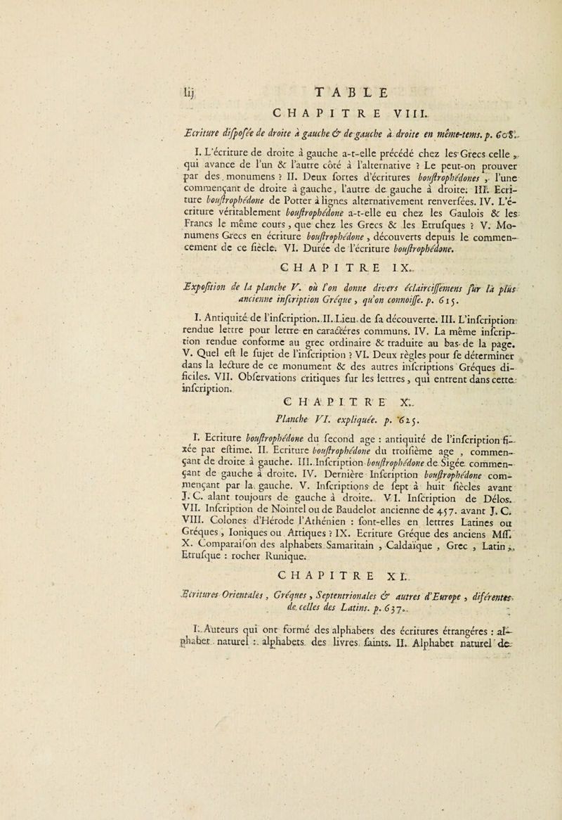 li ) TABLE CHAPITRE VIII.. Ecriture difpofée de droite À gauche &amp; de gauche d droite en même-tems. p. 6o'Sb I. L’écriture de droite à gauche a-t-elle précédé chez les-Grecs celle , qui avance de l’un &amp; l’autre côté à l’alternative ? Le peut-on prouver par des. monumens ? IL Deux fortes d’écritures bouftrophédones l’une commençant de droite à gauche, l’autre de gauche à droite. IIL Ecri¬ ture bouftrophédone de Potter alignes alternativement renverfées. IV. L’é¬ criture véritablement bouftrophédone a-t-elle eu chez les Gaulois &amp; les Francs le même cours, que chez les Grecs &amp; les Etrufques ? V. Mo¬ numens Grecs en écriture bouftrophédone , découverts depuis le commen¬ cement de ce fiècie. VI. Durée de l’écriture bouftrophédone. CHAPITRE IX.. Expofttion de la planche V. où l'on donne divers éclairciftemens fur là plus ancienne infcription Gréque , qu’on connoiffe. p. 615. I. Antiquité, de l’infcription. . IL Lieu, de fa découverte. III. L’infcription rendue lettre pour lettre en caraétéres communs. IV. La même infcrip¬ tion rendue conforme au grec ordinaire &amp; traduite au bas- de la page. V. Quel eft le fujet de l’infcription ? VI. Deux règles pour fe déterminer dans la leéture de ce monument &amp; des autres infcriptions Gréques di- ficiles. VII. Obfervations critiques fur les lettres, qui entrent danscetta.: infcription. C H A P I T R E XL Planche VI. expliquée, p. &lt;j 2 5. I. Ecriture bouftrophédone du fécond âge : antiquité de l’infcription fi¬ xée par eftime. IL- Ecriture bouftrophédone du troifième âge , commen¬ çant de droite à gauche. IIL.Infcription bouftrophédone de Sigée commen¬ çant de gauche à droite. IV. Dernière Infcription bouftrophédone com¬ mençant par la, gauche. V. Infcriptions de fept à huit fiècles avant J. C. alant toujours de gauche à droite. V I. Infcription de Délos. VIL Infcription de Noinreloude Baudelot ancienne de 457. avant J. C. VIII. Colones d’Hérode l’Athénien : font-elles en lettres Latines ou Greques, Ioniques ou Artiques ? IX. Ecriture Gréque des anciens MC X. Comparaison des alphabets Samaritain , Caldaïque , Grec , Latine, Etrufque : rocher Runique. CHAPITRE XI.. Ecritures Orientales, Gréques, Septentrionales &amp; autres d'Europe , diférentis- de. celles des Latins, p. 637., L. Auteurs qui ont formé des alphabets des écritures étrangères : aï— p.habet naturel :. alphabets des livres faims. IL Alphabet naturel'de-