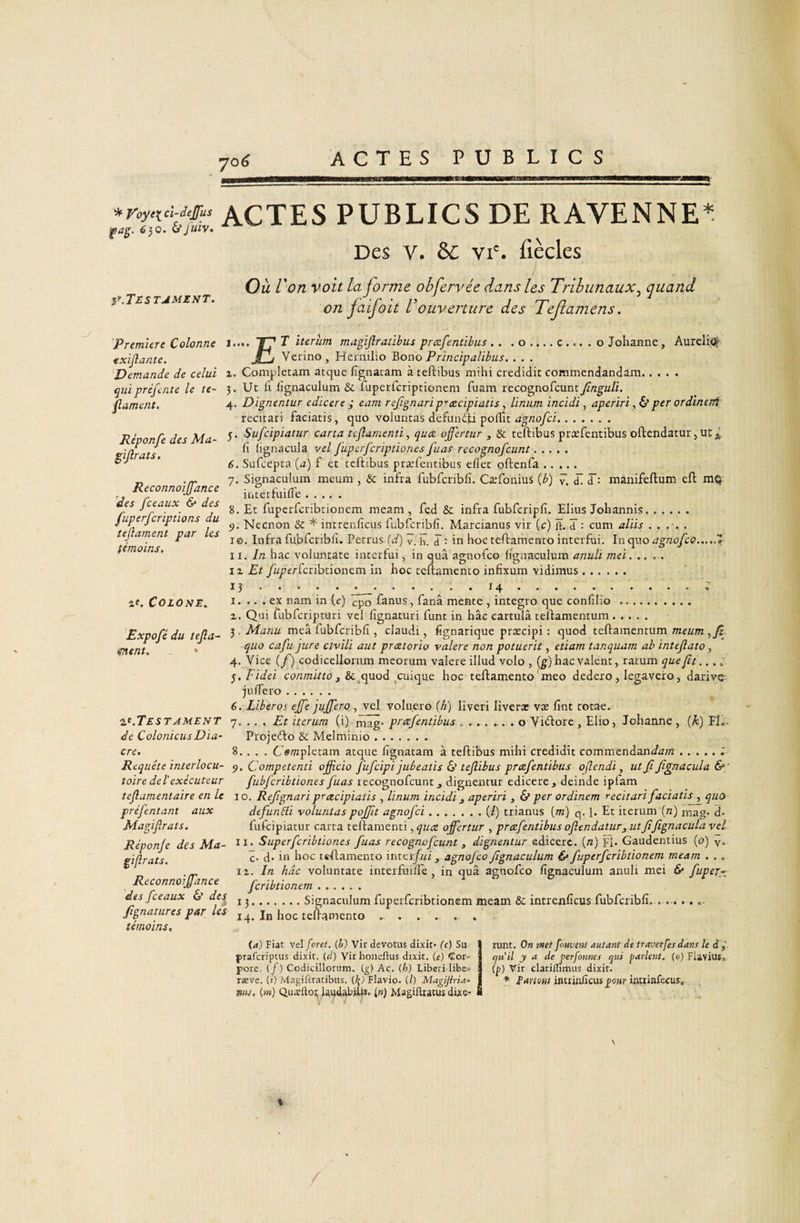 yo6 ACTES PUBLICS actes publics de ravenne^ fa^. 6)0, Ojuiv. * Des V. &amp;C VI'. flècles Ou l'on voit la forme obfervée dans les Tribunaux^ quand on jaifoit Vouverture des Tejlamens. if.TESTAMZNT. Première Colonne txijiante. Demande de celui qui préfente le te- fament. Réponfe des Ma- ^ijlrats. Reconnoijfance des fceaux 6* des fuperfcriplions du tefîament par les témoins. T iterîim mafijlraùbus preefentibus . . c.... O Johanne, Aureli&lt;ÿ 77 s J Verino, Hernilio Bono Principalibus. i. Completam atquc fignacam à teftibus mihi credidit commendandam. 3. Ut II fignaculum &amp; luperfcriptionem fuam recognofeuntJinguU. 4. Dïgnentur edicere ; eam refignaripreecipiatis, linum incidi, aperiri, 6*per ordinerrt recitari faciatis, quo voluntas defundjd pollît ^o-no/ci. 5. Sufeipiatur carta teflamenti^ quee ojfertur , &amp; teftibus præfentibus oftendatur, fi fignacula vel Juperfcriptlonesfias recognofeunt. 6. Sufeepta (iz) f et teftibus præfentibus effet oftenfa. 7. Signaculum meum , &amp; infra fubfcribfî. Cæfonius {b) 7, di T: raanifeftum eft niQ- interfuifîe. 8. Et fuperfcribtionem meam , fed &amp; infra fubfcripfî. Elius Johannis. 9. Neenon &amp; * intrenfîcus fubfcribfî. Marcianus vir (c) ft. d : cum alüs ..... 10. Infra fubfcribfî. Petrus (d) y. h. d : in hoc teftamento interfui. In qno agnofeo.7 \i. In hac voluntate iuterfui, in quâ agnofeo fignaculum anuli mei..... Et fuperlcnhtionom in hoc teftamento infixum vidimus. IJ • • • : • jL_- ..... 14 • -.« I. ... ex nam in (e) epo fanus, fana mente , integro que confîlio. X. Qui fubfcriptnri vei fîgnaturi funt in hâc cartulâ teftamentum. 3. Manu meâ fubfcribfî, claudi, fîgnarique præcipi : quod teftamentum meum quo cafu jure avili aut preztorio valere non potuerit, etiam îanquam ah intefiato, 4. Vice {f) codicellorum mcorum valete illud volo , (i-) hac valent, ratum que fit.... j. Tidei cu/tmirrn J &amp;.quüd ^cuique hoc teftamento 'meo dedero , legavero, darive juffero. Liberoi ejfe juffero , vel voluero {h) liveri liveræ væ fint cotae. J, ... Et iterum (i) mag. præfentibus ........ o Yidlore , Elio, Johanne , {k) FL- Projefto &amp; Melminio. 8. . . . Csmpletam atque fîgnatam à teftibus mihi credidit commendanJaOT ..... ; 9. Competenti oflcio fufcipijuèeatis tefibus præfentibus oj'lendi, utffgnacula&amp; ' fubfcribtiones fias recognofeunt j dignentur edicere, deinde ipfam tefamentaire en le 10. Refgnari præcipiatis , linum incidi, aperiri, &amp; per ordinem '■ecltari faciatis , quo xe. COLOSE. Expofé du tefla- ment. ‘ ‘IS.TEST AMENE de ColonicusDia- cre. Requête interlocu¬ toire de l'exécuteur préfentant aux Magifrats. Réponfe des Ma giflrats. Reconnoiffance definUi voluntas pofft agnofei.(/) trianus {m) q. f. Et iterum (n) mag. d. fufeipiatur carta teftamenti ,quæ offertur , præfentibus ofendatur 3 ut fifignaculavel- II. Superfcribùones fias recognofeunt , dignentur edicere. (n) pb Gaudentius (o) y c- d. in hoc teftamento inteifni 3 agnojco fignaculum &amp; fuperfcribtionem meam . .. IX. In hâc voluntate interfuifTe , in quâ agnofeo fignaculum anuli mei &amp; fupepz fcribtionem. des fceaux &amp; de^ j ^.Signaculum fuperfcribtionem meam &amp; intrenfîcus fubfcribfî. ... .. .■ fignatiires par les Jn hoc teflamento ...... témoins. (a) Fiat vel foret, (b) Vit devotus dixit. (e) Su praferiptus dixit. (d) Vir honeftus dixit. (e) Cor» pore (/) Codicillonim. (g) Ac. (.h) Liberi libe^ ræve. (i) Magiftratibus. Flavio. (/) Mugijiri.t- »iw, (&gt;») Quællot laudabiîis. in) Magiflratus dixe- runt. On met fouvent autant de traverfes dans le d J qu’il y a de perfonnes qui parlent, (c) Flavius. Ip) Vir clatiffimus dixit. * ImoHt intrinlicus pour inttinfecus. \ %