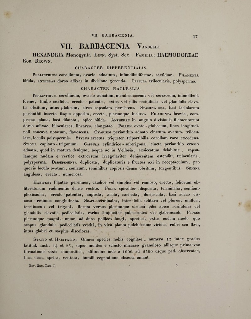 VII. BARBACENIA Vandblu. HEXANDRIA Monogynia Linn. Syst. Sex. Familia: HAEMODOREAE Rob. Brown. CHARACTER DIFFERE NTIALIS. Perianthium corollinnm, ovario adnatum, infundibuliforme, sexfidum. Filamenta bifida, antheras dorso affixas in divisione gerentia. Capsula trilocularis, polysperma. CHARACTER NATURALIS. Perianthium corollinum, ovario adnatum, membranaceum vel coriaceum, infundibuli¬ forme, limbo sexfido, erecto - patente, extus vel pilis resiniferis vel glandulis clava¬ tis obsitum, intus glabrum, circa capsulam persistens. Stamina sex, basi laciniarum periantbii inserta iisque opposita, erecta, plerumque inclusa. Filamenta brevia, com¬ presso-plana, basi dilatata, apice bifida. Antherae in angulo divisionis filamentorum dorso affixae, biloculares, lineares, elongatae. Pollen ovato - globosum, linea longitudi¬ nali concava notatum, flavescens. Ovarium periantbio adnato cinctum, ovatum, trilocu¬ lare, loculis polyspennis. Stylus erectus, triqueter, tripartibilis, corollam raro excedens. Stigma capitato - trigonum. Capsula cylindrico - subtrigona, cincta periantbio crasso adnato, quod in matura denique, aeque ac in Vellosia, exsiccatum delabitur , capsu¬ lamque nudam e vertice extrorsum irregulariter dehiscentem ostendit 5 trilocularis, polysperma. Dissepimenta duplicata, duplicaturis e fructus axi in receptaculum, pro quovis loculo ovatum , conicum, seminibus copiosis dense obsitum, turgentibus. Semina angulosa, erecta , numerosa. Habitus: Plantae perennes, caudice vel simplici vel ramoso, erecto, foliorum ob- literatorum rudimentis dense vestito. Folia spiraliter disposita, terminalia, semiam- plexicaulia, erecto - patentia, angusta, acuta, carinata, duriuscula, basi succo vis¬ coso - resinoso conglutinata. Scapi terminales, inter folia solitarii vel plures, uniflori, teretiusculi vel trigoni, florem versus plerumque obsessi pilis apice resiniferis vel e glandulis clavatis pedicellatis, rarius simpliciter pubescentes vel glabriusculi. Flores plerumque magni, unum ad duos pollices longi, speciosi, extus eodem modo quo scapus glandulis pedicellatis vestiti, in viva planta pulcherrime virides, rubri seu flavi, intus glabri et saepius discolores. • A» V* % Statio et Habitatio: Omnes species nobis cognitae , numero 12 inter gradu3 latitud. austr. 14 et 23, super montes e schisto micaceo granuloso aliisque primaevae formationis saxis compositos, altitudine inde a 1000 ad 5500 usque ped. observatae, loca sicca, aprica, ventosa, humili vegetatione obsessa amant.
