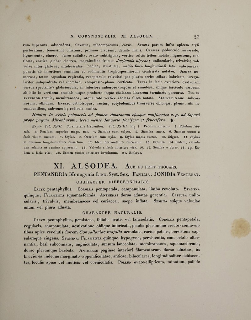 rum superans, adscendens, clavatus, subcompressus, cavus. Stigma parum infra apicem Styli perforatum, tenuissime ciliatum, primum clausum, deinde hians. Capsula pedunculo incrassato, lignescente, cinereo - fusco suffulta, ovato-subtrigona, vertice sulcis tribus notata, lignescens, cor¬ ticata, cortice glabro cinereo, magnitudine fructus Juglandis nigrae,• unilocularis, trivalvis; val¬ vulae intus glabrae, nitidiusculae, badiae, striatulae, medio linea longitudinali lata, subconcava, punctis ah insertione seminum et rudimentis trophospermiorum cicatrisata notatae. Sumina nu¬ merosa, totam capsulam replentia, receptaculo valvulari per plures series affixa, imbricata, irregu- lariter subquadrata vel rhombea, compresso-plana, corticata. Testa in facie exteriore (valvulam versus spectante) glabriuscula, in interiore suberoso-rugosa et rimulosa, ibique fasciculo vasorum ab hilo in verticem seminis usque producto inque chalazam linearem terminato percursa. Tunica interior tenuis, membranacea, atque toto vertice chalaza fusca notata. Albumen tenue, subcar- nosum, albidum. Embryo ortholropus, rectus, cotyledonibus transverse oblongis, planis, sibi in¬ cumbentibus, subvenosis; radicula, conica. Habitat in sylvis primaevis ad flumen Amazonum ejuscjue confluentes e. g. ad Japurd prope pagum Miranharum, lecta mense Januario florifera et fructifera. lj. Explic. Tab. XVII. Corynostylis Hybanthus. Tab. XVIII. Fig. 1. Petalum inferius. 2. Petalum late¬ rale. 3. Petalum superius magn. nat. 4. Stamina cum calyce. 5. Stamina aucta. 6. Stamen unum a facie visum auctum. 7. Stylus. 8- Ovarium cum stylo. 9. Stylus magis auctus. 10. Stigma. 11. Stylus et ovarium longitudinaliter dissectum. 12. Idem horizontaliter discissum. 13. Capsula. 14. Eadem, valvula una ademta ut semina appareant. 15. Valvula a facie interiore visa. 16. 17. Semina a dorso. 18. 1Q. Ea¬ dem a facie visa. 20. Semen tunica interiore involutum. 21. Embryo. XI. ALSODEA. Aub. du petit thouars. PENTANDRIA Monogynia Linn. Syst. Sex. Familia : JONIDIA Ventenat. CHARACTER DIFFEREN TI ALIS. Calyx pentaphyllus. Corolla pentapetala, campanulata, limbo revoluto. Stamina quinque; Filamenta squamaeformia, Antheras dorso adnatas gerentia. Capsula unilo¬ cularis , trivalvis, membranacea vel coriacea, saepe inflata. Semina cuique valvulae unum vel plura adnata. CHARACTER NATURALIS. Calyx pentaphyllus, persistens, foliolis ovatis vel lanceolatis. Corolla pentapetala, regularis, campanulata, aestivatione oblique imbricata, petalis plerumque erecto-conniven- tibus apice revolutis florem Convallariae majalis aemulans, rarius patens, persistens cap¬ sulamque cingens. Stamina: Filamenta quinque, hypogyna, persistentia, cum petalis alter¬ nantia, basi subconnata, unguiculata, sursum lanceolata, membranacea, squamaeformia, dorso plerumque barbata. Antherae paginae interiori filamentorum dorso adnatae, iis breviores indeque marginato - appendiculatae, anticae, biloculares, longitudinaliter dehiscen¬ tes, loculis apice vel muticis vel corniculatis. Pollen ovato-ellipticum, minutum, pallide