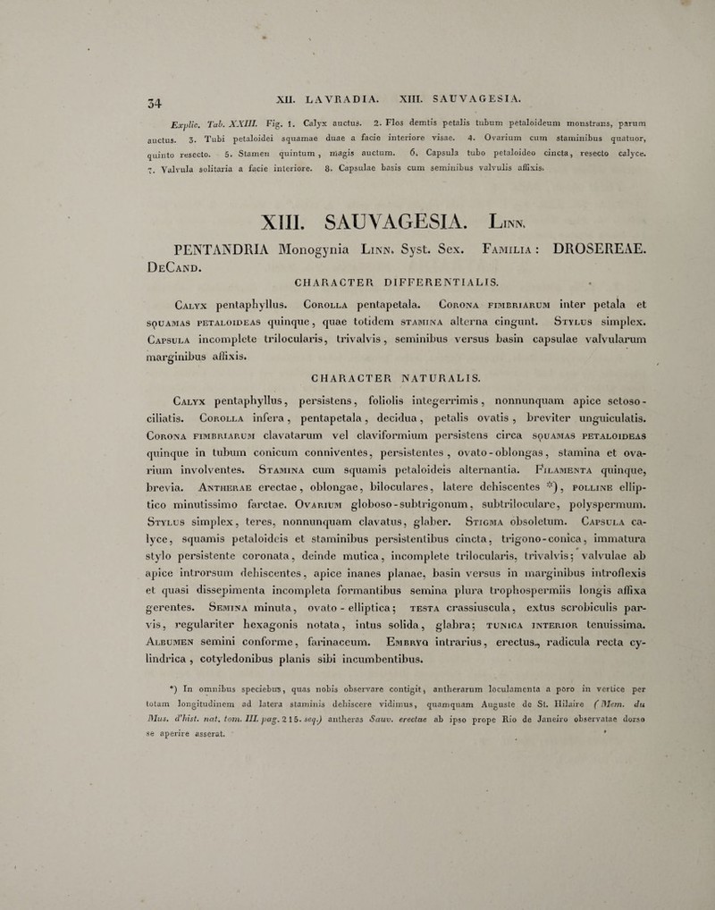 Explic. Tab. XXIII. Fig. 1. Calyx auctui. 2. Flos demtis petalis tubum petaloideum monstrans, parum auctus. 3. Tubi petaloidei squamae duae a facie interiore visae. 4. Ovarium cum staminibus quatuor, quinto resecto. 5. Stamen quintum, magis auctum. 6. Capsula tubo petaloideo cincta, resecto calyce. 1. Valvula solitaria a facie interiore. 8. Capsulae basis cum seminibus valvulis affixis. XIII. SAUVAGESIA. Lrm PENTANDRIA Monogynia Linn. Syst. Sex. Familia : DROSEREAE. DeCand. CHARACTER DIFFERE NTI ALIS. Calyx pentaphyllus. Corolla pentapetala. Corona fimbriarum inter petala et squamas petaloideas quinque, quae totidem stamina alterna cingunt. Stylus simplex. Capsula incomplete trilocularis, trivalvis, seminibus versus basin capsulae valvularum marginibus allixis. CHARACTER NATURALIS. Calyx pentaphyllus, persistens, foliolis integerrimis, nonnunquam apice setoso - ciliatis. Corolla infera, pentapetala, decidua, petalis ovatis , breviter unguiculatis. Corona fimbriarum clavatarum vel claviformium persistens circa souamas petaloideas quinque in tubum conicum conniventes, persistentes, ovato - oblongas, stamina et ova¬ rium involventes. Stamina cum squamis petaloideis alternantia. Filamenta quinque, brevia. Antherae erectae, oblongae, biloculares, latere dehiscentes *), polline ellip¬ tico minutissimo farctae. Ovarium globoso-sublrigonum, subtriloculare, polyspermum. Stylus simplex, teres, nonnunquam clavatus, glaber. Stigma obsoletum. Capsula ca¬ lyce, squamis petaloideis et staminibus persistentibus cincta, trigono - conica, immatura # stylo persistente coronata, deinde mutica, incomplete trilocularis, trivalvis; valvulae ab apice introrsum dehiscentes, apice inanes planae, basin versus in marginibus introflexis et quasi dissepimenta incompleta formantibus semina plura trophospermiis longis affixa gerentes. Semina minuta, ovato - elliptica; testa crassiuscula, extus scrobiculis par¬ vis, regulariter hexagonis notata, intus solida, glabra; tunica interior, tenuissima. Albumen semini conforme, farinaceum. Embryq intrarius, erectus., radicula recta cy¬ lindrica , cotyledonibus planis sibi incumbentibus. *) In omnibus speciebus, quas nobis observare contigit, antherarum loculamenta a poro in vertice per totam longitudinem ad latera staminis dehiscere vidimus, quamquam Auguste de St. Hilaire (T\lem. du Mus. d’hist. nat. tom. III. pag. 215. sec/.) antheras Sauv. erectae ab ipso prope Hio de Janeiro observatae dorso se aperire asserat.