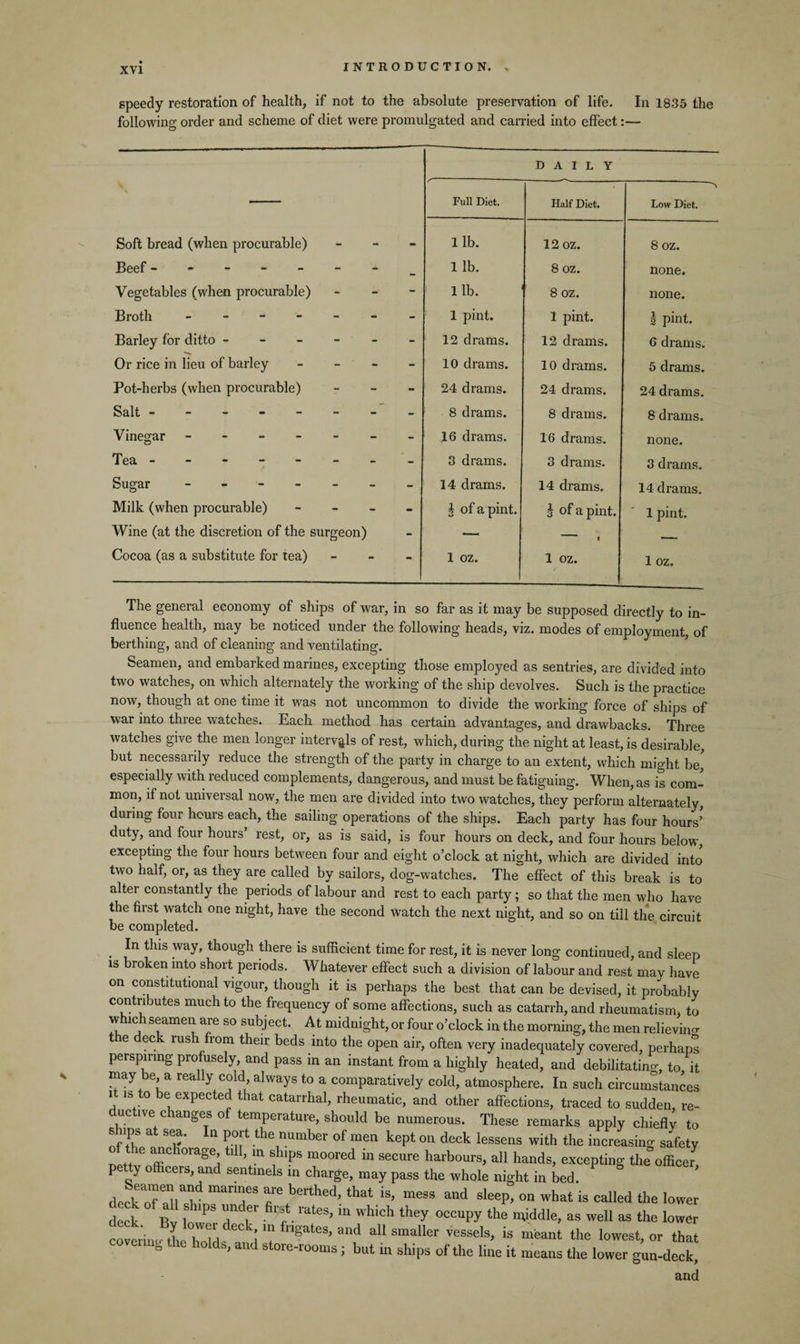 speedy restoration of health, if not to the absolute preservation of life. In 1835 the following order and scheme of diet were promulgated and carried into effect:— DAILY f------— —--—- — Full Diet. Half Diet. Low Diet. Soft bread (when procurable) - - lib. 12 OZ. 8 OZ. Beef ----- - _ lib. 8 oz. none. Vegetables (when procurable) - - 1 lb. 8 oz. none. Broth - - - 1 pint. 1 pint. h pint. Barley for ditto - - - 12 drams. 12 drams. 6 drams. Or rice in lieu of barley - - 10 drams. 10 drams. 5 drams. Pot-herbs (when procurable) - - 24 drams. 24 drams. 24 drams. Salt. - - 8 drams. 8 drams. 8 drams. Vinegar - - - 16 drams. 16 drams. none. Tea ----- - - 3 drams. 3 drams. 3 drams. Sugar - - - 14 drams. 14 drams. 14 drams. Milk (when procurable) - - 1 of a pint. $ of a pint. 1 pint. Wine (at the discretion of the surgeon) - — t — -■ Cocoa (as a substitute for tea) - - 1 oz. 1 oz. 1 oz. The general economy of ships of war, in so far as it may be supposed directly to in¬ fluence health, may be noticed under the following heads, viz. modes of employment, of berthing, and of cleaning and ventilating. Seamen, and embarked marines, excepting those employed as sentries, are divided into two watches, on which alternately the working of the ship devolves. Such is the practice now, though at one time it was not uncommon to divide the working force of ships of war into three watches. Each method has certain advantages, and drawbacks. Three watches give the men longer intervals of rest, which, during the night at least, is desirable, but necessarily reduce the strength of the party in charge to an extent, which might be, especially with reduced complements, dangerous, and must be fatiguing. When, as is com¬ mon, if not universal now, the men are divided into two watches, they perform alternately, during four hours each, the sailing operations of the ships. Each party has four hours’ duty, and four hours’ rest, or, as is said, is four hours on deck, and four hours below, excepting the four hours between four and eight o’clock at night, which are divided into two half, or, as they are called by sailors, dog-watches. The effect of this break is to alter constantly the periods of labour and rest to each party; so that the men who have the first watch one night, have the second watch the next night, and so on till the circuit be completed. In this way, though there is sufficient time for rest, it is never long continued, and sleep is broken into short periods. Whatever effect such a division of labour and rest may have on constitutional vigour, though it is perhaps the best that can be devised, it probably contributes much to the frequency of some affections, such as catarrh, and rheumatism, to which seamen are so subject. At midnight, or four o’clock in the morning, the men relieving the deck rush from their beds into the open air, often very inadequately covered, perhaps perspiring profusely, and pass in an instant from a highly heated, and debilitating, to it may be a ready cold always to a comparatively cold, atmosphere. In such circumstances i is to be expected that catarrhal, rheumatic, and other affections, traced to sudden re¬ ductive changes of temperature, should be numerous. These remarks apply chiefly to snps S<5‘ In P°rt the number of men kept on deck lessens with the increasing safety nettv nfflC 10rag^ \in f‘?S m°°red in S6Cure harbours> a11 hands, excepting the officer^ P cers, and sentinels in charge, may pass the whole night in bed. deck^f ’ man”6S are berthed, that is, mess and sleep, on what is called the lower deck Bv 1S11PS Tdr 61 r • rateS’1U Whidl they °CCUpy the n^iddle> as wel1 as the lower deck. By lower deck, in frigates, and all smaller vessels, is meant the lowest or that covering the holds, and store-rooms; but in ships of the line it means the low gun-deck! and