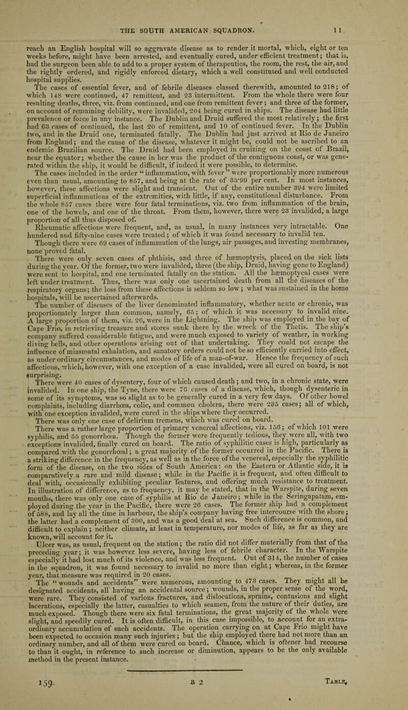 reach an English hospital will so aggravate disease as to render it mortal, which, eight or ten weeks before, might have been arrested, and eventually cured, under efficient treatment; that is, had the surgeon been able to add to a proper system of therapeutics, the room, the rest, the air, and the rightly ordered, and rigidly enforced dietary, which a well constituted and well conducted hospital supplies. The cases of essential fever, and of febrile diseases classed therewith, amounted to 218; of which 148 were continued, 47 remittent, and 23 intermittent. From the whole there were four resulting deaths, three, viz. from continued, and one from remittent fever ; and three of the former, on account of remaining debility, were invalided, 204 being cured in ships. The disease had little prevalence or force in any instance. The Dublin and Druid suffered the most relatively ; the first had 63 cases of continued, the last 20 of remittent, and 10 of continued fever. In the Dublin two, and in the Druid one, terminated fatally. The Dublin had just arrived at Rio de Janeiro from England; and the cause of the disease, whatever it might be, could not be ascribed to an endemic Brazilian source. The Druid had been employed in cruizing on the coast of Brazil, near the equator; whether the cause in her was the product of the contiguous coast, or was gene¬ rated within the ship, it would be difficult, if indeed it were possible, to determine. The cases included in the order “ inflammation, with fever ” were proportionably more numerous even than usual, amounting to 857, and being at the rate of 33'99 per cent. In most, instances, however, these affections were slight and transient. Out of the entire number 394 were limited superficial inflammations of the extremities, with little, if any, constitutional disturbance. From the whole 857 cases there were four fatal terminations, viz. two from inflammation of the brain, one of the bovmls, and one of the throat. From them, however, there were 23 invalided, a large proportion of all thus disposed of. Rheumatic affections were frequent, and, as usual, in many instances very intractable. One hundered and fifty-nine cases were treated; of which it was found necessary to invalid ten. Though there were 69 cases of inflammation of the lungs, air passages, and investing membranes, none proved fatal. There were only seven cases of phthisis, and three of haemoptysis, placed on the sick lists during the year. Of the former, two were invalided, three (the ship, Druid, having gone to England) were sent to hospital, and one terminated fatally on the station. All the liaemoptycal cases were left under treatment. Thus, there was only one ascertained death from all the diseases of the respiratory organs; the loss from these affections is seldom so low; what was sustained in the home hospitals, will be ascertained afterwards. The number of diseases of the liver denominated inflammatory, whether acute or chronic, was proportionately larger than common, namely, 65; of which it was necessary to invalid nine. A large proportion of them, viz. 26, were in the Lightning. The ship was employed in the bay of Cape Frio, in retrieving treasure and stores sunk there by the wreck of the Thetis. The ship’s company suffered considerable fatigue, and were much exposed to variety of weather, in working diving bells, and other operations arising out of that undertaking. They could not escape the influence of miasmata! exhalation, and sanatory orders could not be so efficiently carried into effect, as under ordinary circumstances, and modes of life of a man-of-war. Hence the frequency of such affections, which, however, with one exception of a case invalided, were all cured on board, is not surprising. There were 40 cases of dysentery, four of which caused death; and two, in a chronic state, were invalided. In one ship, the Tyne, there were 76 cases of a disease, which, though dysenteric in some of its symptoms, was so slight as to be generally cured in a very few days. Of other bowel complaints, including diarrhoea, colic, and common cholera, there were 235 cases; all of which, with one exception invalided, were cured in the ships where they occurred. There was only one case of delirium tremens, which was cured on board. There was a rather large proportion of primary venereal affections, viz. 156; of which 101 were syphilis, and 55 gonorrhoea. Though the former were frequently tedious, they were all, with two exceptions invalided, finally cured on board. The ratio of syphilitic cases is high, particularly as compared with the gonorrhoeal; a great majority of the former occurred in the Pacific. There is a striking difference in the frequency, as well as in the force of the venereal, especially the syphilitic form of the disease, on the two sides of South America; on the Eastern or Atlantic side, it is comparatively a rare and mild disease; while in the Pacific it is frequent, and often difficult to deal with, occasionallv exhibiting peculiar 'features, and offering much resistance to treatment. In illustration of difference, as toVrequency, it may be stated, that in the Warspite, during seven months, there wras only one case of syphilis at Rio de Janeiro; while in the Seringapatam, em¬ ployed during the year in the Pacific, there were 26 cases. The former ship had a complement of 588, and lay all the time in harbour, the ship’s company having free intercourse with the shore; the latter had a complement of 300, and was a good deal at sea. Such difference is common, and difficult to explain ; neither climate, at least in temperature, nor modes of life, as far as they are known, will account for it. Ulcer was, as usual, frequent on the station; the ratio did.not differ materially from that of the preceding year; it was however less severe, having less of febrile character. In the Warspite especiallv it had lost much of its violence, and was less frequent. Out of 314, the number of cases in the squadron, it was found necessary to invalid no more than eight; whereas, in the former year, that measure wras required in 20 cases. _ ; The ii wounds and accidents” were numerous, amounting to 4/3 cases. They might all be designated accidents, all having an accidental source; wounds, in the proper sense oi the word, were rare. They consisted of various fractures, and dislocations, sprains, contusions and slight lacerations, especially the latter, casualties to which seamen, from the nature of their duties, are much exposed. Though there were six fatal terminations, the great majority of the whole w^ere slight, and speedily cured. It is often difficult, in this case impossible, to account for an extra¬ ordinary accumulation of such accidents. The operation carrying on at Cape Frio might have been expected to occasion many such injuries ; but the ship employed there had not more than an ordinary number, and all of them were cured on board. Chance, which is oftener had recourse to than it ought, in reference to such increase or diminution, appears to be the only available method in the present instance.