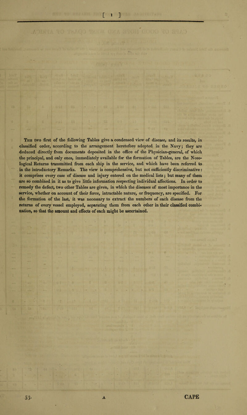 [ > ] The two first of the following Tables give a condensed view of disease, and its results, in classified order, according to the arrangement heretofore adopted in the Navy; they are deduced directly from documents deposited in the office of the Physician-general, of which the principal, and only ones, immediately available for the formation of Tables, are the Noso¬ logical Returns transmitted from each ship in the service, and which have been referred to in the introductory Remarks. The view is comprehensive, but not sufficiently discriminative: it comprises every case of disease and injury entered on the medical lists; but many of them are so combined in it as to give little information respecting individual affections. In order to remedy the defect, two other Tables are given, in which the diseases of most importance in the service, whether on account of their force, intractable nature, or frequency, are specified. For the formation of the last, it was necessary to extract the numbers of each disease from the returns of every vessel employed, separating them from each other in their classified combi¬ nation, so that the amount and effects of each might be ascertained. 53- A CAPE