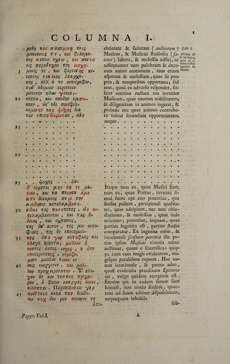 I fJ.sCyj XOtt 7F W fJLOVV) 70 VQ (l80lXOVS 7 6 , XOtl QlftOftU- 08 g X 0770 V ByStV , XOtl 7t0» 6lX eig 7ioLgoc$oyY}v fyjg svoxfl- 5 fJLOifOQ 76 , xott Qcpnx YJQ X/- , y/jceag cixsiag unotpyz- cyg , eooi’ 8 to amspoQoVt oud' xtispiot» eugioxsix psoixyjv yjSstu ywcti- io 07Y}7ot, x#/ anzdyjy Sfliroi- 8O0CV , fifc* 8<?£ yo/jLSMi» 7otg ^vyoig &ct 7ffl S 77177) tisupLQLTM , 8$£ • • t f • • • • J 5. ebrietate & fatietate ( auditorum ) cap. r. Muficos, 6c Muficae ftudiofos (fia- Nuiiam & tetur) labore, & moleftia adfici, ut qUMU »?'£! adfequantur tum pulchram & deco-ISTa ram animi motionem , tum etiamldonca’ afperam & moleflam, quae fit pro¬ pria , 6c temporibus opportuna *, fed non, quod ex adverfo refpondet, fci- licet omnino nullam eos invenire Muficam, quae morum nobilitatem, & diligentiam in animos ingerat, Sc proinde nec quae animos contrahe¬ re valeat fecundum opportunitates, neque.. 2 0 © .2 5 . • &' SUpy)7(Xl [LV)V 70, 76 fJtV~ 01X8 9 XOtl 70 770(7)78 dtpOL Ct 770 $VM[JLS6}g 71* 77)') a loSyjoiv xo7cCho[L fiovs- 30 aSoti 7otg 77oio7Y)7ctg , cov av- 7l7LCt[A$0LV0V7CU , XCU 7 Otg Yl~ lomg , xou oyKnosig, occg 077 av70M , 77)g (Asy av70- Q u%g , 7Yjg ds ztu7Y][aovi- 35 xyg . uno yop olvtoQvzq xoi ctlicy8 xppfrcLg ixctTOiox r) ccpeTvg amng ioyvg , 7) uno 67717)1 /AOViyyjg , VOfJLity- {JL&S fJ.Gt?l?,0'i> 6 wou SV 40 toig svctgysoi» , xott [xoO- 7iC)> 77pOJ£ 6lp07O7Y)V . T* CL?J)- yCV $6 XOtl 70 0 870} Tt^Sl- qcv , 6 Qyigiv svot pyeg sivot, (l?i7)7770U . IT0(2077^0101 yO p 45 aiodyot» xot70 t 7jv $to&s- Oiv 01X 071 [JL6l> TSOWtpOX 70 U 77 Q-* [taque tum ea, quae Mufici funt, :um ea, quae Poetae, inventa fi~ nui fuere ope eius potentiae, qua 'enfus pollent , percipiendi qualita- :es, quas adeipiunt, nec non oble- dationes, Se mole Hias , quae inde jriunturj potentiae, inquam, quae lartim ingenita effc , partim ftudio :omparatur. Ex ingenita enim, 6c nrationali fenfuum putentia ille po~ ;ius ipfius Muficae virtutis robur lefiimat, quam e fcientifica: quip¬ pe cum eam magis evidentem, ma- ^ifque parabilem reputet. Hoc au- ;em inrationale , & patens adeo , }Uod evidentia praeditum Epicurus ait , vulgo quidem receptum eft . Etenim qui in eadem ferme funt haerefi, non modo fenfurti, quan¬ tum ad fuam adtinet difpofitionem, nequaquam inhabile fub- t Papyr» Vc LL A