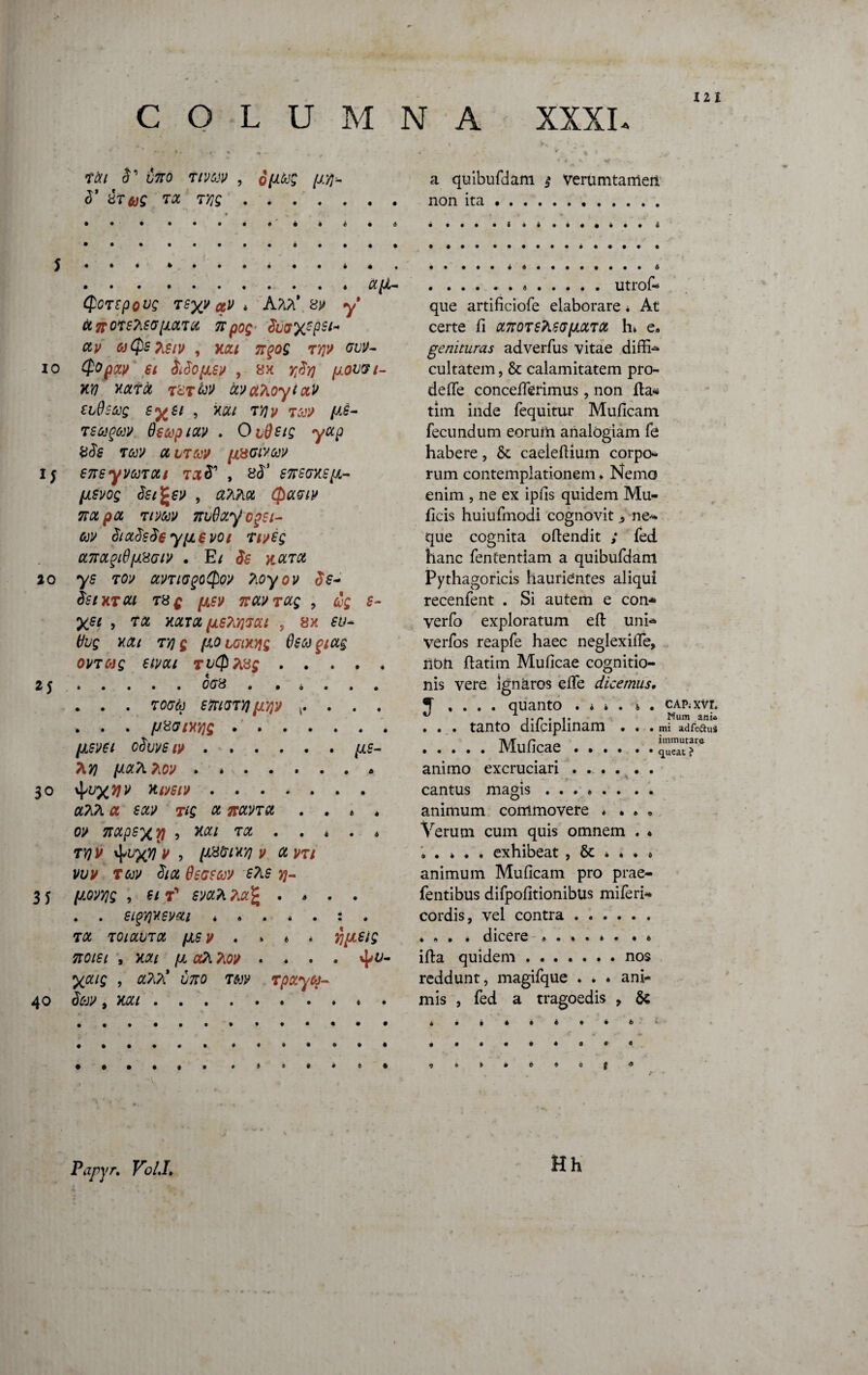 rai <T viro tivw , <T 8T &)G TX T7JQ . . . . . v «s a quibufdam $ Verumtameit non ita. • • • • • i <* • •#••••• <3 J IO 20 25 30 35 40 QoTtpoug Tsyy qv * Aaa* 8» *y* 6t Jf OtSTiGG [AOLT Ct 7T pOQ $UCTX'PSI~ CtV aQsfaiy , Xtf/ JT|?0£ f/ iidOfJLSV , 8X rfiy) pLOVPl- KY) XCtTOt T&rfo» MUTlOylCtV evOsujg e%ei , x#/ Ttyy /*s- rstigav Osapiccv . OvQeig yctp TM a ITM I&GIVM 67TSyVtoTlXt T01$' , 8(3’ STTSCXSl*.- fjisvog $st%€» , a?iA« (pa<sw TtOipCL TlMV 7Tb6zycgSl- <w EictdsSe y[JL6voi wsg CCTTOLglS(J.&61V . E/ & J£0Ttf •ys tov ctniogoQov ?>oyov <3f- dsiHTOLl T8f fJLSV 7TCLV TCCg , dg S- ysi > Ta Kctroc ii6?vYiGou , 8x fy- xtf/ t/} g fxoujix^g (kcogiag Oi/Tag etvou tv®?&s. t • • • • 008 . 0 0 . . 0 . . . TOiT6J ffr/orj; /ijjy ,. . . . . . . fjXGixyg. fjisvei odvvsw./X£- TlY) /XtfAAW . *. KlVSlV ....... «AA T/f « 8WT0 . . * * 01/ ncepSXY} , KCU TCt . . * . ♦ x^XWi' > [tiiMyj V CtVTl VVV TW dict 6sGSM 6?iS ?)- (j.ovyjg , e/ t* otA a# £ • » • • . . eigyjxsmi TX TOIOLVTDL fXS V . » * * }J/-C£/£ 7T01SI > 7L0U fJL C&l ?iOV .... \[>y- , tfAA* iino tw rpctyq- to , HOLI. ...utrof** que artificiofe elaborare. At certe fi ocnorsPisopLOtTCt h* e» genituras adverfus vitae diffi- cultatem, & calamitatem pro- defTe concefTerimus, non fta* tim inde fequitur Muficam fecundum eorum analogiam fe habere, & caeleflium corpc^ rum contemplationem * Nemo enim , ne ex ipfis quidem Mu- flcis huiufmodi cognovit ^ ne¬ que cognita oflendit ; fed hanc fententiam a quibufdam Pythagoricis haurientes aliqui recenfent . Si autem e con* verfo exploratum efl uni-» verfos reapfe haec neglexiiTe, nbn flatim Muficae cognitio¬ nis vere Ignaros effe dicemus, J , . . . quanto • ii cAPiXVr. t • « 1 • Num am« tanto dilciplinam • • . mi adfeaUs . • Muficae. animo excruciari cantus magis animum commovere * . . . Verum cum quis omnem . * . . * . . exhibeat , & i . . * animum Muficam pro prae- fentibus difpofitionibus miferi- cordis, vel contra. * » . * dicere *.* ifla quidem.nos reddunt, magifque . . . ani* mis , fed a tragoedis , & P'apyr, VoLI. Hh