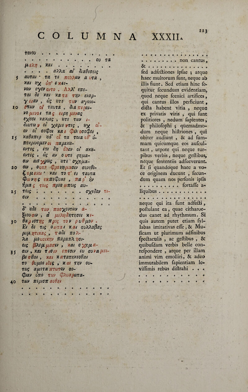- I rom • • ..OU 7% H6?lyi , ter/. . . • . ct?\7i0t Gtt dlOttfsGElQ 5 OLUTCU * TOC TS X U7QC , YCU 8% 07? SH€l* vw eytvmo . Aatf sns- fou 3s xat vct tx t ?jv svap- y Stttv , d}£ 87 S 7MV OLyUVt** io 6*<w o/ Tccvm , dixnsgcti- VOfJLSVQl rctg SlpY} (JLSVCCQ Sy8Gl YCLKiag , 8T£ T&JJf /- d/ftra v c/ yapis vtsq , 8^ tf- OV OL OOQot KX i (ptPl oooQot 9 I 5 YxGttTTEp 8(5’ c/ Ttf TC/tf 10' d~ nOKplVO[JLSVoi 7lOLpXY,8- onsg , m oAoy c/ axa- ow$ , &£ ay o uts f/j/ux- Gtv aio yjpoig , 8T£ oyyi[m- 20 w , ouvs Qpovyjtixw cvv$9i~ Zopisw ycu tot'si rauTtx, 0CJUYJS SKftsQilXS , JT«p* g 7oig Jtpoa omoig au- 25 T0/£ ;.G^Sto T/- W.. . . . 3' 83$ tm nxoyonw a- fyovaiv , OC /AShty3y)7r,GSl Jf /- 30 OftpiGTVjg TTpog 70 V pudfJLOV . E* & T/£ 0/£T«/ TJTtXXQ , T 2T0 Pl- Afl flOvffiXW 1tUpOL7[7i7l(Jt- oig fiTispnioLGiv 9 nae ayji[JLCL- 3J GIV , XXI Tl<Jtl> S7TSQIV SU GWX^St- fiSGQotl , YXl YX7X7rjYSGGxe 70 $u(jlos idsg 9 xat 7yjv ou~ 76J£ XpLSTX '7?7CdT0V 00- Qixv Cno 7ffl (fhvxpmx- 40 7MV TtSpiGn OLGdQLl .non cantus, & .... fed adfe&iones ipfae 5 atque haec multorum funt, neque ab illis fiunt. Sed etiam hinc fe- quitur fecundum evidentiam* quod neque fcenici artifices, qui cantus illos perficiunt , di£ta habent vitia s neque ex privatis viris , qui funt politiores , nedum fapientes, & philofophi 5 quemadmo- dum neque hiftriones , qui obiter audiunt , & ad fum~ mam quicumque eos aufcul- tant , utpote qui neque tur« pibus verbis, neque geftibus, neque fententiis adfueverunt. Et fi quandoque haec a vo~ ce originem ducunt , fecun¬ dum quam nos perfonis ipfis 4 a « . fortalfe a- liquibus. neque qui ita funt adfe£tt , pofiulant ea, quae citharoe¬ dus canet ad rhythmum. Si quis autem putet etiam fyi- labas imitativas efie , & Mu- ficam ut plurimum adfinibus fpe&aculis > ac geftibus , $C quibufdam verbis belle con- refpondere , atque per illam animi vim emolliri, & adeo immutabilem fapientiam le- viffimis rebus diftrahi . . » 0