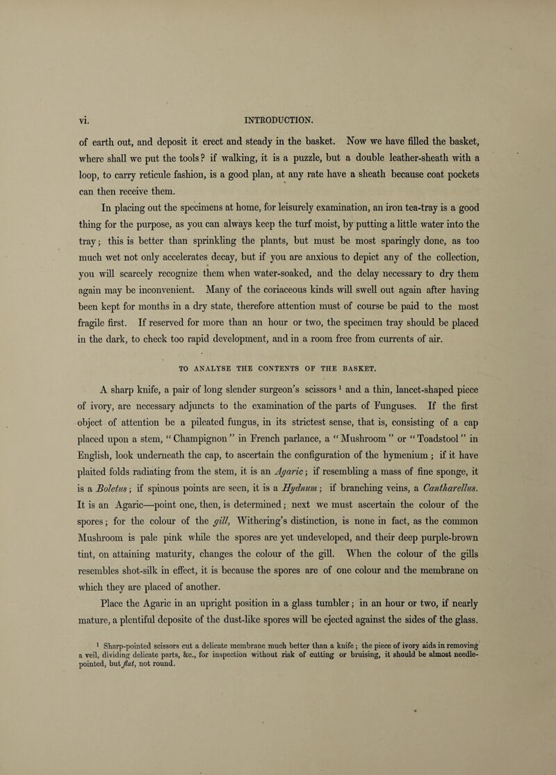 of earth out, and deposit it erect and steady in the basket. Now we have filled the basket, where shall we put the tools ? if walking, it is a puzzle, but a double leather-sheath with a loop, to carry reticule fashion, is a good plan, at any rate have a sheath because coat pockets can then receive them. In placing out the specimens at home, for leisurely examination, an iron tea-tray is a good thing for the purpose, as you can always keep the turf moist, by putting a little water into the tray; this is better than sprinkling the plants, but must be most sparingly done, as too much wet not only accelerates decay, but if you are anxious to depict any of the collection, you wiU scarcely recognize them when water-soaked, and the delay necessary to dry them again may be inconvenient. Many of the coriaceous kinds will swell out again after having been kept for months in a dry state, therefore attention must of course be paid to the most fragile first. If reserved for more than an hour or two, the specimen tray should be placed in the dark, to check too rapid development, and in a room free from currents of air. TO ANALYSE THE CONTENTS OF THE BASKET. A sharp knife, a pair of long slender surgeon’s scissors ^ and a thin, lancet-shaped piece of ivory, are necessary adjuncts to the examination of the parts of Funguses. If the first object of attention be a pileated fungus, in its strictest sense, that is, consisting of a cap placed upon a stem, “ Champignon ” in French parlance, a “ Mushroom ” or “ Toadstool ” in English, look underneath the cap, to ascertain the configuration of the hymenium ; if it have plaited folds radiating from the stem, it is an Agaric; if resembling a mass of fine sponge, it is a Boletus if spinous points are seen, it is a Hydnum; if branching veins, a Cantharelhs. It is an Agaric—point one, then, is determined; next we must ascertain the colour of the spores; for the colour of the yill, Withering’s distinction, is none in fact, as the common Mushroom is pale pink while the spores are yet undeveloped, and their deep purple-brown tint, on attaining maturity, changes the colour of the gill. When the colour of the gills resembles shot-silk in effect, it is because the spores are of one colour and the membrane on which they are placed of another. Place the Agaric in an upright position in a glass tumbler; in an hour or two, if nearly mature, a plentiful deposite of the dust-like spores wfil be ejected against the sides of the glass. ^ Sharp-pointed scissors cut a delicate membrane much better than a knife; the piece of ivory aids in removing a veil, dividing delicate parts, &c., for inspection without risk of cutting or bruising, it should be almost needle- pointed, but Jlat, not round.