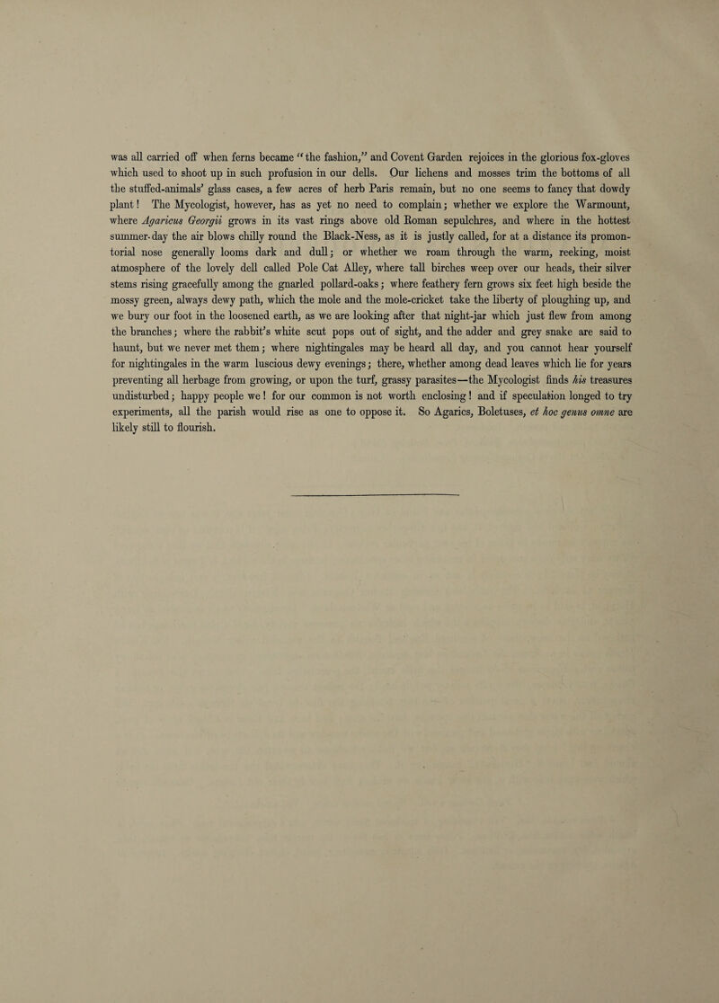 was all carried off when ferns became “ the fashion/^ and Covent Garden rejoices in the glorious fox-gloves which used to shoot up in such profusion in our dells. Our lichens and mosses trim the bottoms of all the stuffed-animals' glass cases, a few acres of herb Paris remain, but no one seems to fancy that dowdy plant! The Mycologist, however, has as yet no need to complain; whether we explore the Warmount, where Agaricus Georgii grows in its vast rings above old Eoman sepulchres, and where in the hottest summer-day the air blows cliilly round the Black-Ness, as it is justly called, for at a distance its promon- torial nose generally looms dark and dull; or whether we roam through the warm, reeking, moist atmosphere of the lovely dell called Pole Cat AUey, where taU birches weep over our heads, their silver stems rising gracefully among the gnarled pollard-oaks; where feathery fern grows six feet high beside the mossy green, always dewy path, wliich the mole and the mole-cricket take the liberty of ploughing up, and we bury our foot in the loosened earth, as we are looking after that night-jar which just flew from among the branches; where the rabbit's white scut pops out of sight, and the adder and grey snake are said to haunt, but we never met them; where nightingales may be heard all day, and you cannot hear yourself for nightingales in the warm luscious dewy evenings; there, whether among dead leaves which lie for years preventing all herbage from growing, or upon the turf, grassy parasites—the Mycologist finds Ms treasures undisturbed; happy people we ! for our common is not worth enclosing! and if speculation longed to try experiments, all the parish would rise as one to oppose it. So Agarics, Boletuses, et hoc genm omne are likely still to flourish.