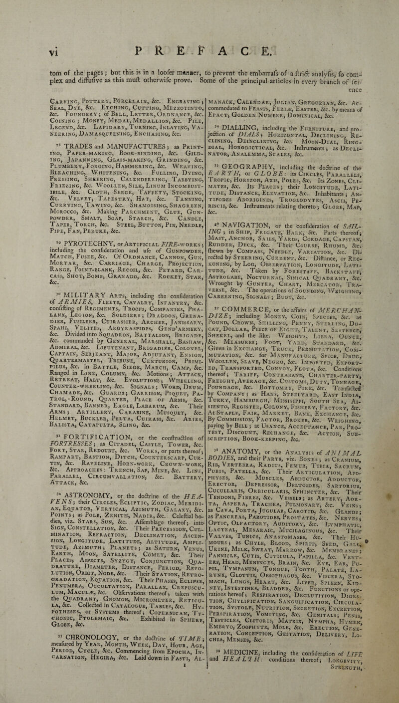 tom of the pages; but this is in a loofer m*naer, to prevent the embarrafs of a ftrift analyfis, fo com¬ plex and diffufive as this muft otherwife prove. Some of the principal articles in every branch of l'ci- ence Carving, Pottery, Porcelain, &c. Engraving ; Seal, Dye, &c. Etching, Cutting, Mezzotinto, Sec. Foundery ; of Bell, Letter, Ordnance, &c. Coining; Money, Medal, Med allion, &c. Pile, Legend, &c. Lapidary, Turning, Inlaying, Va- neering, Damasqueening, Enchasing, See. 28 TRADES and MANUFACTURES; as Print¬ ing, Paper-making, Book-binding, &c. Gild¬ ing, Japanning, Glass-making, Grinding, See. Plumbery, Forging, Hammering, Sec. Weaving, Bleaching, Whitening, &c. Fulling, Dying, Pressing, Sheering, Calenderring, Tabbying, Friezing, Sec. Woollen, Silk, Linum IncombusT- ibile, &c. Cloth, Serge, Taffety, Stocking, &c. Velvet, Tapestry, Hat, Sec. Tanning, Currying, Tawing, &c. Shamoising, Shagreen, Morocco, Sec. Making Parchment, Glue, Gun¬ powder, Smalt, Soap, Starch, Sec. Candle, Taper, Torch, Sec. Steel, Button, Pin, Needle, Pipe, Fan, Peruke, &c. 29 PYROTECHNY, or Artificial FIRE- works; including the confideration and ufe of Gunpowder, Match, Fusee, Sec. Of Ordnance, Cannon, Gun, Mortar, Sec. Carriage, Charge, Projection, Range, Point-blank, Recoil, Sec. Petard, Car¬ cass, Shot* Bomb, Granado, &c. Rocket, Star, &c. 30 MILITARY Arts, including the confideration of ARMIES, Fleets, Cavalry, Infantry, Sec. confifting of Regiments, Troops, Companies, Pha¬ lanx, Legion, Sec. Soldiers; Dragoon, Grena¬ dier, Fusileer, Cuirassier, Archer, Janissary, Spahi, Velites, Argyr aspides, Gend’armery, &c. Divided into Squadron, Battalion, Brigade, &c. commanded by General, Marshall, Bashaw, Admiral, Sec. Lieutenant, Brigadier, Colonel, Captain, Serjeant, Major, Adjutant, Ensign, Quartermaster, Tribune, Centurion, Primi- pilus, Sec. in Battle, Siege, March, Camp, &c. Ranged in Line, Column, &c. Motions; Attack, Retreat, Halt, Sec. Evolutions; Wheeling, Counter-wheeling, Sec. Signals; Word, Drum, Chamade, &c. Guards; Garrison, Piquet, Pa¬ trol, - Round, Quarter, Place of Arms, &c. Standard, Banner, Eagle, Labarum, Sec. Their Arms; Artillery, Carabine, Musquet, &c. Helmet, Buckler, Pelta, Cuirass, Sec. Aries, Balista, Catapulta, Sling, Sec. 31 FORTIFICATION, or the conftruaion of FORTRESSES; as Citadel, Castle, Tower, &c. Fort, Star, Redoubt, &c. Works, or parts thereof; Rampart, Bastion, Ditch, Counterscarp, Cur¬ tin, Sec. Raveline, Horn-work, Crown-work, Sec. Approaches : Trench, Sap, Mine, &c. Line, Parallel, Circumvallation, Sec. Battery, Attack, Sec. 32 ASTRONOMY, or the doarine of the HEA¬ VENS', their Circles, Ecliptic, Zodiac, Meridi¬ an, Equator, Vertical, Azimuth, Galaxy, Sec. Points; as Pole, Zenith, Nadir, &c. Celeftial bo¬ dies, viz. Stars, Sun, Sec. Aflemblage thereof; into Sign, Constellation, &c. Their Precession, Cul¬ mination, Refraction, Declination, Ascen¬ sion, Longitude, Latitude, Altitude, Ampli¬ tude, Azimuth; Planets; as Saturn, Venus, Earth, Moon, Satellite, Comet, Sec. Their Places, Aspects, Syzygy, Conjunction, Qua¬ drature, Diameter, Distance, Period, Revo¬ lution, Orbit, Node, Sec. Their Station, Retro- gradation, Equation, Sec. TheirPHASEs, Eclipse, Penumbra, Occultation, Parallax, Crepuscu- lum, Macula, &c. Obfervations thereof; taken with the Quadrant, Gnomon, Micrometer, Reticu¬ la, Sec. Cojleaed in Catalogue, Tables, Sec. Hy¬ potheses, or Systems thereof; Copernican, Ty- chonic, Ptolemaic, &c. Exhibited In Sphere, Globe, Sec. CHRONOLOGY, or the doarine of TIME', meafured by Year, Month, Week, Day, Hour, Age, Period, Cycle, Sec. Commencing from Epocha, In¬ carnation, Hegira, Sec. Laid down in Fasti, Al- i manack, Calendar, Julian, Gregorian, &c. Ac¬ commodated to Feasts, Ferine, Easter, Sec. by means of Epact, Golden Numeer, Dominical, Sec. 3* DIALLING, including the Furniture, and pro- jedtion of DIALS; Horizontal, Declining, Re¬ clining, Deinclining, Sec. Moon-Dial, Ring- dial, Horodictical, Sec. Inftruments ; as Decli¬ nator, Analemma, Scales, Sec. GEOGRAPHY, including the doarine of the EARTH, or GLOBE: its Circles, Parallels, Tropic, Horizon, Axis, Poles, Sec. Its Zones, Cli¬ mates, &c. Its Places ; their Longitude, Lati¬ tude, Distance, Elevation, Sec. Inhabitants; An¬ tipodes Aborigines, Troglodytes, Ascii, Pej riscii, Sec. Inftruments relating thereto ; Globe, Map, &c. ib NAVIGATION, or the confideration of SAIL¬ ING ; in Ship, Frigate, Bark, Sec. Parts thereof; Mast, Anchor, Sails, Yards, Cordage, Capstan, Rudder, Deck, &c. Their Course, Rhumb, Sec. Ihewn by Compass, Needle, Variation, Sec. Di- reaed by Steering, Current, Sec. Diftance, or Rec¬ koning, by Log, Observation, Longitude, Lati¬ tude, Sec. Taken by Forestaff, Backstaff, Astrolabe, Nocturnal, Sinical Quadrant, Sec. Wrought by Gunter, Chart, Mercator, Tra¬ verse, Sec. The operations of Sounding, Weighing, Careening, Signals ; Buoy, Sec. 37 COMMERCE, or the affairs of MERCHAN¬ DIZE-, including Money, Coin, Species, Sec. as Pound, Crown, Shilling, Penny, Sterling, Du¬ cat, Dollar, Piece of Eight, Talent, Sesterce, Shekel, and the like. Weights, Libra, Ounce, Sec. Measures; Foot, Yard, Standard, Sec. Given in Exchange, Truck, Permutation, Com¬ mutation, Sec. for Manufacture, Spice, Drug, Woollen, Slave, Negro, &c. Imported, Export- ed, Transported, Convoy, Flota, Sec. Conditions thereof; Tariff, Contraband, Charter-party, Freight, Average, Sec. Customs, Duty, Tonnage, Poundage, &c. Bottomry, Pike, &c. Tranfaaed by Company; as Hans, Steelyard, East India, Turky, Hamburgh, Missisippi, South Sea, As- siento, Register, Colony, Fishery, Factory, Sec. At Staple, Fair, Market, Bank, Exchange, Sec. By Commission, Factor, Broker, Sec. Weighing, paying by Bill ; at Usance, Acceptance, Par, Pro¬ test, Discount, Rechange, &c. Action, Sub¬ scription, Book-keeping, Sec. -,s ANATOMY, or the Analysis of ANIMAL BODIES, and their Parts, viz. Bones; as Cranium, Rib, Vertebra, Radius, Femur, Tibia, Sacrum, Pubis, Patella, Sec. Their Articulation, Apo¬ physes, &c. Muscles, Abductor, Adductor, Erector, Depressor, Deltoides, Sartorius, Cucullaris, Orbicularis, Sphincter, Sec. Their Tendons, Fibres, Sec. Vessels; as Artery, Aor¬ ta,^ Aspera, Trachea, Pulmonary, Sec. Veins; as Cava, Porta, Jugular, Carotid, Sec. Glands; as Pancreas, Parotides, Prostates, Sec. Nerves ; Optic, Olfactory, Auditory, Sec. Lymphatic, Lacteal, Mesaraic, Mucilaginous, Sic. Their Valves, Tunics, Anastomases, Sec. Their Hu¬ mours ; as Chyle, Blood, Spirit, Seed, Gall, Urine, Milk, Sweat, Marrow, &c. Membranes ; Pannicle, Cutis, Cuticula, Papilla, Sec. Vent¬ ers, Head, Meninges, Brain, Sec. Eye, Ear, Pu¬ pil, Tympanum, Tongue, Tooth, Palate, La¬ rynx, Glottis, Oesophagus, Sec. Viscera, Sto¬ mach, Lungs, Heart, &c. Liver, Spleen, Kid¬ ney, Intestines, Bladder, &c. Functions or ope¬ rations hereof; Respiration, Deglutition, Diges¬ tion, Chylification, Sanguification, Circula¬ tion, Systole, Nutrition, Secretion, Excretion, Perspiration, Vomiting, &c. Genitals; Penis, Testicles, Clitoris, Matrix, Nympha, Hymen Embryo, Zoophyte, Mole, Sec. Erection, Gene¬ ration, Conception, Gestation, Delivery, Lo¬ chia, Menses, Sec. 39 MEDICINE, including the confideration of LIFE and HE A LI H: conditions thereof; Longevity, Strength,