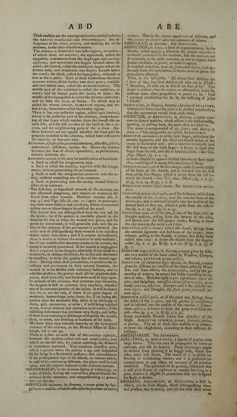 ABD ABE Thefe mufcles are the oblIquIdefcendentesandafcendentes, the rectus tranfvcrfalls and pyramidalis. See de- fcriptions of the veins, arteries, and mufcles, &c. of the abdomen, under their refpeftive names. The abdomen is fubdivided into lefler regions, or cavities; of which three are anterior; the uppermoft, called the epigaftric, commences from the diaphragm and cartilage enjiformis, and terminates two fingers breadth above the navel; the fecond, called the umbilical, begins where the former ends, and terminates two fingers breadth below the navel ; the third, called the hypogaftric, defeends as low as the os pubis. Each of thefe fubdivifions the more accurate writers divide farther into three parts ; a middle and two- lateral ones, called the hypochondria. The middle part of the umbilical is called the umbilicus, or navel ; and its latetal parts the lumbi, or loins : the middle of the hypogaftric is called the hypsg astrium ; and its fides the ilia, or flanks. To which may be added the pubes, groin, ischiatic region, and pe¬ rineum, fometimes called the lumbar region. There is but one pofterior region, called regio lumbaris, which is the pofterior part of the abdomen, comprehend¬ ing all that fpace which reaches from the loweft ribs on each fide, and the laft vertebra of the back to the os fa- crum, and the neighbouring parts of the os ilium. Au¬ thors however are not agreed whether the hind part be propeily included in the abdomen, which fome reftrain to the anterior, or fore-part only. A’E'DOM.f.^fiifeafesofthe, are inflammations, abfeeffes, fchirri, indurations, inflations, fpafms, &c. Hence the abdomen becomes the feat of divers operations; as perforations, futures, fetlions, &c. Abdomen, ’wounds of the, may be confidered as of fourkinds : 1. Such as affect the integuments only. 2. Such as afle£t the mufcles, together with the integu¬ ments, without penetrating the pcritonccum. 3. Such as with the integuments penetrate into the ca¬ vity, without wounding any of its contents. 4. Such as penetrating into the cavity, wound fome or other of its contents. The firft fort, or fuperficial wounds of the abdomen, are not efteemed dangerous, and require no treatment dif¬ ferent from other wounds. However Arcaeus (lib. ii. cap. 4.) and Vigo (lib. iii. cap. 11.) agree in pronounc¬ ing thofe more liable to bad accidents, which are receivec within two or three fingers breadth of the navel. The fecond fort are diftinguifhed from the two laft by the probe ; for if the patient is carefully placed in the fituation he was in when the wound was given, and the probe be introduced, it will generally pafs into the ca¬ vity of the abdomen, if the peritonaeum is perforated- An¬ other way of diftinguifhing thefe wounds is by injediing warm water into them ; and if it returns immediately, there is reafon to believe the wound to be only mufcular; but if any confiderable quantity remain in the wound, the cavity is certainly penetrated. If the wound is large, great Ikill is required in the furgeon, efpecially if it is made in a tranfverfe, or oblique direction; for in this cafe the future is neceffary, to keep the gaping lips of the wound toge¬ ther. Having taken thefe precautions, to preferve the in- teftines and peritoneum in their natural fituation, the wound is to be dreffed with vulnerary balfams, and an adhefive plafter ; the patient muft alfobe enjoined abfti- nence, muft have reft, and his bowels muft-be kept open. In wounds of the abdomen, that penetrate into its cavity, the furgeon is firft to examine very carefully, whether any of its contents partake of the injury. It will be found that this is not the cafe, if there is no great degree of weaknefs, haemorrhage, pain, fever, &c. jf on laying the patient upon the wounded fide, there is no difeharge of chyle, gall, excrement, or urine ; if milk being injeded warm, returns without any alteration in its colour; if the inflifting inftrument has not been very fharp ; and laftly, if there is no vomiting or difeharge of blood by the mouth, ftool, or urine, nor fwelling or hardnefs of the belly. We have fome very valuable remarks on the hydropical tumours of the abdomen, in the Medical Eflays of Edin¬ burgh, vol. v. art. 59. There is a finus on each fide of the cartilago xiphoidcs, between the mufcles called refti and tranfverfalls, into which on the left fide, by violent vomiting, the ftomach is fometimes ruptured. This occafions exceflive pain, which is greater when the patient is up, and fufpended by his lying in a horizontal pofture ; this circumftance is the pathognomic fign of the difeafe, to remove which, in cafe of its continuing obftinate, the place muft be laid open, and the rupture reduced in the ordinary manner. ABDOMIN ALES, ill the Linnean Sy/lem of Ichthyology, an order of fish, having the ventral fins placed behind the pedoral in the abdomen, and comprehending 17 genera and 117 fpecies. ABDUCENS labiorum, in Anatomy, a name given by Spi- gelius to a mufcle, which he alfo calls the fecundus ad later a trahens. This is the levator anguli oris of AlbinuS, and the caninus or elevator Labiorum communis of others abducent, in Anatomy. See Abductor. ABDUCTION, in Logic, a kind of argumentation, by the Greeks called apagoge ; wherein the greater extreme is •evidently contained in the medium, but the medium not fo evidently in the lefler extreme as not to require fome farther medium, or proof, to make it appear. It is called abdutlion, from ab,from ; and duccre, to draw • becaufe from the conclufion, it draws us on to prove the propofition affumed. Thus, in the fyllogifm, * All whom God abfolves are * free of fin ; but God abfolves all who are in Chrifi : ‘ therefore, all who are in Chrift are free of fin ’ The major is evident; but the minor, or affumption, is not fo without fome other propofition to prove it; as, ‘ God ‘ received fatisfaftion for fin by the fuffering of Jefus ‘ Chrift/ Abduction, in Surgery, denotes a fpecies of fracture, wherein the bone near the joint is fo divided tranfverfely, that the extremities recede from each other. ABDUCTOR, or Abducent, in Anatomy, a name com¬ mon to feveral mufcles, whofe a&ion is the withdrawing, opening, or pulling back, the parts they are fixed to. The name is compounded of ab, from ; and duccre, to draw.— I heir antagonifts are called Adductores. Abductor auricularis, or of the little finger, arifesfrom the annular ligament, and the third and fourth bones of the carpus in the fecond rank ; and is inferted externally into the firft bone of the little finger : it ferves to draw that finger from the reft, and alfo to bend it a little.—See Tab. Anat. (Myol.)yfj-. 2. n. 23. In fome fubjedls it appears divided into two or three muf¬ cles, confifting of fo many different feries of fibres. Abductor indicis, or of the fore-finger, arifes fromthe infide of the bone of the thumb, and is inferted into the firft bone of the fore-finger, which it draws from the reft to¬ wards the thumb —See Tab. Anat. (Myol.) fig. 1. n. 32. A fig. 6. n. 24. & fig. 1- n 8. Abductor minimi digiti mantis. See Abductor auricu- laris. Abductor minimi digiti pedis, or of the little-toe, arifes from the outfide of the os calcis, near the exterior bone of the metatarfus, and is inferted laterally into the outfide of (be fecond bone of that toe, which it pulls from the reft.__ See fig. 1. n. 74. A fig. 6. n. 45. Abductor oculi, or of the eye, is one of the four redli, or ftraight mufcles, arifing from the bottom of the orbit, and fpread over the firft proper tunic; ferving to draw the eye towards the outer canthus. Abductor pollicis manus, called alfo thenar, fprings from the annular ligament and firft bone of the carpus; from whence palling to the thumb, it makes that flelhy body called mans lunce: it draws the thumb from the fingers. —-Stc fig. 1. n. 31. A fig. 2.n. 21. A fig. 6. n. 25. A fig-1- Abductor Anguspollicis, in Anatomy, a name given by Albi- nus to a mulcle of the hand called by Winflow, Cowper, and others, extensor primus pollicis. Abductor o/fs metacarpi digiti minimi, in Anatomy, a name given by Aibinus to a mufcle of the hand called by Winf¬ low, and fome others, the mctacarpialis, and by the ge¬ nerality of writers, by names but badly expreffmg its na¬ ture or ufes. Riolanus calls it pars hypothenaris parvi di¬ giti-, and Spigelius, interoffeus ultimo off metacarpii, parte manus externa, adherens. Cowper calls it the abduftor mi¬ nimi digiti-, and Douglas, the flexor primi internodii mi¬ nimi digiti. Abductor pollicis pedis, or of the great toe, fprings from the infide of the os calcis, and the greater os cuneiforme ; and is inferted into the outfide of the exterior os fefamoi- deum pollicis-, it ferves to draw the great toe from the reft.—See fig. 1. n. 72. A fig. 2. n. 52. Some anatomifts likewife rekon four abduflors of the thigh. Abductor femoris, primus, fecundus, tertius, et quartus. The ufe of thefe four mufcles is to adduce, or move the thigh-bone, according to their different di¬ rections. ABECEDARIAN. See Abcedary. ABEL-TREE, or Abele-tree, a fpecies of poplar, with large leaves. This tree may be propagated by layers or cuttings, and alfo by fuckers. Many advantages might be derived from planting it in boggy foils, where few other trees will thrive. The wood of it is ufeful for flooring or wainfeoting rooms ; and it is preferred for turnery-ware to any other, on account of its peculiar whitenefs. The quicknefs of its growth, infomuch that it will yield fhoots of eighteen or twenty feet long in a year, renders it eligible in plantations that are defigned for (hade or fhelter. ABELIANS, Abelonians, or Abeloites, a fetft in Africa, not far from Hippo, whofe diftinguifhing tenec and pra&ice was to marry, and yet live with their wives in