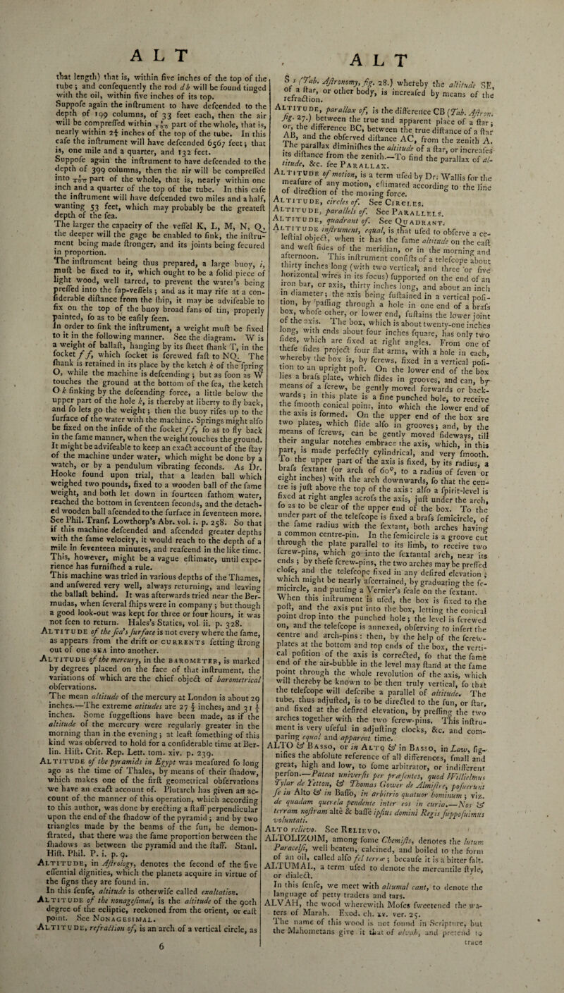 that length) that is, within five inches of the top of the tube ; and confequently the rod db will be found tinged with the oil, within five inches of its top. Suppofe again the inftrument to have descended to the depth of 199 columns, of 33 feet each, then the air will be compreffed within T*7y part of the whole, that is, nearly within 2f inches of the top of the tube. In this cafe the inftrument will have defeended 6567 feet; that is, one mile and a quarter, and 132 feet. Suppofe again the inftrument to have defeended to the depth of 399 columns, then the air will be compreffed into part of the whole, that is, nearly within one inch and a quarter of the top of the tube. In this cafe the inftrument will have defeended two miles and a half, wanting 53 feet, which may probably be the greateft depth of the fea. The larger the capacity of the veffel K, L, M, N, Q, the deeper will the gage be enabled to fink, the inftru- ment being made ftronger, and its joints being fecured in proportion. The inftrument being thus prepared, a large buoy, i, muft be fixed to it, which ought to be a folid piece of light wood, well tarred, to prevent the watei’s being prefled into the fap-veffels ; and as it may rife at a con- fiderable diftance from the fhip, it may be advifeable to fix. on the top of the buoy broad fans of tin, properly painted, fo as to be eafily feen. in order to fink the inftrument, a weight muft be fixed to it in the following manner. See the diagram. W is a weight of ballaft, hanging by its flieet (hank T, in the focket //, which focket is ferewed fall to NCL_ The fhank is retained in its place by the ketch k of the fpring O, while the machine is defending ; but as foon as W touches the ground at the bottom of the fea, the ketch O k finking by the defeending force, a little below the upper part of the hole k, is thereby at liberty to fly back, and fo lets go the weight; then the buoy rifes up to the furface of the water with the machine. Springs might alfo be fixed on the infide of the focket//, fo as to fly back in the fame manner, when the weight touches the ground. It might be advifeable to keep an exad account of the ftay of the machine under water, which might be done by a watch, or by a pendulum vibrating feconds. As Dr. Hooke found upon trial, that a leaden ball which weighed two pounds, fixed to a wooden ball of the fame weight, and both let down in fourteen fathom water, reached the bottom in feventeen feconds, and the detach¬ ed wooden ball afeended to the furface in feventeen more. See Phil. Tranf. Lowthorp’s Abr. vol. i. p. 258. So that if this machine defeended and afeended greater depths with the fame velocity, it would reach to the depth of a mile in feventeen minutes, and reafeend in the like time. This, however, might be a vague ellimate, until expe¬ rience has furnifhed a rule. This machine was tried in various depths of the Thames, and anfwered very well, always returning, and leaving the ballaft behind. It was afterwards tried near the Ber¬ mudas, when feveral fhips were in company ; but though a good look-out was kept for three or four hours, it was not feen to return. Hales’s Statics, vol. ii. p. 328. Altitude of the feds Jurface is not every where the fame, as appears from the drift or currents fetting ftrong out of one sea into another. Altitude of the mercury, in the barometer, is marked by degrees placed on the face of that inftrument, the variations of which are the chief objed of barometrical obfervations. The mean altitude of the mercury at London is about 29 inches.—The extreme atitiides are 27 \ inches, and 3 1 \ inches. Some fuggeftions have been made, as if the altitude of the mercury were regularly greater in the morning than in the evening ; at leafl fomething of this kind was obferved to hold for a confiderable time at Ber¬ lin. Hift. Crit. Rep. Lett. tom. xiv. p. 239. Alt itude of the pyramids in Egypt was meafured fo long ago as the time of Thales, by means of their fhadow, which makes one of the firft geometrical obfervations we have an exad account of. Plutarch has given an ac¬ count of the manner of this operation, which according to this author, was done by ereding a ftaff perpendicular upon the end of the fhadow of the pyramid ; and by two triangles made by the beams of the fun, he demon- flrated, that there was the fame proportion between the lhadows as between the pyramid and the ftaff. Stanl. Hift. Phil. P. i. p. 9. Altitude, in Aflrology, denotes the fecond of the five effential dignities, which the planets acquire in virtue of the figns they are found in. In this fenfe, altitude is otherwife called exaltation. Altit udf. of the nonagejimal, is the altitude of the 90th degree of the ecliptic, reckoned from the orient, or eaft point. See Nonagesimal. Altitude, refrattion of \ is an arch of a vertical circle, as ALT V l'nab‘ 4flro*vtoy* fig> 28.) whereby the altitude SE, of aftar, or other body, is increafed by means of the refraction. Altitude, parallax of\ is the difference CB (Tab. Aflron. Fg' between the true and apparent place of a'ftar • or, the difference BC, between the true diftance of a ftar B, and the obferved diftance AC, from the zenith A. I he parallax dimimfhes the altitude of a ftar, or increafes ts diftance front the zenith.-To find the parallax of al- titude, &c. fee Parallax. ALrl TVHE of motion, is a term ufed by Dr; Wallis for the nf r%°f a7 ™otlor\ertimated according to the line of direction of the moving force. Altitude, circles of. See Circles. Altitude, parallels of. See Parallels. Altitude, quadrant of. See Quadrant. Ai7TiU l? elUal> is ufed to obferve a ce- e a °nje/t’ when k has the fame altitude on the eaft and weft fides of the meridian, or in the morning and afternoon. Phis inftrument confifts of a telefcope about thirty inches.long (with two vertical, and three or five horizontal wires in its focus) fupported on the end of an lion.bar, or axis, thirty inches long, and about an inch in diameter; the axis being fuftained in a vertical pofi- tion, by ‘palling through a hole in one end of a brafs box, whofe other, or lower end, fuftains the lower joint of the axis. The box, which is about twenty-one inches Jong, with ends about four inches fquare, has only two fides, which are fixed at right angles. From one of thele fides projed four flat arms, with a hole in each, whereby the box is, by ferews, fixed in a vertical pofi- t.on to an upright poll. On the lower end of the box ies a brafs plate, which Hides in grooves, and can, br means of a fc.rew, be . gently moved forwards or back¬ wards ; in this plate is a fine punched hole, to receive the im.ooth conical point, into which the lower end of the axis is formed. On the upper end of the box are two plates, which Hide alfo in grooves; and, by the means of ferews, can be gently moved Tideways, till their angular notches embrace the axis, which, in this part, is made perfectly cylindrical, and very fmooth. lo the upper part of the axis is fixed, by its Ladius, a brafs fextant (or arch of 6oQ, to a radius of feven or eight inches) with the arch downwards, fo that the cen¬ tre is juft above the top of the axis : alfo a fpirit-level is fixed at right angles acrofs the axis, juft under the arch, lo as to be clear of the upper end of the box. To the under part of the telefcope is fixed a brafs femicircle, of the lame radius with the fextant, both arches having a common centre-pin. In the femicircle is a groove cut through, the plate parallel to its limb, to receive two ferew-pins, which go into the fextantal arch, near its ends ; by thefe ferew-pins, the two arches may be prefled dole, and the telefcope fixed in any defired elevation < which might be nearly afeertained, by graduating the fe¬ micircle, and putting a Vernier’s fcale on the fextant. When this inftrument is ufed, the box is fixed to the poft, and the axis put into the box, letting the conical point drop into the punched hole; the level is ferewed on, and the telefcope is annexed, obferving to infert the centre and arch-pins : then, by the help of the feretv- plates at.the bottom and top ends of the box, the verti¬ cal pofition of the axis is correded, fo that the fame end of the air-bubble in the level may ftand at the fame point through the whole revolution of the axis, which will thereby be known to be then truly vertical, fo that the telefcope will deferibe a parallel of altitude* The tube, thus adjufted, is to be direded to the fun, or ftar, and fixed at the defired elevation, by prefling the two arches, together with the two ferew-pins. This inftru¬ ment is very ufeful in adjufting clocks, &c. and com¬ paring equal and apparent time. ALTO id Basso, or in Alto id in Basso, in Law, fig- nines the abfolute reference of all differences, fmall and great, high and low, to fome arbitrator, or indifferent perfon. Patent univerfis per prafentes, quod IVilliclmus Tylar de Yetton, IT Thomas Gower de Almifh e, pofucrunt f in Alto IA in Baflo, in arbitrio quatuor hominum ; viz. de quadam querela pendente inter eos in curia.—Nos IA terram nojlram alte & bafle ipfius domini Regis fuppofuimus voluntati. Alto relievo. See Relievo. ALrOLI/OlM, among iome Chemifls, denotes the lutum Paracelji, well beaten, calcined, and boiled to the form of an oil, called alfo fel terra ; becaufe it is a bitter fait. ALTUMAL, a term uled to denote the mercantile ftvle, or dialed. 7 In this lenfe, we meet with altumal cant, to denote the language of petty traders and tars. ALVAH, the wood wherewith Mofes fweetened the wa¬ ters of Marah. Exod. eh. xv. ver. 25. L he name of this wood is not found in Scripture, but the Mahometans give it that of alvah, and pretend to ■ trace