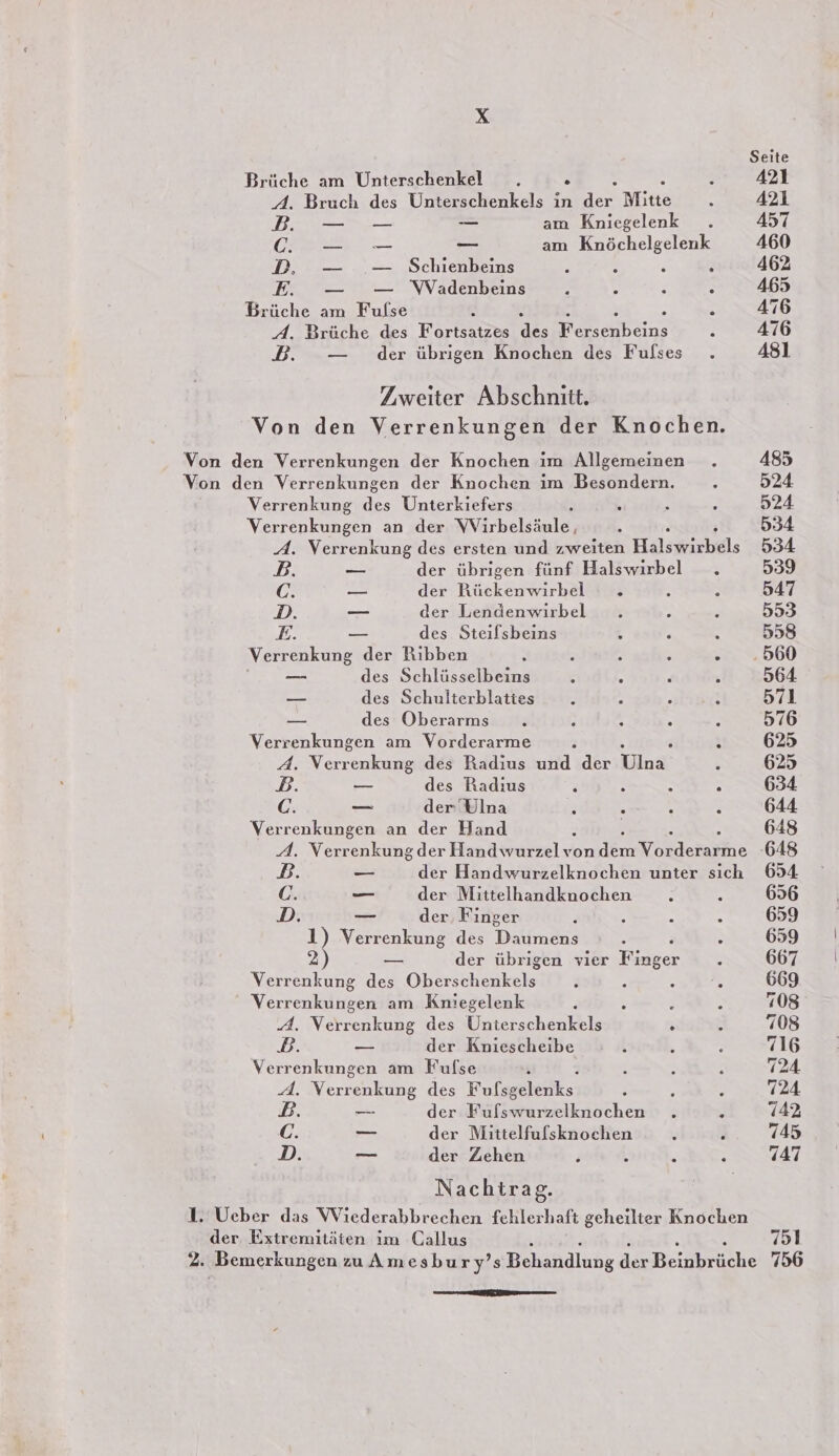 x Brüche am Unterschenkel . ° A. Bruch des Unterschenkels in der Mitte B. — — am Kniegelenk Ü. — —- — am Knöchelgelenk DE 222... Schienbeins : 5 ’ Bi rt m VVadenbeins A B Brüche am Fufse h A. Brüche des Fortsatzes Er re B. — der übrigen Knochen des Fulses Zweiter Abschnitt. Von den Verrenkungen der Knochen. Von den Verrenkungen der Knochen im Allgemeinen Von den Verrenkungen der Knochen im Besondern. Verrenkung des Unterkiefers A Verrenkungen an der WVirbelsäule, A. Verrenkung des ersten und zweiten Hilzssshele B. — der übrigen fünf Halswırbel . C. — der Rückenwirbel . r D. — der Lendenwirbel i 1% _ des Steilsbeins n Verrenkung der Rıbben == des Schlüsselbeins — des Schulterblaties =&gt; des Oberarms Verrenkungen am Vorderarme A. Ve des Radius ui der Ulna D. _ des Radius C: — der'Ulna Verrenkungen an der Hand - A. Vereenkine dern een: . B. _ der Handwurzelknochen unter sich &amp; — der Mittelhandknochen D. — der. Finger 1) Verrenkung des Damian — der übrigen vier Tester Verrenkung des Obersihenkeie, Verrenkungen am Kniegelenk e ‚A. Verrenkung des Unterschenkels B. _ der Kniescheibe Verrenkungen am Fufse d. Rn des Fulsgeleiks, B. — der Fufswurzelknochen C. — der Mittelfulsknochen } D. — der Zehen x : Nachtrag. 1. Ueber das VViederabbrechen fehlerhaft geheilter Knochen der. Extremitäten im COallus ee PIDB——
